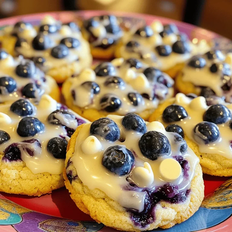 To make these tasty blueberry cheesecake cookies, gather the following main ingredients: - 1 cup unsalted butter, softened to room temperature - 1 cup cream cheese, also softened - 1 cup granulated sugar - 1/2 cup brown sugar, packed tightly - 1 large egg - 1 teaspoon pure vanilla extract - 3 cups all-purpose flour - 1 teaspoon baking powder - 1/2 teaspoon baking soda - 1/4 teaspoon fine salt - 1 cup fresh blueberries (or frozen, thawed and drained) - 1/2 cup white chocolate chips These ingredients create a rich, creamy base for your cookies. The combination of butter and cream cheese gives them a soft texture, while the sugars provide sweetness. The blueberries add a burst of flavor and color. You can enhance these cookies with a few optional ingredients: - 1/4 teaspoon lemon zest (for a fresh, citrus taste) Adding lemon zest brightens the flavor and pairs well with the blueberries. Before you start baking, gather this equipment: - Two baking sheets - Parchment paper - Large mixing bowl - Electric mixer - Measuring cups and spoons - Cookie scoop or tablespoon - Wire rack Having the right tools makes the process smoother. The parchment paper prevents sticking and helps with easy cleanup. Start by preheating your oven to 350°F (175°C). This ensures the cookies bake evenly. Next, line two baking sheets with parchment paper. This helps the cookies not stick. In a large bowl, mix the softened butter and cream cheese. Add both the granulated and brown sugars. Use an electric mixer on medium speed until the mixture is smooth. This should take about 3-4 minutes. Now, add one large egg and a teaspoon of pure vanilla extract to the bowl. Beat it well until everything is mixed. In another bowl, whisk together the flour, baking powder, baking soda, and salt. Gradually add this dry mix to the wet ingredients. Mix on low speed until just combined, so you don't overmix. Carefully fold in one cup of fresh blueberries and half a cup of white chocolate chips. If you like, add a little lemon zest for extra flavor. Gently folding keeps the blueberries whole. Use a tablespoon or cookie scoop to drop dough onto the prepared baking sheets. Space them about 2 inches apart. This gives them room to spread while baking. Put the trays in the oven and bake for 12-14 minutes. The edges should be lightly golden, and the centers should feel set when touched. Once baked, take them out and let them cool on the sheets for 5 minutes. Then, transfer the cookies to a wire rack to cool completely. For a fun touch, drizzle icing made from powdered sugar and lemon juice over the cooled cookies. Arrange them on a colorful platter to show off their beauty. Enjoy your delicious blueberry cheesecake cookies! When picking blueberries, look for firm, plump ones. They should be deep blue and shiny. Avoid any that are soft or have green spots. Fresh blueberries work best, but frozen can be used too. Just make sure to thaw and drain them well. This keeps your cookies from getting too soggy. To store your cookies, keep them in an airtight container. This keeps them soft and fresh. You can store them at room temperature for up to a week. For longer storage, place them in the fridge for up to two weeks. If you want to freeze them, wrap each cookie in plastic wrap. Place them in a freezer bag for up to three months. To reheat, pop them in the oven at 350°F for a few minutes. This will bring back the warm, soft texture. One common mistake is overmixing the dough. This can make your cookies tough. Mix just until combined. Another mistake is not spacing the cookies out on the baking sheet. If they are too close, they will stick together. Lastly, don’t skip cooling the cookies on a wire rack. This helps them keep their shape and texture. For more detailed instructions, check the Full Recipe. {{image_4}} You can make these cookies even better by adding nuts or different fruits. Walnuts and pecans add a nice crunch. Try mixing in a half-cup of chopped nuts to the dough. If you want to try other fruits, diced strawberries or raspberries work great too. Just make sure to keep the total fruit amount around one cup to maintain the cookie's texture. If you need a gluten-free option, swap regular flour for gluten-free flour. A blend that includes almond flour or coconut flour can make your cookies soft and tasty. Just keep in mind that gluten-free flours may require extra moisture. You might want to add a tablespoon of milk to the dough. This will help keep your cookies moist and chewy. For chocolate lovers, you can add cocoa powder to the mix. Use a quarter cup of cocoa powder and reduce the flour by the same amount. You can also swap white chocolate chips for dark chocolate chips. This change will give your cookies a rich flavor that pairs well with blueberries. If you want to get fancy, drizzle melted chocolate on top before serving. Try these variations to make your blueberry cheesecake cookies unique and delicious. For the full recipe, check out the [Full Recipe]. You can find delicious blueberry cheesecake cookies at local bakeries. Many bakeries make fresh cookies daily. Look for shops that focus on quality ingredients. Ask if they use real blueberries. This makes a big difference in taste. Try visiting farmers' markets, too. Some local vendors sell homemade cookies. If you prefer to shop online, many websites offer blueberry cheesecake cookies. Websites like Etsy have bakers who sell unique treats. You can also check bigger stores like Amazon. They often carry cookies from well-known brands. Read reviews to ensure you are getting a tasty product. You can find store-bought blueberry cheesecake cookies at your local grocery store. Brands like Nabisco or Entenmann's may have options. Look in the cookie aisle for pre-packaged treats. If you want to try something new, check the freezer section for gourmet brands. These cookies often taste great and save you time. If you want to make your own, check out the Full Recipe for a great way to enjoy these cookies at home. To make these cookies vegan, you can swap out a few key ingredients. Replace the butter with vegan butter or coconut oil. Use a dairy-free cream cheese to mimic the rich texture. For the egg, opt for a flax egg. Mix one tablespoon of ground flaxseed with three tablespoons of water. Let it sit for five minutes until it thickens. This will help bind your cookies without any animal products. You can also ensure that your sugar is vegan, as some brands use bone char in their processing. To keep your cookies from spreading too much, chill your dough before baking. After mixing, cover the bowl and place it in the fridge for at least 30 minutes. This firms up the butter and helps the cookies hold their shape. Also, avoid overmixing your dough. Overmixing can create more gluten, which leads to spreading. Make sure your baking sheets are not too warm when you place the dough on them. Room temperature sheets help cookies maintain their shape better. Yes! Freezing Blueberry Cheesecake Cookies is a great way to enjoy them later. To freeze, let the cookies cool completely. Place them in an airtight container, separating layers with parchment paper. You can also freeze the dough. Scoop the dough onto a baking sheet and freeze until solid. Then, transfer the dough balls to a freezer bag. When you’re ready to bake, just bake from frozen. Add a couple of extra minutes to the baking time. Enjoy fresh cookies anytime with this simple method! For the full recipe, check back to the main sections. In this post, we covered how to make blueberry cheesecake cookies. You learned about the key and optional ingredients, essential equipment, and simple steps for success. We shared tips for perfect cookies and explored fun variations. You also discovered where to buy them and answered common questions. With the right tools and knowledge, you can create delicious cookies. Enjoy baking and experimenting with flavors for your own unique treats!