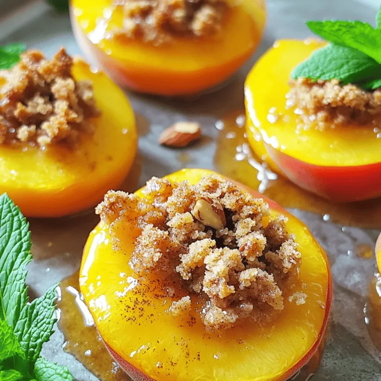 To make Easy Paleo Peach Bites, you need: - 4 ripe peaches, halved and pitted - 1 cup almond flour - 1/2 cup walnuts, finely chopped - 2 tablespoons coconut oil, melted - 1 tablespoon honey (optional for added sweetness) - 1 teaspoon ground cinnamon - A pinch of sea salt - Fresh mint leaves, for garnishing You can swap out some ingredients for different flavors. If you don't have almond flour, try using coconut flour. Just use less, as coconut flour absorbs more moisture. For the walnuts, pecans or almonds work well too. If honey isn't your sweetener of choice, maple syrup is a great alternative. You can skip it entirely if you prefer less sugar. For spices, experiment with nutmeg or ginger to mix up the flavor. Each ingredient in this recipe has its perks: - Peaches: These fruits are high in vitamins A and C, which help skin health. - Almond flour: This flour is low in carbs and high in healthy fats. It also provides protein and vitamin E. - Walnuts: These nuts are rich in omega-3 fats and good for heart health. - Coconut oil: This oil can boost energy and help with fat burning. - Honey: It can provide quick energy and has some antioxidants. - Ground cinnamon: This spice may help control blood sugar levels and adds flavor. - Sea salt: It helps balance electrolytes and adds taste to dishes. - Fresh mint leaves: These leaves add flavor and can aid digestion. These ingredients come together to create a treat that is not only delicious but also good for you! For the full recipe, check out the complete guide above. First, gather your ingredients. You will need ripe peaches, almond flour, walnuts, coconut oil, honey, cinnamon, and sea salt. Preheat your oven to 350°F (175°C). This ensures even baking. In a bowl, mix the almond flour, walnuts, melted coconut oil, honey (if used), cinnamon, and sea salt. Stir until the mix feels crumbly. Next, slice the peaches in half and remove the pits. Place the peach halves cut side up on a baking sheet lined with parchment paper. This will stop them from sticking. With a spoon, take your almond-walnut mix and pile it on each peach half. Press it down lightly so it sticks well. Now, it’s time to bake. Place the tray in the preheated oven. Bake for 15 to 20 minutes. You want the peaches soft and the topping a light golden color. Keep an eye on them to avoid burning. Once baking is done, carefully take the tray out of the oven. Let the peach bites cool for a few minutes. This helps you handle them without burning your fingers. To ensure even baking, make sure all peach halves are similar in size. This helps them cook at the same rate. Rotate the baking sheet halfway through. This allows heat to circulate evenly. If you have a convection oven, use it. It helps with even heat distribution. Enjoy the process and watch your kitchen turn into a delightful aroma. For more details, check out the Full Recipe. To find the best peaches, look for ones that feel soft but not mushy. The color should be a deep yellow or golden hue. Avoid peaches with green spots; they are not ripe. Smell the peach too. A sweet aroma is a great sign of ripeness. Always choose organic peaches when possible to ensure they are free from harmful pesticides. To get the perfect texture, pay attention to the baking time. Bake until the peaches feel tender but still hold their shape. If the topping is too dry, add a bit more coconut oil. This helps keep the mixture moist and delicious. Adding a sprinkle of water to the baking dish can also create steam, keeping the peaches juicy. One common mistake is overbaking the peaches. Keep an eye on them to ensure they do not turn mushy. Another mistake is using unripe peaches. They will not provide the sweet flavor you want. Lastly, don’t skip the mint garnish. It adds fresh flavor and brightens the dish. For a full recipe, see the section above. {{image_4}} You can switch up the nuts in your peach bites. Try pecans or hazelnuts. Both add a nice crunch. You can also use seeds like sunflower or pumpkin seeds. They provide extra nutrients and taste. Just chop them finely and mix them into the almond flour blend. This way, you keep the texture while adding new flavors. If you want to avoid honey, use maple syrup or agave nectar. Both options work well and taste great. You can also try coconut sugar for a deeper flavor. Just remember to adjust the amount. If you use a liquid sweetener, cut back on the coconut oil a bit to keep the mix right. Spices can take your peach bites to the next level. Consider adding nutmeg or ginger for warmth. You can also try cardamom for a unique twist. Just a pinch can add a lot of depth. Mix these spices into the almond flour blend for a tasty surprise. Each variation can change the whole feel of the dish. Enjoy experimenting with these ideas! To keep your peach bites fresh, store them in an airtight container. Place a piece of parchment paper between layers to avoid sticking. This method helps maintain their texture. You can store them in the fridge for up to three days. If you want to enjoy them later, consider freezing them. Freezing peach bites is simple. First, let them cool completely. Then, place them on a baking sheet in a single layer. Freeze for about two hours. After they are firm, transfer them to a freezer-safe bag. Label the bag with the date and use within three months for the best flavor. When you're ready to enjoy your frozen peach bites, preheat the oven to 350°F (175°C). Place the peach bites on a baking sheet. Bake for about 10 minutes until warm. This method keeps them soft and delicious. You can also use a microwave for a quick reheat, but the oven gives a better texture. Enjoy your tasty treat! Yes, you can use canned peaches. However, make sure they are packed in water or juice, not syrup. Drain and rinse them well. Fresh peaches taste best, but canned peaches can work in a pinch. They may be softer, so watch the baking time. Cook them just until warm to avoid mushiness. To make Paleo Peach Bites Whole30 friendly, skip the honey. You can add extra cinnamon for sweetness. Ensure your almond flour and walnuts are compliant. Read labels carefully. Whole30 focuses on whole foods, so keep it natural. This dish will still taste great without added sweeteners. Serve these peach bites warm for the best flavor. You can add a dollop of coconut yogurt on top for creaminess. Pair them with a simple green salad for a light meal. They also make a great dessert. For a fun twist, serve with dairy-free ice cream on the side. Check the full recipe for more ideas. This blog post covered the key ingredients for peach bites, including substitutions and benefits. I explained the step-by-step process for preparation and baking, plus tips for even baking. You learned how to choose ripe peaches and avoid common mistakes. I also shared variations like adding nuts and spices, along with proper storage methods. Now you have all the tools to create delicious peach bites. Enjoy experimenting and making this recipe your own!