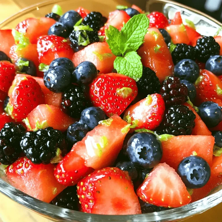 - 4 cups fresh watermelon, cubed into bite-size pieces - 1 cup ripe strawberries, hulled and sliced in half - 1 cup plump blueberries - 1 cup juicy blackberries In this salad, watermelon is the star. It gives a sweet and juicy base. Strawberries add a lovely red color and a bit of tartness. Blueberries and blackberries bring extra flavor and texture. Together, these fruits make a bright and tasty mix. - 1 tablespoon honey or agave syrup (for a vegan option) - 2 tablespoons freshly squeezed lime juice - Zest of 1 lime (for added flavor) - A handful of fresh mint leaves, torn slightly for garnish The dressing is simple but full of zest. Honey or agave syrup adds sweetness. Lime juice gives a sharp kick that balances the fruits. Lime zest adds even more flavor. Mint leaves add freshness and look great on top. - Large mixing bowl - Small bowl for dressing - Whisk You will need a large bowl for the salad. A small bowl is for mixing the dressing. A whisk helps blend the dressing smoothly. Having these tools makes the process easy and fun. For the full recipe, check out the instructions above. Enjoy making this fresh Watermelon Berry Fruit Salad with Lime Dressing! - Cubing Watermelon Start by cutting your watermelon into cubes. I like to slice it in half, then cut each half into long strips. Next, chop those strips into bite-size cubes. This shape makes it easy to eat and looks great in the bowl. - Hulling and Slicing Strawberries For the strawberries, grab a sharp knife. Remove the green tops by hulling them. After that, slice each berry in half. This gives a nice, colorful look to the salad and releases some juice. - Combining Fruits in a Bowl Take a large mixing bowl and add in your watermelon cubes, halved strawberries, blueberries, and blackberries. I love seeing all the vibrant colors come together in one bowl—it’s like a rainbow! - Tossing Techniques Use a gentle tossing motion to mix the fruits. Make sure to handle them with care; you don't want to bruise the berries. This way, every fruit piece stays whole and pretty. - Whisking Ingredients Together In a small bowl, mix together one tablespoon of honey (or agave syrup), two tablespoons of fresh lime juice, and the zest of one lime. Whisk it until the mixture is smooth and combined. This dressing adds a bright zing to your fruit salad. - Drizzling Over Fruit Now, drizzle that zesty lime dressing over your mixed fruits. Toss the salad again, but be gentle. You want every piece of fruit to get a nice coating of that tasty dressing. Enjoy this refreshing watermelon berry fruit salad! Check the Full Recipe for more details. How to Choose Watermelon To pick a good watermelon, look for a uniform shape. Check for a yellow spot on the bottom; this shows it ripened well. Tap the melon; a deep sound means it's ripe. Look for a firm skin with a matte finish. Avoid shiny skins as they may not be ripe. Picking Fresh Berries When choosing berries, look for bright colors and firm textures. Avoid mushy or shriveled ones. For strawberries, check that the green tops are fresh. Blueberries should be plump and have a powdery coating. Blackberries need to be dark and shiny. Fresh berries will make your salad pop! Adding Extra Zest To boost flavor, add more lime zest. This gives a bright taste that lifts the fruit. You can also mix in a pinch of salt. It enhances sweetness and balances the flavors. Try adding a touch of ginger for a spicy kick! Using Alternative Sweeteners If you want a different sweetener, try maple syrup or coconut sugar. These natural sweeteners add depth. They can also change the taste slightly, so adjust to your liking. Keep in mind that honey is a great option, too! Best Serving Bowls Use a clear glass bowl for serving. It shows off the bright colors of your fruits. A large bowl works well for gatherings. Smaller individual bowls add a nice touch for guests. You can even use mason jars for a fun, rustic look! Garnishing Tips with Mint Mint leaves add a fresh aroma and great color. Tear them slightly to release their oils. Scatter them on top just before serving. You can also use whole mint leaves for a striking look. This simple touch makes your salad feel special! {{image_4}} You can change the fruit in your salad. Adding kiwi or pineapple gives it a new twist. Kiwi adds a bright green color and a tangy taste. Pineapple brings sweetness and a tropical vibe. Try using seasonal fruits too! In summer, peaches or cherries work well. In fall, apples or pears can add crunch. Feel free to mix and match fruits you love for a unique flavor. The dressing is key to your salad’s taste. You can swap lime for lemon if you want a different zing. Lemon gives a fresh, bright flavor. You could also spice it up with jalapeño. Just a pinch adds heat that balances the sweetness of the fruit. Start with a small amount, then taste and adjust as needed. This will keep your dressing exciting and fresh. This salad is easy to make vegan and gluten-free. Just use agave syrup instead of honey. Make sure all your fruits are fresh and pure. They should not have any added sugars or gluten. For gluten-free serving options, serve the salad on its own or with gluten-free snacks. This way, everyone can enjoy your refreshing watermelon berry fruit salad. For the full recipe, check out the recipe section. You may have leftovers from your Watermelon Berry Fruit Salad. To store them, place the salad in an airtight container. This helps keep the salad fresh. You can keep it in the fridge for up to three days. It’s best to enjoy the salad soon after making it. Freezing fruit salad is possible, but it may change the texture. If you decide to freeze it, use a freezer-safe container. The salad can last for up to three months in the freezer. Look out for signs of spoilage like off smells or discoloration. If you see these, it’s best to toss the salad away. Do you have any overripe fruits? You can make smoothies or baked goods. Overripe bananas are great for banana bread. You can also mix leftover fruits with yogurt or oatmeal. This adds flavor and nutrients to your meals. Yes, you can prepare this salad in advance. To keep it fresh, do not add the dressing until just before serving. You can chop the fruit a few hours ahead. Store the fruit in an airtight container in the fridge. This keeps the flavors bright and the texture crisp. If you cannot find fresh berries, try using other fruits. You can use grapes, diced apples, or even peaches. These fruits add a nice sweetness. They pair well with watermelon, too. Just remember to adjust the amount for balance. Yes, this salad is quite healthy! Watermelon hydrates you with its high water content. Berries offer vitamins and fiber. They support your heart and boost your immune system. The lime dressing adds vitamin C, which is good for your skin. Enjoy this salad guilt-free! Absolutely! Adding nuts or seeds can give your salad a nice crunch. Try using chopped almonds, walnuts, or sunflower seeds. They add texture and healthy fats. Just sprinkle them on top before serving to keep them crisp. The Watermelon Berry Fruit Salad is easy to make and delicious. You learned about the key ingredients, like fresh fruits and a zesty lime dressing. We covered helpful tips for choosing ripe produce and adding fun flavors or textures. You can even mix in different fruits for variety. Don't forget to store leftovers wisely. This salad is perfect for hot days or family gatherings. Enjoy every colorful bite and feel good sharing this refreshing dish!