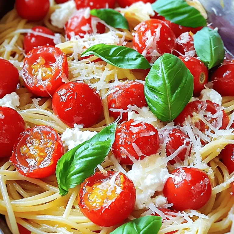 - 2 cups cherry tomatoes, halved - 8 oz pasta (spaghetti or penne) - 1 cup creamy ricotta cheese - 1/2 cup freshly grated Parmesan cheese - Salt and freshly cracked black pepper, to taste - 1 tablespoon extra-virgin olive oil - 2 garlic cloves, finely minced - 1 teaspoon dried Italian herbs (oregano, basil, and thyme) - Fresh basil leaves, for garnish When I make Roasted Tomato Ricotta Pasta, I love how simple the ingredients are. The cherry tomatoes bring a sweet burst of flavor. I often choose either spaghetti or penne. Both work perfectly with the creamy ricotta. The Parmesan adds a nice, salty touch. I always use fresh minced garlic in this recipe. It gives the dish a warm, inviting aroma. The dried Italian herbs add depth to the sauce. I recommend using good-quality olive oil for roasting the tomatoes. It helps enhance their natural sweetness. For garnishing, I like to sprinkle fresh basil leaves on top. They add a lovely green color and fresh taste. If you want to impress guests, consider adding more Parmesan on top. It makes the dish even more appealing. You can find the full recipe for this dish at the end of the article. Enjoy creating a meal that is both flavorful and easy! - Preheat your oven to 400°F (200°C). This helps the tomatoes roast well. - Take 2 cups of cherry tomatoes and cut them in half. Place them in a baking dish. - Fill a large pot with water. Bring it to a boil and add salt. - Add 8 oz of pasta, like spaghetti or penne. Cook until al dente, usually about 8-10 minutes. - Before draining the pasta, save 1/2 cup of the pasta water. - In a pan, heat a little olive oil. Add 2 minced garlic cloves. Cook for 1-2 minutes until fragrant. - Mix in 1 cup of ricotta cheese and the roasted tomatoes with their juices. Add 1/2 cup of grated Parmesan and 1 teaspoon of dried Italian herbs. Stir until smooth. - Gradually add the reserved pasta water to the sauce. This helps make it creamy. - Add the drained pasta to the sauce. Toss gently until each piece is coated. - Taste the dish. Adjust the salt and pepper if needed. For the full recipe, check out the detailed steps. Enjoy your delicious meal! To make your Roasted Tomato Ricotta Pasta shine, I recommend using fresh herbs. Fresh basil or oregano can add a bright touch. Just sprinkle them in right before serving. If you like a bit of heat, add a dash of chili flakes. It gives a nice kick without overpowering the dish. Timing is key when making this dish. Roast the tomatoes for about 20-25 minutes. They should be blistered and sweet. While the tomatoes roast, cook your pasta. It usually takes around 8-10 minutes. This way, everything will be ready at the same time. Serve this pasta with a light salad for balance. A simple arugula salad with olive oil and lemon works well. You can also pair it with garlic bread for a comforting touch. For a special finish, top with extra Parmesan cheese and fresh basil. Enjoy! {{image_4}} You can change up this dish easily. If you want a different cheese, try goat cheese or feta. These will add a unique taste to your pasta. If you prefer gluten-free options, pick pasta made from rice or corn. They work just as well as traditional pasta. Want to boost the flavor? You can add more veggies. Spinach or zucchini work great here. They make the dish colorful and healthy. You could also mix in proteins. Chicken or shrimp adds heartiness. If you want a meat-free option, chickpeas are perfect. They add protein and texture, making the meal more filling. Different regions have cool ways to twist this recipe. In Italy, adding capers or olives gives a briny taste. In the Mediterranean, you might see sun-dried tomatoes and olives mixed in. In Asian cuisine, a splash of soy sauce or sesame oil can change the flavor completely. Each region brings its own flair, making this dish fun to explore. For full details on making this dish, check out the Full Recipe. To store leftover roasted tomato ricotta pasta, let it cool first. Place it in an airtight container. Keep it in the fridge for up to three days. Make sure to cover it well to prevent drying out. Reheating is easy; just add a splash of water or olive oil to keep it moist. If you want to freeze the pasta, store it in a freezer-safe container. It can last for up to three months in the freezer. When you are ready to eat, thaw it overnight in the fridge. Reheat the pasta in a pan over low heat. Add a bit of water to help it warm up evenly. In the fridge, the roasted tomato ricotta pasta will stay fresh for about three days. In the freezer, it keeps well for around three months. Always check for any off smells or changes in texture before eating. Enjoy your delicious pasta dish at its best! Look for a few signs to know when your tomatoes are ready. They should be blistered and caramelized. Their skins will wrinkle, and they will release sweet juices. A good rule is to roast them for 20-25 minutes at 400°F (200°C). The longer they roast, the sweeter they become. Yes, you can make this dish ahead. Cook the pasta and roast the tomatoes first. Then, combine them with the sauce just before serving. If you store the pasta and sauce separately, they stay fresh longer. Just reheat the sauce gently and mix it with the pasta when ready to serve. This pasta pairs well with several sides. A simple green salad adds freshness. Garlic bread or crusty bread is great for dipping. You can also serve grilled vegetables for a healthy touch. Each side brings out the flavors in the pasta. Yes, this recipe is perfect for vegetarians. It uses no meat and features fresh veggies. You can also make it vegan by swapping the ricotta and Parmesan for plant-based cheeses. This way, everyone can enjoy a delicious meal. For the full recipe, check out the details above. This blog post shared a simple, tasty recipe for Roasted Tomato Ricotta Pasta. We covered key ingredients like cherry tomatoes, pasta, and different cheeses. You learned step-by-step instructions for cooking and made flavorful tips. Don’t forget, you can customize this dish with veggies or proteins. Also, proper storage can keep your leftovers fresh. Enjoy cooking this easy recipe and sharing it with others. Great meals can be simple and fun!