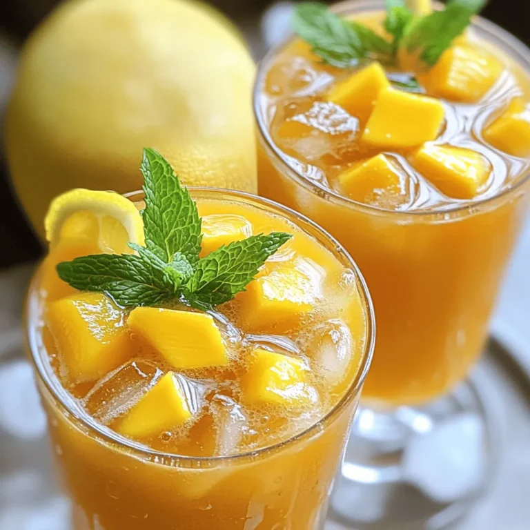- 2 ripe mangoes, peeled and diced - 1 cup freshly squeezed lemon juice (approximately 4-5 lemons) - 4 cups cold water - 1/2 cup honey or agave syrup (adjust for sweetness) - 1/4 teaspoon sea salt - Ice cubes - Fresh mint leaves and lemon slices for garnish In this recipe, ripe mangoes are key. They give the drink a rich, sweet flavor. Fresh lemon juice adds a tangy twist that balances the sweetness. I recommend using cold water for a refreshing drink. Honey or agave syrup allows you to control the sweetness level. Adding a pinch of sea salt enhances the taste and brings out the flavors. Don't forget the ice cubes! They keep your drink cool and refreshing. Lastly, fresh mint leaves and lemon slices make a beautiful garnish. They add a nice touch to your glass and make it look appetizing. For the complete recipe, check out the [Full Recipe]. To start, you need ripe mangoes. Peel and dice two mangoes. Place the diced mangoes in a blender. Add 1 cup of cold water. Blend on high until smooth and creamy. This mango puree gives your drink a rich flavor. Next, grab a large pitcher. Pour in 1 cup of freshly squeezed lemon juice. Use about 4-5 lemons for this. Add 3 cups of cold water. Mix in 1/2 cup of honey or agave syrup. Stir until everything is well combined. This mixture will be your refreshing lemonade base. Now, it’s time to combine. Gently pour the mango puree into the pitcher with the lemonade. Stir carefully until everything is mixed. You want the mango and lemonade to blend perfectly for a smooth taste. Take a moment to taste your mixture. If it’s too sweet, add more lemon juice. If you want it sweeter, mix in more honey or agave. Don't forget the salt! Stir in 1/4 teaspoon of sea salt to balance the flavors. Adjust until it tastes just right for you. It’s almost time to serve! Fill your glasses with ice cubes. Carefully pour the mango lemonade over the ice. Each glass should be full of that bright, fruity goodness. For a nice touch, garnish with fresh mint leaves and a lemon slice on the rim. This makes your drink look inviting and fresh. For the full recipe, check out the detailed steps above! To make your mango lemonade sweet, you can adjust the honey or agave syrup. Start with the half cup stated in the recipe. After mixing, taste it. If it’s not sweet enough, add more sweetener a little at a time. This way, you control the flavor. Remember, mangoes also add some natural sweetness. So, your lemonade may not need much more. Want to add some extra flavor? Fresh herbs like mint or basil work great. Just chop them up finely and mix them into the lemonade. You can also try adding a pinch of ginger or a dash of cinnamon. These spices bring a new twist to your drink. They can brighten the mango's flavor and make it even more refreshing. Mango lemonade pairs well with light snacks. Think about serving it with fresh fruit or a light salad. It also goes perfectly with grilled chicken or fish. For a fun twist, try it with spicy tacos. The sweet and tangy lemonade cools down the heat. Serve it over ice for a refreshing treat. Enjoy the colorful look with mint and lemon slices on top, making your table even more inviting. {{image_4}} You can make mango lemonade even better by adding other fruits. Try mixing in fresh berries like strawberries or blueberries. Pineapple also works great. These fruits add extra color and fun flavors. To do this, simply blend the fruits with the mango before mixing with the lemonade. Each fruit brings its own unique taste, making your drink more exciting. Want to spice things up? You can turn mango lemonade into a fun adult drink. Add rum or vodka for a spiked version. Use about 1 to 2 ounces of your favorite spirit per glass. This addition gives the drink a kick, perfect for parties or summer gatherings. Just remember to drink responsibly! Get creative by using flavored teas or herbal infusions in your mango lemonade. You can brew a light green tea or a refreshing mint tea. Once it cools, mix it into your lemonade base. This adds a whole new layer of flavor. You can even try herbal infusions like chamomile for a soothing twist. Explore these options to find your favorite mix. The full recipe will guide you through making this delightful drink. To keep your mango lemonade fresh, store it in an airtight container. A glass jar or a pitcher works well. Make sure to seal it tightly to prevent any odors from the fridge from mixing in. Always place it in the coldest part of the fridge, usually towards the back. This helps keep it cool and refreshing. Your mango lemonade will stay fresh for about 3 to 5 days. After that, the flavors may start to fade. If it starts to taste less vibrant, you might want to add a little more lemon juice or honey to revive it. Always check for any changes in smell or color before drinking. If you want to save some for later, freezing is a great option. Pour the mango lemonade into ice cube trays or freezer-safe bags. Leave a little space at the top, as liquids expand when frozen. When you want to enjoy it again, just thaw it in the fridge overnight. You can also blend the frozen cubes into smoothies for an instant fruity treat. For the full recipe, check out the [Full Recipe]. Mango lemonade is packed with vitamins. Mangoes are rich in vitamin C, which helps boost your immune system. They also contain vitamin A, good for your eyes and skin. The lemon juice adds more vitamin C and antioxidants. Together, they help you stay hydrated and healthy. Drinking mango lemonade can also support digestion due to its natural enzymes. Yes, you can use frozen mangoes! They make a great substitute. When you use frozen mango, it still blends well into a smooth puree. You do not need to thaw them first. Just add them to the blender with some water and blend until smooth. This makes it easy for you to enjoy mango lemonade anytime, even when fresh mangoes aren't available. To make your mango lemonade less tart, add more sweetness. You can increase the honey or agave syrup. Start with a little, then taste and add more if needed. If it’s still too sour, you can add more mango puree. A pinch of salt can also help balance the flavors. This way, you will enjoy a sweeter, more balanced drink. This mango lemonade recipe is sure to refresh you. We covered the ingredients, step-by-step instructions, and variations to try. Don't forget to adjust sweetness and explore fun combos. You can enjoy this drink fresh or store it for later. Whether you sip it by itself or with snacks, it's a bright treat. I hope you’re excited to make this delicious drink and share it with others!