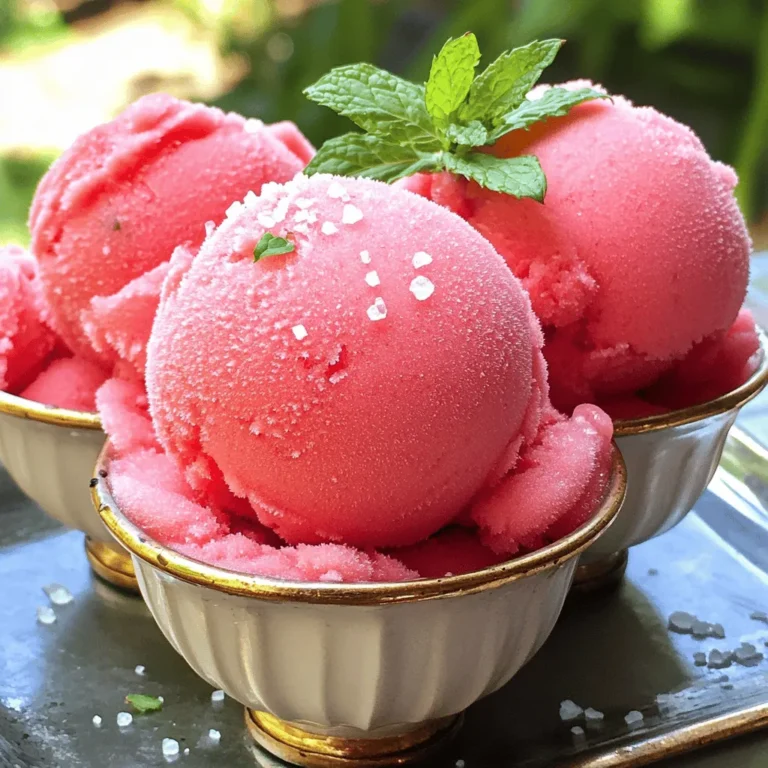 - 4 cups frozen seedless watermelon cubes - 2 tablespoons honey or agave syrup - Juice of 1 lime - Pinch of sea salt - Optional garnishes: fresh mint leaves The main star of this quick watermelon sorbet is the frozen seedless watermelon. You want to make sure to cut it into small cubes before freezing. This helps it blend smoothly later on. Use ripe, sweet watermelon for the best flavor. Next, add two tablespoons of honey or agave syrup. This sweetener will enhance the natural sweetness of the watermelon. You can adjust the amount based on your taste. If you like it sweeter, add a bit more! Then, squeeze the juice of one lime. Lime adds a bright zing that makes the sorbet refreshing. A pinch of sea salt will balance the sweetness and enhance all the flavors. Lastly, if you want to be extra fancy, fresh mint leaves work great as a garnish. They add a pop of color and a hint of freshness. Remember, the full recipe gives you all the steps to create this summer delight! To start, cut your seedless watermelon into small cubes. Aim for pieces about one inch. Next, lay those cubes out on a baking sheet. Spread them evenly to help them freeze fast. Pop the baking sheet in the freezer for at least four hours. You want the watermelon to freeze solid. After the watermelon freezes, it’s time to blend. Put the frozen cubes into a high-powered blender. Add the flavor enhancers: honey or agave syrup, lime juice, and a pinch of sea salt. The lime juice adds a zing, and the salt lifts the flavor. Blend on high until you get a smooth and creamy mix. If needed, stop and scrape the sides of the blender. Next, taste your sorbet. Is it sweet enough? If not, add more honey or lime juice. Blend again to mix in any extras. Now, transfer the smooth sorbet into an airtight container. Spread it out evenly for better freezing. Place the container back in the freezer for 1 to 2 hours. This step helps the sorbet firm up to the perfect texture. For the full recipe, check our detailed instructions! Finding the right sweetness is key for your sorbet. Start with 2 tablespoons of honey or agave syrup. Blend this with the juice of one lime. The lime adds a nice zing and balances the sweet taste of the watermelon. After blending, taste your sorbet. If you want it sweeter, add a little more honey. Blend again to mix it well. This way, you control the sweetness to fit your taste. A creamy sorbet is a joy to eat. To make your watermelon sorbet creamier, blend the ingredients long enough. This ensures a smooth texture. If it's too icy, try adding a little more honey or lime juice. Another tip is to let the frozen watermelon sit for a few minutes before blending. It makes it easier to blend and gives a softer texture. Serve your watermelon sorbet in fun ways! Use hollowed watermelon halves for a cute bowl. This not only looks great but also adds more watermelon flavor. You can also pair the sorbet with colorful fruit skewers. For a pop of color, add fresh mint leaves on top. This makes your dish look beautiful and inviting. Enjoy serving this refreshing treat at your summer parties! {{image_4}} You can make this sorbet even more fun! Adding other fruits like strawberries works great. Just blend them in with the frozen watermelon. You can also toss in some fresh mint leaves. Mint adds a cool taste that goes well with watermelon. Sweeteners are another way to change the flavor. You can use honey or agave syrup. If you want something less sweet, try using mashed bananas. Each sweetener gives a different taste, so experiment to find what you like best. If you want to make this sorbet vegan, it’s easy! Just skip the honey and use agave syrup or maple syrup instead. These options are plant-based and still sweet. To make it low-sugar, use ripe bananas or stevia. These will cut down on sugar while keeping the taste yummy. You can adjust the sweetness to fit your diet. Remember, it is all about enjoying your treat while staying healthy! For the full recipe, check out the details listed above. Enjoy your creative sorbet journey! Choose an airtight container for your sorbet. I like using plastic containers or glass jars. These keep out air and moisture, which can spoil your treat. Make sure the lid fits tightly. Avoid using containers that are too big. If there is extra space, ice crystals can form and ruin the texture. You can store the sorbet in the freezer for up to three months. After that, it may lose flavor and texture. For best results, eat it within one month. The sooner you enjoy it, the better it tastes. Check for icy crystals on the top of your sorbet. If you see them, the texture may change. Also, sniff the sorbet. If it smells off or strange, it is best to throw it away. If you scoop some out and it feels hard or grainy, it may have gone bad. Trust your senses! You can still make sorbet without a blender! Start by mashing your frozen watermelon cubes with a fork. Break them down until they are small and fluffy. Next, mix in honey, lime juice, and a pinch of sea salt. Stir well until all ingredients blend nicely. This method takes longer but can work. It will not be as smooth as using a blender. However, it will still taste great! Using fresh watermelon is possible, but it will change the texture. You need to freeze fresh watermelon cubes first. Cut the watermelon into cubes and spread them on a baking sheet. Freeze them for at least 4 hours until solid. This gives your sorbet a nice, icy texture. If you skip this step, your sorbet may come out too soft. Freezing watermelon cubes takes about 4 hours. To ensure they freeze well, spread them evenly on a baking sheet. This helps them freeze faster and avoids clumping. Check to see if they are solid before blending. For the best results, you can freeze them overnight. This way, you will always have frozen watermelon ready for sorbet. In this post, we covered how to make a refreshing watermelon sorbet with just a few ingredients. We explored each step, from prepping frozen watermelon cubes to blending and freezing the mixture. Tips for improving texture and sweetness help you make it perfect. We also shared variations and storage tips for long-lasting enjoyment. Now you’re ready to create this delicious treat at home. Enjoy the process and the tasty results!