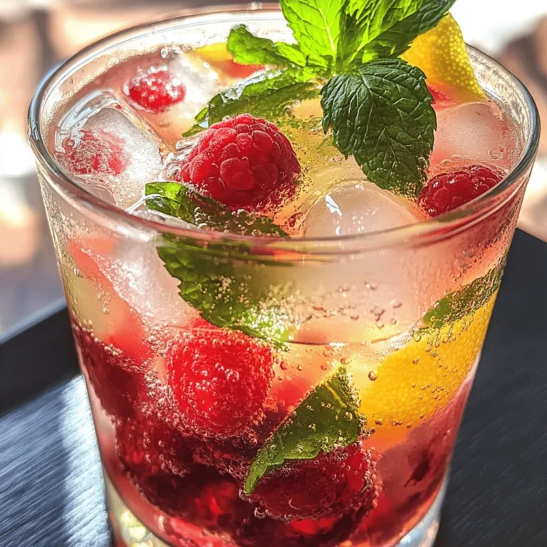 - 1 cup fresh raspberries - 1 tablespoon freshly grated ginger - 2 tablespoons honey or agave syrup - Juice of 1 lemon - 1 cup sparkling water - Ice cubes - Fresh mint leaves for garnish The main ingredients are simple but full of flavor. Fresh raspberries are sweet and tart. They give the drink a vibrant color. Ginger adds a spicy kick. It warms up the taste. Honey or agave syrup sweetens the drink. You can adjust this based on how sweet you like it. The lemon juice adds a bright, zesty note. When you mix these flavors, you create a refreshing drink. Sparkling water gives the drink fizz and makes it light. The ice cubes keep it cold and refreshing. Finally, fresh mint leaves add a pop of color and aroma. - Additional sweeteners (stevia, maple syrup) - Flavored sparkling water variations If you want to change the taste, you can add more sweeteners. Stevia or maple syrup are good choices. They can help if you want a different sweetness level. You can also use flavored sparkling water. This adds another layer of taste. Think about lemon, lime, or berry flavors. These options make your Raspberry Ginger Fizz Mocktail even more fun. You can find the full recipe in the article to help you make this delightful drink! 1. Start with 1 cup of fresh raspberries. Place them in a medium bowl. 2. Take a fork or muddler. Mash the raspberries until you see juice. This makes a thick puree. 3. Add 1 tablespoon of freshly grated ginger to the bowl. 4. Next, stir in 2 tablespoons of honey or agave syrup. Mix well so everything blends. 5. Squeeze the juice of 1 lemon into the mixture. This adds a nice zing. 1. Grab two glasses. Fill each glass halfway with ice cubes. 2. Pour the raspberry-ginger mixture over the ice. Fill each glass about two-thirds full. 3. Carefully top the glasses with 1 cup of sparkling water. Pour gently to keep the fizz. 4. Use a spoon to stir lightly, combining the drink without losing bubbles. 1. Garnish each mocktail with fresh mint leaves. This adds a nice look and aroma. 2. Serve immediately to enjoy the cool, refreshing taste. Display in colorful glasses for added fun. For the full recipe, be sure to check the details above. To make the best Raspberry Ginger Fizz Mocktail, start with the sweetness. Use honey or agave syrup to sweeten your drink. You can taste the raspberry mix as you add the sweetener. Adjust it until it suits your taste. If you want it sweeter, add more. If you want it less sweet, use less. Next, focus on the fizz. When you pour the sparkling water, do it slowly. This keeps the bubbles nice and lively. If you stir too hard, you lose the fizz. Just a light stir will mix the flavors while keeping the bubbles intact. A pretty drink looks better. Use decorative glasses to impress your guests. Clear glasses show off the bright red color of the raspberries, which is very inviting. You can also add garnishes. Fresh mint leaves give a nice touch and a hint of green. Serve your mocktail cold. Ice cubes keep it refreshing. Pair this drink with light snacks, like cheese or fruit. This drink is great for warm days or parties. {{image_4}} You can change up the flavors in your Raspberry Ginger Fizz Mocktail. Adding other fruits makes it fun! Try mixing in blueberries for a sweet twist. You can also use lemon for a zesty kick. Just squeeze in some lemon juice or add lemon slices. These fruits pair well with the ginger and raspberries. Infusing herbs can also boost the taste. Basil gives a sweet and savory note. Rosemary adds a nice, earthy flavor. Just add a few leaves when mixing your drink. The herbs will change the mocktail into something new and exciting! Experiment with different toppings to make your drink unique. Flavored sparkling waters can add a fun twist. Try using lemon-lime or berry-flavored sparkling water. This will enhance the fruity taste of the drink. You can also add a splash of fruit juice. Orange juice or pineapple juice can make the mocktail sweeter. Mixing in a bit of soda can add fizz and flavor. Just pour it on top before you serve. These changes will make your Raspberry Ginger Fizz Mocktail even more enjoyable. For the full recipe, check the section above. After making your Raspberry Ginger Fizz Mocktail, store any leftovers in the fridge. Use an airtight container to keep it fresh. The mocktail stays good for up to two days. Keep in mind that the fizz may fade. If you want to enjoy it bubbly, prepare fresh sparkling water to mix in when serving. You can make the raspberry-ginger puree ahead of time. Just follow the steps in the Full Recipe to mash the raspberries and mix with ginger and sweetener. Store this puree in the fridge for up to three days. When you're ready to serve, mix the puree with sparkling water and ice. This makes it easy to whip up a refreshing drink in no time! If you don't have fresh ginger, try using ginger syrup. It gives a similar taste. You can also skip the ginger altogether for a different twist. The drink will still taste great without it. Just remember, it may change the overall flavor. Yes, you can easily scale up this recipe. Just multiply each ingredient by the number of servings you want. Mix the raspberry puree in a larger bowl. Use a big pitcher to combine everything. This way, you can serve more friends at your next gathering. Absolutely! If you want a less sweet drink, cut back on honey or agave. You can also add a touch more lemon juice. This will add tartness and balance the sweetness. Try using sparkling water with no added sugar for a lighter taste. This blog post shared a delightful raspberry-ginger mocktail recipe. We covered main ingredients, preparation steps, and tips to perfect your drink. I suggested fun variations, how to store leftovers, and answers for common questions. You can easily customize this mocktail to suit your taste. Whether for a party or a treat, it’s a refreshing option. Enjoy making and sharing this healthy drink!