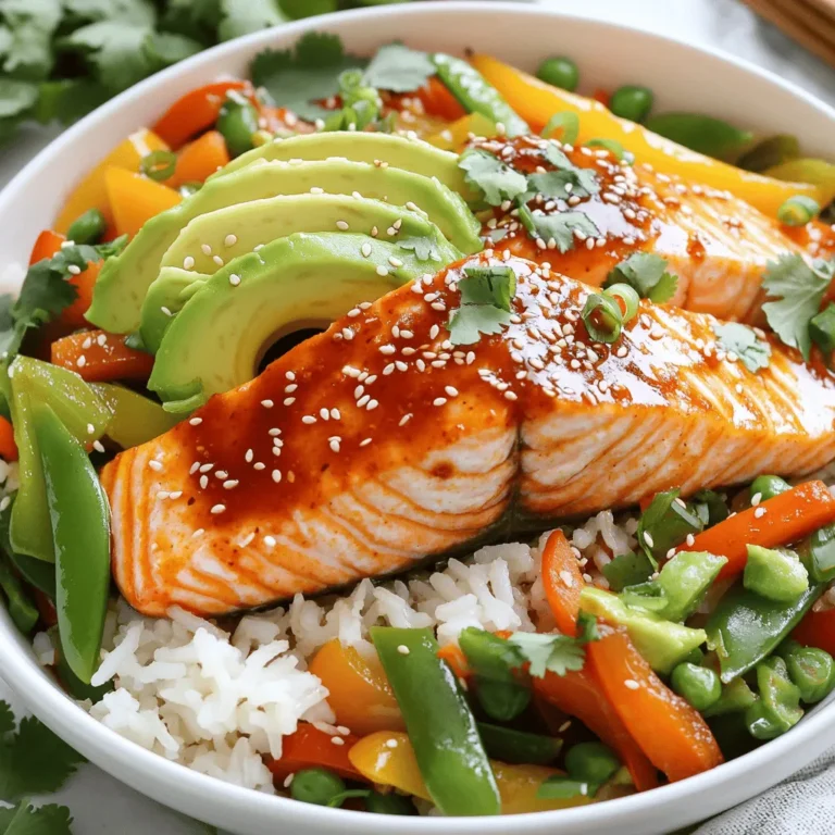 - Salmon fillets - Sweet chili sauce - Jasmine rice - Mixed vegetables - Soy sauce - Sesame oil - Avocado - Green onions - Sesame seeds - Fresh cilantro (optional) - Baking sheet - Mixing bowl - Medium pot - Non-stick skillet In this Sweet Chili Salmon Bowl, you need fresh salmon fillets as the star. The sweet chili sauce adds a rich flavor that pairs well with the fish. Jasmine rice provides a soft base. Mixed vegetables add color and crunch to the bowl. For added flavor, include soy sauce and sesame oil. Sliced avocado gives a creamy touch. Green onions and sesame seeds serve as tasty garnishes. If you want, sprinkle fresh cilantro for a pop of freshness. To prepare this dish, you will need a few kitchen tools. Use a baking sheet to cook the salmon. A mixing bowl helps combine the marinade. Cook the rice in a medium pot. Lastly, a non-stick skillet is perfect for sautéing the vegetables. You can find the [Full Recipe] to follow these steps easily! With these ingredients and tools, you are set for a delicious meal. - Combine sweet chili sauce, soy sauce, and sesame oil in a bowl. - Place salmon fillets in the bowl and marinate for 15 minutes. Marinating the salmon gives it a rich flavor. The sweet chili sauce adds a nice sweetness. The soy sauce brings some saltiness, while sesame oil adds a nutty taste. This step is key for a tasty salmon bowl. - Bring vegetable broth or water to a boil in a pot. - Add jasmine rice and let it simmer until fluffy. Using vegetable broth adds extra flavor to the rice. Jasmine rice is fragrant and pairs well with the salmon. Once cooked, it should be light and fluffy. - Sauté mixed vegetables in a non-stick skillet. - Cook until they are tender yet crisp. I like to use bell peppers, snap peas, and carrots. These veggies add color and crunch. Sautéing keeps them bright and fresh, which balances the dish. - Preheat the oven to 400°F (200°C). - Bake marinated salmon for 12-15 minutes. Baking the salmon helps it stay moist. It should flake easily with a fork when done. This cooking method keeps the flavors intact. - Fluff the cooked rice and distribute it into bowls. - Top with vegetables, salmon, and avocado slices. Assembling the bowl is fun and creative. You can layer the ingredients however you prefer. The avocado adds creaminess, making every bite delicious. - Sprinkle green onions and sesame seeds on top. - Drizzle remaining marinade if desired. Adding garnishes makes the dish look pretty. Green onions bring a mild onion flavor, while sesame seeds add crunch. The extra marinade enhances the taste, so don’t skip this step! For the complete recipe, check out the Full Recipe. To get the best salmon, focus on the cooking temperature. Aim for 400°F (200°C) when baking. This heat cooks the fish evenly. It keeps the salmon moist and tender. Use a thermometer to check the internal temperature. It should reach 145°F (63°C) for safe eating. Next, look for flakiness to know when it is done. Gently press the salmon with a fork. If it flakes easily, it is ready. Don't overcook it, as this can make the salmon dry. To boost the taste, try different sauces. You can use teriyaki or garlic sauce instead of sweet chili. Each sauce adds a new twist to the dish. Also, add spices to the vegetables before sautéing. A pinch of garlic powder or ginger can elevate the flavor. This simple step makes your veggies pop. Pair your bowl with side salads or crispy wontons for crunch. This adds a nice texture balance. You can also serve it with extra avocado for creaminess. The creamy avocado complements the salmon well. It makes each bite even better. Feel free to explore the [Full Recipe] for more tips and ideas! {{image_4}} You can swap the salmon for chicken or tofu. Chicken works well with the sweet chili sauce. Marinate it just like you do the salmon. Tofu absorbs flavors nicely, making it a great option, too. You can also try different fish like trout or tilapia. Each fish will give your bowl a unique taste. Seasonal vegetables can really change your bowl. Think fresh corn in summer or pumpkin in fall. You can also add leafy greens like spinach or kale. Broccoli offers a nice crunch and pairs well with the sauce. Mix and match to keep it exciting! Want more kick? Try a spicy chili sauce instead of sweet chili sauce. This will give your bowl a bold flavor. You can also add citrus zest, like lime or lemon, for a fresh twist. These small changes can make a big difference in taste. For the full recipe, check out the details above! After you enjoy your Sweet Chili Salmon Bowl, store any leftovers in airtight containers. This keeps the food fresh and tasty. Place the containers in the fridge. Your meal will stay good for 2-3 days. Make sure to cool the food first before sealing it up. If you want to save your meal for longer, freezing is a great option. Freeze the cooked salmon separately to keep its quality. Salmon can lose its texture if frozen with rice and veggies. Store your rice and mixed vegetables in separate containers. This way, they stay fresh and tasty when you thaw them. When you're ready to eat, reheating is easy. You can use the microwave or stovetop for quick reheating. Just be careful not to overcook the salmon. Overcooking can make it dry and tough. Heat it gently to keep the flavor and texture intact. Enjoy your delicious meal again! Yes, you can prepare the ingredients in advance. Store each item separately in the fridge. This way, you save time when you are ready to cook. Just mix and heat everything when you want to eat. If you want a change, you can substitute jasmine rice with brown rice or quinoa. Both options are healthy and add a nice flavor. Quinoa is a great choice if you want extra protein. Absolutely! You can make this bowl spicy by adding fresh chili peppers or a dash of hot sauce. Adjust the heat to your liking. This adds a fun kick to the dish. To make the Sweet Chili Salmon Bowl healthier, reduce the amount of sauce you use. You can also add more veggies, like leafy greens or broccoli. This boosts nutrition and flavor. Yes, this bowl can be enjoyed cold too! It makes a refreshing salad dish. Just let it cool before serving. Enjoy it as a light meal on a warm day. For the full recipe, check out the detailed steps above. This guide showed how to make a tasty salmon bowl using sweet chili sauce and veggies. You learned about the key ingredients, tools, and steps. Remember, marinating the salmon and choosing the right veggies can boost flavor. Feel free to experiment with proteins and spices. Finally, you can store leftovers for quick meals later. Enjoy making this dish your own!
