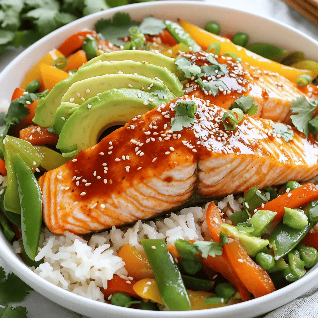 - Salmon fillets - Sweet chili sauce - Jasmine rice - Mixed vegetables - Soy sauce - Sesame oil - Avocado - Green onions - Sesame seeds - Fresh cilantro (optional) - Baking sheet - Mixing bowl - Medium pot - Non-stick skillet In this Sweet Chili Salmon Bowl, you need fresh salmon fillets as the star. The sweet chili sauce adds a rich flavor that pairs well with the fish. Jasmine rice provides a soft base. Mixed vegetables add color and crunch to the bowl. For added flavor, include soy sauce and sesame oil. Sliced avocado gives a creamy touch. Green onions and sesame seeds serve as tasty garnishes. If you want, sprinkle fresh cilantro for a pop of freshness. To prepare this dish, you will need a few kitchen tools. Use a baking sheet to cook the salmon. A mixing bowl helps combine the marinade. Cook the rice in a medium pot. Lastly, a non-stick skillet is perfect for sautéing the vegetables. You can find the [Full Recipe] to follow these steps easily! With these ingredients and tools, you are set for a delicious meal. - Combine sweet chili sauce, soy sauce, and sesame oil in a bowl. - Place salmon fillets in the bowl and marinate for 15 minutes. Marinating the salmon gives it a rich flavor. The sweet chili sauce adds a nice sweetness. The soy sauce brings some saltiness, while sesame oil adds a nutty taste. This step is key for a tasty salmon bowl. - Bring vegetable broth or water to a boil in a pot. - Add jasmine rice and let it simmer until fluffy. Using vegetable broth adds extra flavor to the rice. Jasmine rice is fragrant and pairs well with the salmon. Once cooked, it should be light and fluffy. - Sauté mixed vegetables in a non-stick skillet. - Cook until they are tender yet crisp. I like to use bell peppers, snap peas, and carrots. These veggies add color and crunch. Sautéing keeps them bright and fresh, which balances the dish. - Preheat the oven to 400°F (200°C). - Bake marinated salmon for 12-15 minutes. Baking the salmon helps it stay moist. It should flake easily with a fork when done. This cooking method keeps the flavors intact. - Fluff the cooked rice and distribute it into bowls. - Top with vegetables, salmon, and avocado slices. Assembling the bowl is fun and creative. You can layer the ingredients however you prefer. The avocado adds creaminess, making every bite delicious. - Sprinkle green onions and sesame seeds on top. - Drizzle remaining marinade if desired. Adding garnishes makes the dish look pretty. Green onions bring a mild onion flavor, while sesame seeds add crunch. The extra marinade enhances the taste, so don’t skip this step! For the complete recipe, check out the Full Recipe. To get the best salmon, focus on the cooking temperature. Aim for 400°F (200°C) when baking. This heat cooks the fish evenly. It keeps the salmon moist and tender. Use a thermometer to check the internal temperature. It should reach 145°F (63°C) for safe eating. Next, look for flakiness to know when it is done. Gently press the salmon with a fork. If it flakes easily, it is ready. Don't overcook it, as this can make the salmon dry. To boost the taste, try different sauces. You can use teriyaki or garlic sauce instead of sweet chili. Each sauce adds a new twist to the dish. Also, add spices to the vegetables before sautéing. A pinch of garlic powder or ginger can elevate the flavor. This simple step makes your veggies pop. Pair your bowl with side salads or crispy wontons for crunch. This adds a nice texture balance. You can also serve it with extra avocado for creaminess. The creamy avocado complements the salmon well. It makes each bite even better. Feel free to explore the [Full Recipe] for more tips and ideas! {{image_4}} You can swap the salmon for chicken or tofu. Chicken works well with the sweet chili sauce. Marinate it just like you do the salmon. Tofu absorbs flavors nicely, making it a great option, too. You can also try different fish like trout or tilapia. Each fish will give your bowl a unique taste. Seasonal vegetables can really change your bowl. Think fresh corn in summer or pumpkin in fall. You can also add leafy greens like spinach or kale. Broccoli offers a nice crunch and pairs well with the sauce. Mix and match to keep it exciting! Want more kick? Try a spicy chili sauce instead of sweet chili sauce. This will give your bowl a bold flavor. You can also add citrus zest, like lime or lemon, for a fresh twist. These small changes can make a big difference in taste. For the full recipe, check out the details above! After you enjoy your Sweet Chili Salmon Bowl, store any leftovers in airtight containers. This keeps the food fresh and tasty. Place the containers in the fridge. Your meal will stay good for 2-3 days. Make sure to cool the food first before sealing it up. If you want to save your meal for longer, freezing is a great option. Freeze the cooked salmon separately to keep its quality. Salmon can lose its texture if frozen with rice and veggies. Store your rice and mixed vegetables in separate containers. This way, they stay fresh and tasty when you thaw them. When you're ready to eat, reheating is easy. You can use the microwave or stovetop for quick reheating. Just be careful not to overcook the salmon. Overcooking can make it dry and tough. Heat it gently to keep the flavor and texture intact. Enjoy your delicious meal again! Yes, you can prepare the ingredients in advance. Store each item separately in the fridge. This way, you save time when you are ready to cook. Just mix and heat everything when you want to eat. If you want a change, you can substitute jasmine rice with brown rice or quinoa. Both options are healthy and add a nice flavor. Quinoa is a great choice if you want extra protein. Absolutely! You can make this bowl spicy by adding fresh chili peppers or a dash of hot sauce. Adjust the heat to your liking. This adds a fun kick to the dish. To make the Sweet Chili Salmon Bowl healthier, reduce the amount of sauce you use. You can also add more veggies, like leafy greens or broccoli. This boosts nutrition and flavor. Yes, this bowl can be enjoyed cold too! It makes a refreshing salad dish. Just let it cool before serving. Enjoy it as a light meal on a warm day. For the full recipe, check out the detailed steps above. This guide showed how to make a tasty salmon bowl using sweet chili sauce and veggies. You learned about the key ingredients, tools, and steps. Remember, marinating the salmon and choosing the right veggies can boost flavor. Feel free to experiment with proteins and spices. Finally, you can store leftovers for quick meals later. Enjoy making this dish your own!