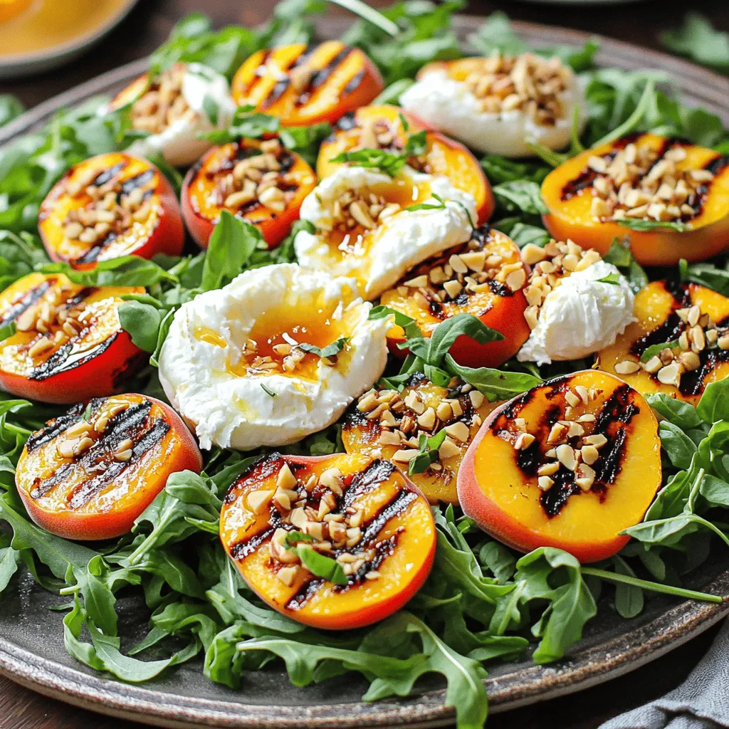 - Ripe peaches - Creamy burrata cheese - Fresh arugula - Extra virgin olive oil - Honey - Apple cider vinegar - Dijon mustard - Sea salt - Freshly cracked black pepper - Red pepper flakes The key to this grilled peach burrata salad is the freshness of your ingredients. Start with ripe peaches. Look for peaches that yield slightly when you press them. These will be sweet and juicy. Next, you need creamy burrata cheese. Burrata adds a rich, creamy texture that pairs well with the sweet peaches. Fresh arugula is a must for this dish. It adds a peppery bite and balances the sweetness of the peaches. You'll also need some pantry staples. Extra virgin olive oil elevates the flavor of the salad. Honey pairs beautifully with the grilled peaches, adding a touch of sweetness. Apple cider vinegar gives the dressing a nice tang. Dijon mustard adds depth to the vinaigrette. Don’t forget the seasonings. Sea salt enhances all the flavors, while freshly cracked black pepper adds some kick. Red pepper flakes give the vinaigrette a warm, spicy note that surprises the palate. For this recipe, I recommend using the Full Recipe to guide you through the process. Enjoy your cooking! 1. Preheat your grill to medium heat. This helps the peaches cook evenly. 2. Brush the cut sides of the peach halves with olive oil. Season them with sea salt and freshly cracked black pepper. 1. Place the peaches cut-side down on the grill. Grill for about 3-4 minutes. You want nice grill marks. 2. Remove the peaches from the grill and let them cool before handling. This makes them easier to slice. 1. In a mixing bowl, whisk together honey, apple cider vinegar, Dijon mustard, and red pepper flakes. This will add a sweet and spicy kick. 2. Slowly drizzle in the remaining olive oil while whisking. This helps emulsify the vinaigrette. 3. Season the vinaigrette to taste with sea salt and freshly cracked black pepper. Adjust the flavors to your liking. For the full recipe, be sure to check out the complete details above. Enjoy the magic of grilled peaches with creamy burrata and that hot honey zing! To grill peaches well, set your grill to medium heat. This temperature helps the peaches cook evenly. You want to see nice grill marks, which give the dish a fun look. Brush the peaches with olive oil before grilling. This step prevents sticking and adds flavor. For those perfect grill marks, place the peaches cut-side down directly on the grill. Grill them for about 3-4 minutes. Don’t move them around too much. When you see the marks, it’s time to flip. You can change the heat level of the vinaigrette with red pepper flakes. If you like it spicy, add more flakes. For a milder taste, use less. This lets you control the flavor and makes it your own. If you want to swap honey, consider maple syrup or agave nectar. Both add sweetness, but give a different twist to the dressing. Just keep in mind that these will change the flavor slightly. For a beautiful presentation, serve the salad on a large platter. This makes it look fancy and inviting. You can also use individual plates. Drizzle any leftover vinaigrette on top of the burrata. This adds extra flavor and a nice touch. Pair the salad with a light drink like white wine or sparkling water. These drinks complement the salad's flavors well. Enjoying this dish with the right drink makes it even better. For the full recipe, check the section above. {{image_4}} If you want a twist, try different cheeses. Creamy ricotta or goat cheese can replace burrata. Both bring unique flavors and textures. For nuts, swap almonds with walnuts or pecans. They add a nice crunch. You can even use sunflower seeds for a nut-free option. Want to make it heartier? Grilled chicken or shrimp works great here. Simply season and grill them alongside the peaches. For a vegetarian dish, add chickpeas or grilled tofu. These options keep the salad filling and delicious. This salad shines with fresh fruits. In summer, peaches are perfect. In fall, try apples or pears. They add a crisp bite. For winter, consider roasted citrus like oranges. You can adapt this recipe to fit any season and keep it fresh. To keep your grilled peach burrata salad fresh, store it in an airtight container. Place any leftover salad in the fridge. It will stay good for about two days. The key is to keep the dressing separate until you're ready to eat. This helps maintain the salad's crispness. Can you freeze grilled peaches? Yes, you can freeze grilled peaches! First, let them cool completely. Then, place them in a freezer bag, removing as much air as possible. You can use them later in smoothies or desserts. When you're ready to use them, thaw them in the fridge overnight. Avoid microwaving them, as this may change their texture. Reheating burrata and grilled peaches can be tricky. I recommend gently warming them in a pan over low heat. This step helps keep their flavor and texture intact. For the best results, only reheat what you plan to eat. The burrata will lose its creaminess if heated too long. Enjoy your salad fresh for the best taste! For the full recipe, check out the details above. If you can't find burrata, try these options: - Fresh mozzarella - Ricotta cheese - Goat cheese - Feta cheese Each gives a unique taste and texture. Fresh mozzarella will be closest in creaminess. Ricotta brings a nice fluffiness. Feta adds a salty kick. Yes, you can make it vegan! Use these swaps: - Replace burrata with vegan cheese or avocado. - Swap honey for agave syrup or maple syrup. - Use a plant-based yogurt for creaminess. These changes keep the salad tasty while meeting vegan needs. You can store the hot honey vinaigrette for up to one week. - Keep it in a sealed jar in the fridge. - Stir or shake before using. This helps keep the flavors fresh and strong. You can prep parts of the salad ahead of time: - Grill and cool peaches a day before. - Make the vinaigrette and store it. - Assemble just before serving for best taste. Assembling right before keeps the greens crisp and fresh. For the full recipe, check out the details in the article. This blog post shared how to create a delicious grilled peach burrata salad. We covered the fresh and pantry ingredients needed, step-by-step grilling methods, and tips for perfect results. By exploring ingredient swaps and storage tips, you can customize this dish for any occasion. Remember, you can make this salad your own with different fruits and proteins. Use these ideas to impress your guests or enjoy a healthy meal at home. Now, grab those peaches and start grilling!