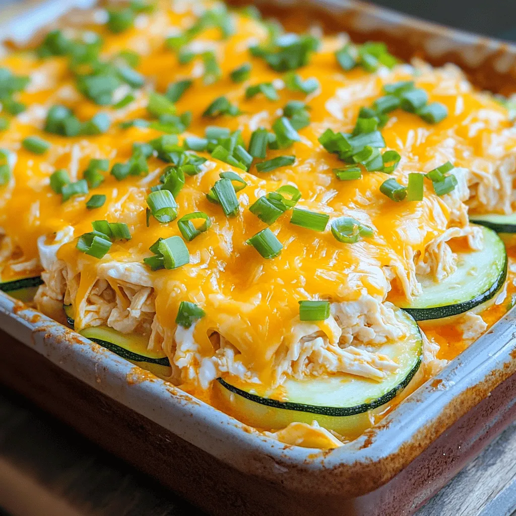 - 2 large zucchinis, sliced into thin rounds - 2 cups cooked chicken, shredded - 1 cup buffalo sauce - 1 cup shredded cheddar cheese - 1 cup cream cheese, softened - 1/2 cup plain Greek yogurt - Garlic and onion powder - Salt and pepper The main ingredients set the stage for a tasty meal. I love using fresh zucchinis. They add great texture and flavor. You can choose any cooked chicken you like. I often use leftover rotisserie chicken for ease. The buffalo sauce brings a spicy kick, which I love! Adjust it based on your spice level. Cream cheese and Greek yogurt create a creamy base that binds the dish together. The garlic and onion powder add depth. - Chopped green onions - Fresh herbs Garnishes can elevate your dish. I recommend using chopped green onions for a fresh touch. They add color and a mild onion flavor. Fresh herbs like parsley or cilantro can also brighten the dish. You can mix and match based on your taste! For the complete list of ingredients and steps, check out the Full Recipe. 1. Preheat your oven to 350°F (175°C). Grab a 9x13 inch baking dish and lightly grease it. You can use cooking spray or a thin layer of olive oil to stop sticking. 2. In a large bowl, add 2 cups of shredded chicken and pour in 1 cup of buffalo sauce. Mix it well until the chicken is fully coated with the sauce. This step makes sure every bite has great flavor. 1. In another bowl, blend 1 cup of softened cream cheese and 1/2 cup of plain Greek yogurt. 2. Add 1/2 teaspoon of garlic powder, 1/2 teaspoon of onion powder, and salt and pepper to taste. Use a whisk or hand mixer for a smooth consistency. This creamy mixture adds richness to the dish. 1. Start by placing half of the zucchini slices on the bottom of the baking dish. Overlap them slightly for even coverage. 2. Spread half of the buffalo chicken mixture over the zucchini, covering it well. 3. Take half of the creamy mixture and dollop it over the chicken layer. Use a spatula to spread it evenly. 4. Repeat this layering with the remaining zucchini, buffalo chicken, and creamy mixture. 5. Finish by sprinkling 1 cup of shredded cheddar cheese on top. This adds a cheesy layer that melts beautifully in the oven. Now you're ready to bake! For the full recipe, follow the instructions closely to enjoy this delicious Buffalo Chicken Zucchini Casserole. - Adjust the buffalo sauce to match your spice level. If you want it hotter, add more sauce. For a milder dish, use less. - Layer the ingredients evenly. This helps the casserole cook well and ensures every bite is tasty. - Let the casserole rest for 5-10 minutes before serving. This helps the layers set and makes it easier to cut. - Pair the casserole with side salads or fresh veggies. This adds a nice crunch and balances the flavors. - For a great look, serve the casserole straight from the baking dish. It looks homey and inviting. - Garnish with chopped green onions right before serving. This adds a pop of color and a fresh flavor. For the full experience of this dish, check out the Full Recipe. {{image_4}} You can change the protein in this dish. If you prefer turkey or tofu, use them instead of chicken. Both options work well and taste great. Turkey offers a similar flavor profile to chicken, while tofu gives a plant-based twist. For cheese, feel free to mix it up. You can use mozzarella for a milder taste or pepper jack for extra heat. Each cheese brings a new flavor to the dish. This casserole can easily fit a gluten-free diet. Just check your buffalo sauce for gluten. Most brands are gluten-free, but it's wise to read the label. If you're looking for a vegan option, swap the chicken for chickpeas or lentils. You can also use a dairy-free cream cheese and yogurt. This keeps all the creamy goodness without the animal products. Want to spice things up? Change the buffalo sauce! You can use sriracha or a smoky barbecue sauce. Each sauce will give a different kick to the dish. You can also add more vegetables. Bell peppers, spinach, or corn add nutrition and color. Throw in what you love for a tasty twist. For the full recipe, check the earlier section. Enjoy experimenting with these variations! To keep your Buffalo Chicken Zucchini Casserole fresh, store it in the fridge. Use an airtight container to seal in moisture. This helps maintain flavor and texture. Make sure the casserole cools to room temperature before sealing. If you have extra sauce, store that separately to avoid sogginess. To freeze the casserole, let it cool completely. Cut it into portions for easy reheating. Wrap each portion in plastic wrap, then place it in a freezer-safe bag. Label with the date to track freshness. When you're ready to eat, thaw it in the fridge overnight. Reheat in the oven or microwave until hot. In the fridge, this casserole lasts about three to four days. If frozen, it stays good for up to three months. Always check for signs of spoilage, like an off smell or unusual texture. If in doubt, throw it out! Baking this dish takes about 35 to 40 minutes. First, you bake it covered for 25 minutes. Then, remove the foil and bake for another 10 to 15 minutes. This helps the cheese get bubbly and golden. You can use raw chicken, but it’s best to cook it first. Cooked chicken makes the dish easier to mix. If you use raw chicken, ensure it reaches 165°F (75°C) while baking. If you want a different flavor, try these options: - BBQ sauce for a sweet twist - Hot sauce mixed with butter for a classic taste - Teriyaki sauce for a sweeter, less spicy dish This casserole is healthier than many comfort foods! It has protein from chicken and nutrients from zucchini. To make it even better: - Use low-fat cream cheese or yogurt - Add more veggies like spinach or bell peppers Yes, you can prepare this casserole before baking. Layer it in the dish and cover it well. Store it in the fridge for up to 24 hours. When ready to bake, just add a few extra minutes to the cooking time. For the full recipe, check the earlier section! This blog post covered a delicious Buffalo Chicken Zucchini Casserole with key ingredients like chicken, zucchini, and cheese. You learned preparation steps, cooking tips, and serving ideas to make your dish shine. Don't forget the simple ways to adjust flavors and cater to dietary needs. With the right techniques, this casserole can be a hit at any meal. Enjoy making it your own!