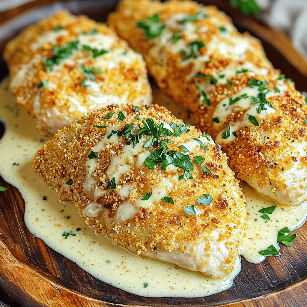 For the main dish, you will need: - 4 boneless, skinless chicken breasts - 1 cup panko breadcrumbs - 1/2 cup finely grated Parmesan cheese - 1 teaspoon garlic powder - 1 teaspoon dried Italian herbs - 2 large eggs - Salt and freshly ground black pepper - 1 tablespoon olive oil These ingredients create the crispy and flavorful chicken. The panko breadcrumbs give it a great crunch. The Parmesan adds a nice cheese flavor that pairs well with the chicken. For the creamy sauce, gather: - 1 tablespoon unsalted butter - 3 cloves of garlic, finely minced - 1 cup heavy cream - 1/2 cup finely grated Parmesan cheese - Salt and freshly ground black pepper - Fresh parsley, finely chopped This sauce is rich and creamy. The garlic gives it a strong flavor that enhances the dish. The heavy cream makes it smooth and luxurious. To finish the dish, consider using: - Fresh parsley, finely chopped This garnish adds color and a fresh taste. You can also sprinkle some extra Parmesan on top for added flavor. These small touches make the dish look and taste even better. You can find the full recipe to perfect your Crispy Parmesan Chicken with Garlic Cream Sauce. To start, preheat your oven to 400°F (200°C). This step is key for crispy chicken. Next, line a baking sheet with parchment paper. This keeps the chicken from sticking. In a shallow bowl, mix the panko breadcrumbs, Parmesan cheese, garlic powder, and Italian herbs. Add a pinch of salt and pepper. Stir well, so everything blends nicely. Now, take your chicken breasts. Dip each piece into a bowl of beaten eggs. Let any extra egg drip off. Then, coat the chicken in the breadcrumb mixture. Press down gently to help the crumbs stick. This step is vital for that crunchy finish. Place the breaded chicken on your baking sheet. Make sure they have space between them for even cooking. Drizzle olive oil over each piece. This adds flavor and helps with crispiness. Bake in the oven for 20-25 minutes. Check for a golden brown color. The chicken should reach an internal temperature of 165°F (75°C). While the chicken bakes, let's make the garlic cream sauce. In a skillet, melt the butter over medium heat. Add the minced garlic and sauté for 1-2 minutes. Stir often, so the garlic doesn’t burn. Next, slowly pour in the heavy cream. Keep stirring until it simmers gently. Add the finely grated Parmesan cheese. Stir until the sauce is smooth. Season with salt and pepper to taste. Once the chicken is golden and ready, take it out of the oven. Let it rest for a few minutes. This helps the juices stay inside. Serve the crispy chicken with a drizzle of the garlic cream sauce on top. Garnish with fresh parsley for a lovely touch. Enjoy the full recipe for more details! To make your chicken crispy, use panko breadcrumbs. They are lighter and crunchier than regular ones. Mix in finely grated Parmesan cheese for added flavor. Always coat the chicken in egg before dredging it in crumbs. This helps the crumbs stick better. When baking, drizzle olive oil on top. This adds flavor and helps with that golden crust. Bake the chicken until it reaches an internal temperature of 165°F. Letting it rest for a few minutes allows juices to settle, keeping it juicy inside. For a rich garlic cream sauce, start with fresh minced garlic. Sauté it in butter until fragrant, but don’t let it burn. This brings out the garlic's natural sweetness. Use heavy cream for a thick, luscious sauce. Adding more finely grated Parmesan cheese enhances the cheese flavor, making the sauce creamy and rich. Always season with salt and pepper to taste. A sprinkle of fresh parsley adds color and freshness to the dish. You don’t need fancy tools for this recipe. A shallow mixing bowl helps mix the breadcrumbs. Use a whisk for the eggs, and a sturdy baking sheet lined with parchment paper for easy cleanup. A large skillet is perfect for making the garlic cream sauce. A meat thermometer ensures your chicken is cooked perfectly. For serving, a large platter lets you display the crispy chicken beautifully. You can find the full recipe in the article for more details. {{image_4}} You can make this dish lighter. Swap panko breadcrumbs with whole wheat or almond flour. These options add fiber and nutrients. If you want a gluten-free version, use crushed cornflakes or gluten-free breadcrumbs. This keeps the crunch while being more health-conscious. For a vegetarian twist, skip the chicken and use mushrooms instead. Portobello or button mushrooms work well. Coat them with the same breadcrumb mix and bake. For the sauce, use vegetable broth instead of chicken broth. This keeps the flavor rich and savory while being meat-free. Want a kick? Add some heat to the garlic cream sauce. Mix in red pepper flakes or fresh chopped jalapeños. You can also use spicy paprika in the breadcrumb coating. This will give the chicken an exciting flavor layer. Each bite becomes a tasty blend of crispy, creamy, and spicy. The full recipe helps you create this dish in no time. To keep your Crispy Parmesan Chicken fresh, store it in an airtight container. Make sure it cools completely before sealing. Place it in the fridge for up to three days. If you want to keep it longer, consider freezing it instead. When reheating, avoid the microwave. Instead, use an oven or air fryer. Preheat your oven to 350°F (175°C). Place the chicken on a baking sheet and heat for about 10-15 minutes. This will help maintain its crispy texture. If using an air fryer, set it to 350°F and heat for about 5-7 minutes. You can freeze the chicken for up to three months. Wrap each piece tightly in plastic wrap and then foil. This prevents freezer burn. For the garlic cream sauce, it’s best to freeze it separately. Store in a freezer-safe container. When ready to use, thaw the sauce in the fridge overnight before reheating. For the full recipe, check the detailed instructions above. Yes, you can use chicken thighs. They stay juicy and tender. Chicken thighs also add a nice flavor. Just adjust the cooking time. They might need a few extra minutes to cook through. You can serve this chicken with many sides. Simple options include: - Mashed potatoes - Steamed broccoli - Garlic bread - A fresh salad These sides balance the rich flavors of the chicken and sauce. To thicken the garlic cream sauce, you have options. You can: - Simmer it longer to reduce the liquid. - Add a cornstarch slurry (mix cornstarch with water). - Stir in more grated Parmesan cheese. Each method helps achieve a creamier texture. Yes, you can prepare the chicken and sauce ahead. Store them separately in the fridge. Reheat the chicken in the oven for crispiness. Warm the sauce gently on the stove. To keep the chicken crispy, follow these tips: - Bake right before you serve it. - Avoid covering it after baking. - Serve on a wire rack to let air circulate. These steps help maintain the crunchy texture. Yes, you can make a vegan version. Use: - Coconut cream or cashew cream instead of heavy cream. - Nutritional yeast for a cheesy flavor. - Vegan butter in place of regular butter. This keeps the dish creamy and flavorful without dairy. A white wine pairs well with Crispy Parmesan Chicken. Try: - Chardonnay for its buttery notes. - Sauvignon Blanc for a crisp finish. Both wines enhance the meal's flavors beautifully. In this post, we explored making Crispy Parmesan Chicken, including its ingredients and steps. We covered how to prepare the chicken, bake it, and make the garlic cream sauce. I shared tips for perfect texture and flavor, plus variations for different diets. Now you are ready to make this dish your own. Enjoy each crunchy bite and make delicious memories!