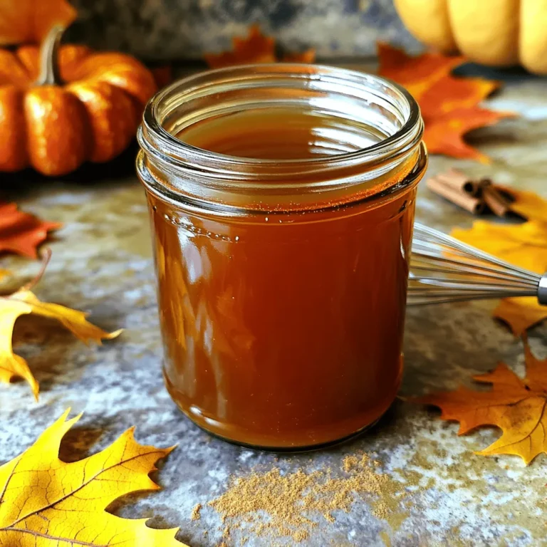 - 2 cups water - 1 cup packed brown sugar - 1 cup granulated sugar - 1 cup pure pumpkin puree (either canned or homemade) - 2 teaspoons pumpkin pie spice - 1 teaspoon pure vanilla extract - A generous pinch of salt Choosing the best pumpkin puree When selecting pumpkin puree, look for 100% pure pumpkin. Canned options are easy and save time. If you prefer, you can make your own by roasting a pumpkin and blending it until smooth. Fresh puree has a bright flavor. Alternatives for sugar You can use coconut sugar or maple syrup instead of brown and granulated sugar. Each adds its own unique flavor while keeping the syrup sweet. Adjust the amount, as these alternatives can differ in sweetness. Where to find pumpkin pie spice You can find pumpkin pie spice at most grocery stores. It usually sits in the spice aisle. If you can't find it, make your own by mixing cinnamon, nutmeg, ginger, and allspice. Options for organic ingredients For organic options, check local farmers' markets or specialty stores. Many offer organic pumpkin puree, sugars, and spices. This can enhance the taste and makes your syrup feel more special. For the full recipe, refer to the main recipe section. 1. Combining sugars and water Start by taking a medium saucepan. Add 2 cups of water, 1 cup of packed brown sugar, and 1 cup of granulated sugar. Heat it over medium. Stir continuously until all the sugar dissolves. This mixture will be your sweet base. 2. Whisking in the pumpkin puree Once the sugar mix simmers gently, whisk in 1 cup of pure pumpkin puree. Add 2 teaspoons of pumpkin pie spice and a generous pinch of salt. Keep mixing for about 3-4 minutes. Make sure there are no lumps. The blend should be smooth and tasty. 1. Simmering time guidelines Let the syrup simmer for 5-10 minutes. Stir occasionally during this time. This step helps the flavors mix well and thickens the syrup just right. 2. Achieving the right consistency You want the syrup to be thick but still pourable. It should coat the back of a spoon. If it’s too thin, let it simmer a bit longer. If it’s too thick, add a splash of water and stir. 1. How to store the syrup properly After cooking, remove the saucepan from the heat. Stir in 1 teaspoon of pure vanilla extract for extra flavor. Let the syrup cool to room temperature. 2. Best practices for transferring to containers Carefully pour the cooled syrup into a clean, sterilized bottle or jar. Make sure the container is airtight. Store it in the fridge. Your syrup will stay fresh for up to 2 weeks. Remember to shake it well before each use. For the full recipe, check out the details above! To make your pumpkin spice syrup even better, try different flavorings. You can swap vanilla extract for almond extract. This adds a unique twist. Fresh spices can also enhance the taste. I recommend using ground cinnamon, ginger, and nutmeg instead of pre-made blends. Fresh spices often have a stronger flavor. Just remember, a little goes a long way. If your syrup turns out too thin, simmer it longer. This helps it thicken. You can also add more pumpkin puree. If it gets too thick, just add a bit of water. Stir well to blend everything. Dealing with lumps? Whisk the syrup while it simmers. If lumps remain, pour the syrup through a fine mesh strainer. This ensures a smooth texture. This pumpkin spice syrup pairs well with many drinks. It’s perfect in coffee, tea, or hot chocolate. You can also drizzle it over pancakes, waffles, or ice cream. For creative uses, try adding it to oatmeal or yogurt. You can even incorporate it into baked goods. Use it in muffins or cakes for a fall flavor boost. Don't forget to check out the Full Recipe for more ideas! {{image_4}} You can easily switch things up with different flavors. One fun idea is to make *Maple Pumpkin Spice Syrup*. Just replace half the sugar with pure maple syrup. This adds a rich, earthy note that pairs well with pumpkin. Another tasty option is the *Spiced Caramel Variation*. To do this, add a half cup of caramel sauce to the base recipe. This gives your syrup a sweet, buttery flavor that works great in coffee or on desserts. As the holidays approach, you might want to create *holiday-themed syrups*. Try adding a hint of nutmeg or allspice for a festive twist. You can also blend in some orange zest for a bright, refreshing flavor. Don't forget to experiment with other spices too. Adding cardamom or ginger can give your syrup a unique taste that stands out. These spices add warmth and depth, perfect for cozy winter drinks. If you want a lighter option, make a *low-calorie or sugar-free version*. Use alternative sweeteners like stevia or erythritol. These can give you sweetness without the calories. To adjust the syrup's consistency, start with less water. This keeps your syrup thick and rich. You may need to tweak the amounts to fit your taste. Always taste as you go to find the right balance. For the full recipe, don't forget to check out the detailed instructions above! To keep your pumpkin spice syrup fresh, store it in an airtight container. Glass jars work well, but plastic can be fine too. Make sure the container is clean and dry before adding the syrup. Place the jar in the fridge after making the syrup. Refrigeration helps maintain its flavor and quality. Your pumpkin spice syrup lasts about two weeks in the fridge. After that, the taste may change. Always check for signs of spoilage. If you see mold or the syrup smells off, it's best to toss it. A change in color or texture can also signal spoilage. Yes, you can freeze syrup! It freezes well and keeps its flavor. Use an ice cube tray to freeze it in portions. Once frozen, transfer the cubes to a freezer bag. When you want to use the syrup, just take out the cubes. To thaw, leave them in the fridge overnight or microwave them for a few seconds. Enjoy that fall flavor anytime! How to make pumpkin spice syrup from scratch? To make pumpkin spice syrup from scratch, gather these ingredients: - 2 cups water - 1 cup packed brown sugar - 1 cup granulated sugar - 1 cup pure pumpkin puree - 2 teaspoons pumpkin pie spice - 1 teaspoon pure vanilla extract - A generous pinch of salt Combine water, brown sugar, and granulated sugar in a saucepan. Heat it on medium and stir until the sugar dissolves. Then, whisk in the pumpkin puree and spices. Simmer for 5-10 minutes until it thickens. Add vanilla, cool, and store. This full recipe gives you a delicious syrup for many uses. Can I use other sweeteners for pumpkin spice syrup? Yes, you can use different sweeteners. Honey or maple syrup can work well. Use a similar amount, but taste as you go. Some people like to use coconut sugar for a deeper flavor. Just remember, sweeteners can change the syrup's texture and taste. Experiment to find what you enjoy most! What are the best brands of pumpkin spice syrup? Some popular brands of pumpkin spice syrup include Torani, Monin, and Da Vinci. They offer great flavors and quality. Look for ones that use natural ingredients for better taste. Check reviews to find the best one for your needs. Where can I buy pumpkin spice syrup locally or online? You can find pumpkin spice syrup at many grocery stores, especially in fall. Check the coffee or baking aisles. Online, you can order from websites like Amazon or the brand's official sites. This gives you a wider selection and often better prices. What can I make with pumpkin spice syrup? Pumpkin spice syrup is versatile! Use it to flavor your coffee or lattes. Drizzle it over pancakes or waffles for a tasty breakfast. You can also mix it into yogurt or smoothies for a fall twist. The options are endless! Can I use it in baking recipes? Absolutely! Pumpkin spice syrup adds flavor to baked goods. Use it in muffins or cakes for a warm spice touch. You can also drizzle it over cookies or mix it into frostings. It's a great way to bring fall flavors into your baking! You now have all the details to create delicious pumpkin spice syrup. We discussed the necessary ingredients and tips for choosing the best ones. I shared step-by-step instructions to make and store your syrup effectively. You learned how to enhance flavors and troubleshoot issues. Lastly, I explored fun variations and storage tips. By following these guidelines, you can enjoy homemade pumpkin spice syrup anytime. Your drinks and desserts will shine with this tasty addition. Enjoy your creation in every season!