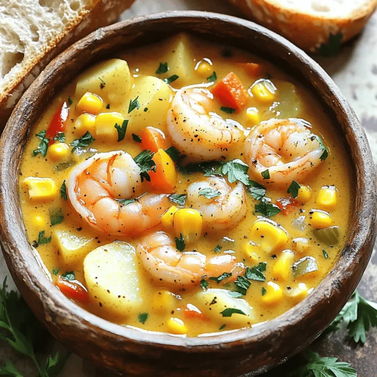 To make a delightful Minute Cajun Shrimp and Corn Chowder, gather these ingredients: - 1 lb fresh shrimp, peeled and deveined - 1 can (15 oz) sweet corn, drained - 1 medium onion, diced - 2 cloves garlic, finely minced - 2 medium potatoes, peeled and diced - 1 bell pepper (any vibrant color), diced - 2 cups vegetable broth - 1 cup creamy coconut milk - 2 teaspoons bold Cajun seasoning - 1 teaspoon smoked paprika - 2 tablespoons extra virgin olive oil - Salt and pepper to taste - Fresh parsley leaves for garnish Each ingredient plays a key role in creating rich flavors. The shrimp adds protein and a sweet bite. Sweet corn brings a pop of flavor and texture. Potatoes make the chowder hearty. The onion and garlic offer a fragrant base. Cajun seasoning gives this dish its signature kick. Smoked paprika adds depth with its warm, smoky notes. Coconut milk gives the chowder a creamy texture, balancing the spices. Using fresh herbs like parsley brightens the dish and enhances the presentation. For the full recipe, check out the link above. You'll find easy steps to make this chowder come together in minutes. Enjoy making this dish that warms the soul and excites the taste buds! To start, heat 2 tablespoons of extra virgin olive oil in a large pot over medium heat. This oil adds flavor and helps cook the veggies. Next, add 1 medium diced onion and 1 diced bell pepper to the pot. Sauté them for about 4-5 minutes. You want them to be tender and translucent. Then, add 2 minced cloves of garlic. Sauté this mix for about a minute. Watch closely, as garlic can burn easily. Now, it is time to introduce 2 peeled and diced potatoes along with 2 teaspoons of bold Cajun seasoning. Stir well to coat the potatoes. This step builds the heartiness of the chowder. Pour in 2 cups of vegetable broth next. Bring the mixture to a rolling boil. Once it boils, reduce the heat to low and let it simmer. Cook until the potatoes are fork-tender, which takes about 10-12 minutes. After the potatoes are tender, mix in 1 can (15 oz) of drained sweet corn and 1 lb of fresh shrimp, peeled and deveined. Stir gently to combine. Cook until the shrimp turns pink and opaque, about 3-4 minutes. Carefully pour in 1 cup of creamy coconut milk and sprinkle in 1 teaspoon of smoked paprika. Stir everything together and let it simmer for another 2-3 minutes. This melds the flavors beautifully. Finally, season with salt and freshly ground black pepper to taste. Adjust according to your spice preference. Before serving, garnish the chowder with freshly chopped parsley. For the complete recipe, check out the Full Recipe section! To boost the taste of your chowder, add a few ingredients. You can try: - A pinch of cayenne for heat - Fresh thyme for earthiness - A splash of lemon juice for brightness Simmering is key for flavor. After adding ingredients, let the chowder bubble gently. This helps all the flavors mix well. A good simmer will bring out the best in those spices. Prepping ahead saves time. Chop your veggies the night before. This way, your chowder cooks faster. If you’re really short on time, consider these methods: - Use a pressure cooker for a faster cook time. - Try a microwave to soften the potatoes before adding them to the pot. Both tricks make the chowder easy and quick to prepare. For the full recipe, check out the detailed steps above! {{image_4}} You can easily make this chowder fit your diet. For a gluten-free version, ensure your broth is gluten-free. Many brands offer gluten-free vegetable broth. This way, you enjoy the same great taste without any worries. If you're looking for vegan options, swap the shrimp for firm tofu or chickpeas. Both options add protein and texture. Use vegetable broth instead of any seafood broth. Coconut milk gives the chowder a creamy base that complements the flavors well. You can adjust the heat level to suit your taste. To make it spicier, add more Cajun seasoning or a dash of hot sauce. If you prefer a milder chowder, reduce the Cajun seasoning. You can also use sweet paprika instead of smoked paprika for a gentle flavor. Consider adding different vegetables for more variety. Zucchini, carrots, or even spinach work well in this chowder. Just chop them into small pieces and add them when you put in the potatoes. This adds color and nutrition to your dish. For the Full Recipe, check the earlier section for all the ingredients and steps you need. When you have leftover chowder, cool it down first. Place it in an airtight container. It keeps well in the fridge for 3-4 days. This way, you can enjoy it again soon. For freezing, use a freezer-safe container. Leave some space at the top for expansion. The chowder can freeze for up to 2-3 months. When you want to enjoy it later, thaw it in the fridge overnight. This keeps the texture nice. To reheat your chowder, use a pot on low heat. Stir it often to prevent sticking. You can also use a microwave. Heat it in short bursts, stirring in between. This helps keep it smooth and creamy. Avoid boiling it, as that can change the texture. If it seems too thick, add a splash of broth or coconut milk. This will help bring it back to life and make it just as tasty as when you first made it. It takes about 10 minutes to prep and 20 minutes to cook. In total, you will spend around 30 minutes making this chowder. This quick time makes it easy to enjoy a warm meal on busy days. Yes, you can use frozen shrimp. Frozen shrimp saves time because you don't have to peel and devein them. However, fresh shrimp may taste better. If you choose frozen, remember to thaw them first. This helps them cook evenly in the chowder. Yes, you can make this chowder ahead of time. It tastes great after sitting in the fridge for a day. Just store it in an airtight container. When you are ready to eat, reheat it on the stove. Add a splash of broth or coconut milk to keep it creamy. This makes for a quick and tasty meal later. For the full recipe, check out the earlier section. Minute Cajun Shrimp and Corn Chowder is simple, tasty, and filling. We covered the key ingredients, easy steps, and helpful tips to make it right. You can adjust spices or shrimp to suit your needs. This chowder works for many diets and is great for meal prep. With proper storage, leftovers stay fresh and delicious. I hope you feel ready to cook this dish. Your family will love it! Enjoy your cooking adventure with this chowder.