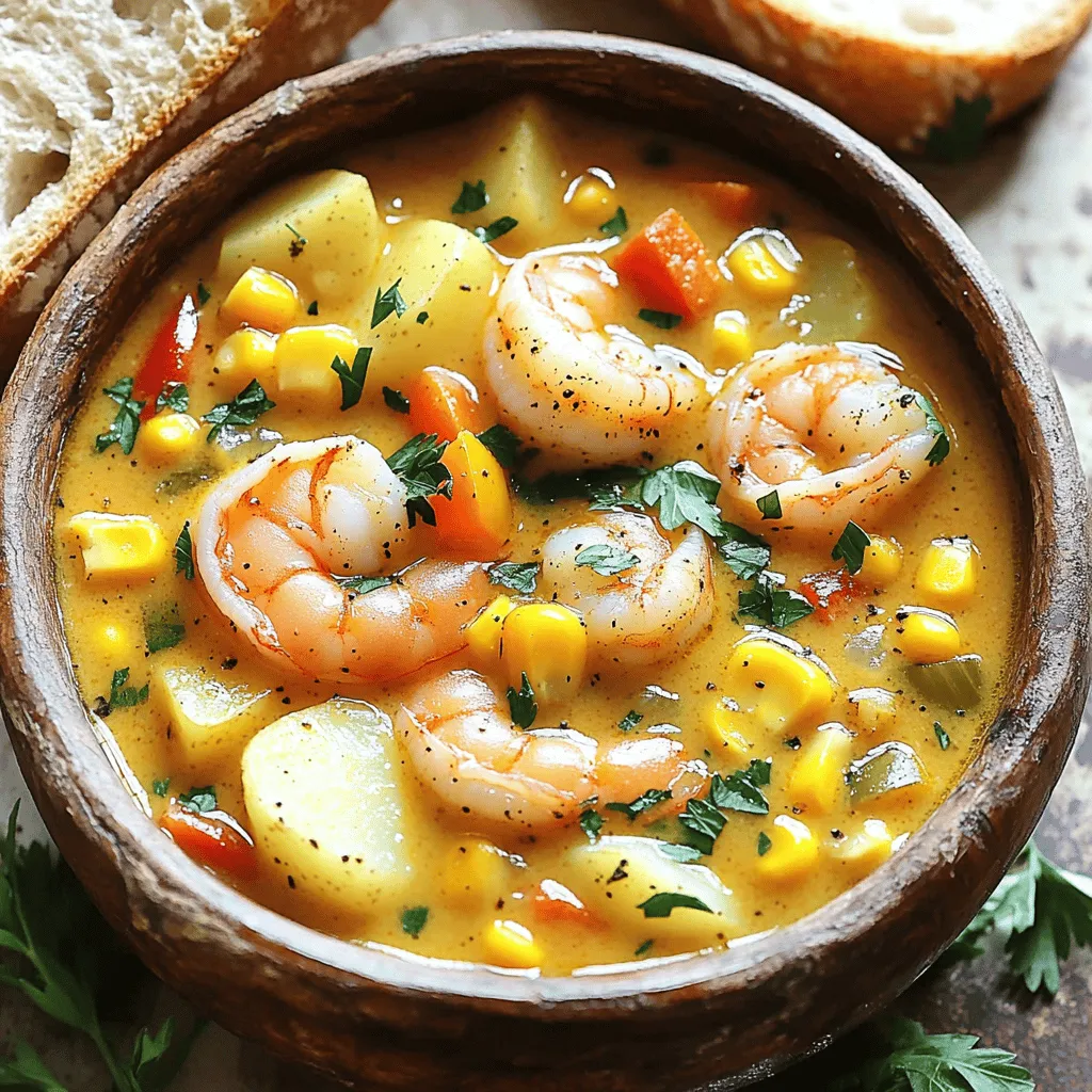 To make a delightful Minute Cajun Shrimp and Corn Chowder, gather these ingredients: - 1 lb fresh shrimp, peeled and deveined - 1 can (15 oz) sweet corn, drained - 1 medium onion, diced - 2 cloves garlic, finely minced - 2 medium potatoes, peeled and diced - 1 bell pepper (any vibrant color), diced - 2 cups vegetable broth - 1 cup creamy coconut milk - 2 teaspoons bold Cajun seasoning - 1 teaspoon smoked paprika - 2 tablespoons extra virgin olive oil - Salt and pepper to taste - Fresh parsley leaves for garnish Each ingredient plays a key role in creating rich flavors. The shrimp adds protein and a sweet bite. Sweet corn brings a pop of flavor and texture. Potatoes make the chowder hearty. The onion and garlic offer a fragrant base. Cajun seasoning gives this dish its signature kick. Smoked paprika adds depth with its warm, smoky notes. Coconut milk gives the chowder a creamy texture, balancing the spices. Using fresh herbs like parsley brightens the dish and enhances the presentation. For the full recipe, check out the link above. You'll find easy steps to make this chowder come together in minutes. Enjoy making this dish that warms the soul and excites the taste buds! To start, heat 2 tablespoons of extra virgin olive oil in a large pot over medium heat. This oil adds flavor and helps cook the veggies. Next, add 1 medium diced onion and 1 diced bell pepper to the pot. Sauté them for about 4-5 minutes. You want them to be tender and translucent. Then, add 2 minced cloves of garlic. Sauté this mix for about a minute. Watch closely, as garlic can burn easily. Now, it is time to introduce 2 peeled and diced potatoes along with 2 teaspoons of bold Cajun seasoning. Stir well to coat the potatoes. This step builds the heartiness of the chowder. Pour in 2 cups of vegetable broth next. Bring the mixture to a rolling boil. Once it boils, reduce the heat to low and let it simmer. Cook until the potatoes are fork-tender, which takes about 10-12 minutes. After the potatoes are tender, mix in 1 can (15 oz) of drained sweet corn and 1 lb of fresh shrimp, peeled and deveined. Stir gently to combine. Cook until the shrimp turns pink and opaque, about 3-4 minutes. Carefully pour in 1 cup of creamy coconut milk and sprinkle in 1 teaspoon of smoked paprika. Stir everything together and let it simmer for another 2-3 minutes. This melds the flavors beautifully. Finally, season with salt and freshly ground black pepper to taste. Adjust according to your spice preference. Before serving, garnish the chowder with freshly chopped parsley. For the complete recipe, check out the Full Recipe section! To boost the taste of your chowder, add a few ingredients. You can try: - A pinch of cayenne for heat - Fresh thyme for earthiness - A splash of lemon juice for brightness Simmering is key for flavor. After adding ingredients, let the chowder bubble gently. This helps all the flavors mix well. A good simmer will bring out the best in those spices. Prepping ahead saves time. Chop your veggies the night before. This way, your chowder cooks faster. If you’re really short on time, consider these methods: - Use a pressure cooker for a faster cook time. - Try a microwave to soften the potatoes before adding them to the pot. Both tricks make the chowder easy and quick to prepare. For the full recipe, check out the detailed steps above! {{image_4}} You can easily make this chowder fit your diet. For a gluten-free version, ensure your broth is gluten-free. Many brands offer gluten-free vegetable broth. This way, you enjoy the same great taste without any worries. If you're looking for vegan options, swap the shrimp for firm tofu or chickpeas. Both options add protein and texture. Use vegetable broth instead of any seafood broth. Coconut milk gives the chowder a creamy base that complements the flavors well. You can adjust the heat level to suit your taste. To make it spicier, add more Cajun seasoning or a dash of hot sauce. If you prefer a milder chowder, reduce the Cajun seasoning. You can also use sweet paprika instead of smoked paprika for a gentle flavor. Consider adding different vegetables for more variety. Zucchini, carrots, or even spinach work well in this chowder. Just chop them into small pieces and add them when you put in the potatoes. This adds color and nutrition to your dish. For the Full Recipe, check the earlier section for all the ingredients and steps you need. When you have leftover chowder, cool it down first. Place it in an airtight container. It keeps well in the fridge for 3-4 days. This way, you can enjoy it again soon. For freezing, use a freezer-safe container. Leave some space at the top for expansion. The chowder can freeze for up to 2-3 months. When you want to enjoy it later, thaw it in the fridge overnight. This keeps the texture nice. To reheat your chowder, use a pot on low heat. Stir it often to prevent sticking. You can also use a microwave. Heat it in short bursts, stirring in between. This helps keep it smooth and creamy. Avoid boiling it, as that can change the texture. If it seems too thick, add a splash of broth or coconut milk. This will help bring it back to life and make it just as tasty as when you first made it. It takes about 10 minutes to prep and 20 minutes to cook. In total, you will spend around 30 minutes making this chowder. This quick time makes it easy to enjoy a warm meal on busy days. Yes, you can use frozen shrimp. Frozen shrimp saves time because you don't have to peel and devein them. However, fresh shrimp may taste better. If you choose frozen, remember to thaw them first. This helps them cook evenly in the chowder. Yes, you can make this chowder ahead of time. It tastes great after sitting in the fridge for a day. Just store it in an airtight container. When you are ready to eat, reheat it on the stove. Add a splash of broth or coconut milk to keep it creamy. This makes for a quick and tasty meal later. For the full recipe, check out the earlier section. Minute Cajun Shrimp and Corn Chowder is simple, tasty, and filling. We covered the key ingredients, easy steps, and helpful tips to make it right. You can adjust spices or shrimp to suit your needs. This chowder works for many diets and is great for meal prep. With proper storage, leftovers stay fresh and delicious. I hope you feel ready to cook this dish. Your family will love it! Enjoy your cooking adventure with this chowder.