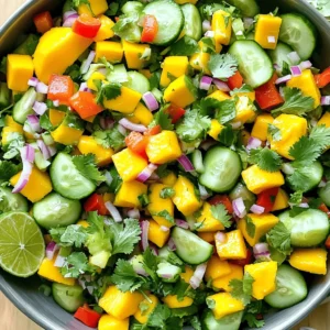 - 2 ripe mangoes - 1 large cucumber - 1 red bell pepper - 1/4 red onion - 1/4 cup fresh cilantro - 1 jalapeño - Honey or agave syrup - Fresh lime juice - Salt and pepper to taste When I make this salad, I start by gathering all the main ingredients. Ripe mangoes add sweetness and color. The cucumber gives a nice crunch. A red bell pepper brings brightness. I chop the red onion finely for a hint of sharpness. Fresh cilantro adds a burst of flavor. If you like heat, you can add a jalapeño. Just remember to remove the seeds. For sweetness, honey or agave syrup works well too. For the dressing, I use fresh lime juice. It brightens the salad and adds tang. I season it with salt and pepper. This combination makes the salad taste fresh and lively. The full recipe is easy to follow and takes just 15 minutes to prep. Enjoy making this delightful dish! First, you'll need to prep your fruits and veggies. Start with these steps: - Dice 2 ripe mangoes into bite-sized pieces. Make sure they are sweet and juicy. - Chop 1 large cucumber into small cubes. This adds a nice crunch. - Cut 1 red bell pepper into small pieces for color and taste. - Finely chop 1/4 red onion for a hint of sharpness. - If you like some heat, mince 1 jalapeño and set it aside. - Finally, chop 1/4 cup fresh cilantro for a burst of freshness. Now, it's time to combine everything. Follow these steps: - In a large mixing bowl, add the diced mangoes, cucumber, red bell pepper, and red onion. Give them a gentle stir to mix. - Next, fold in the chopped cilantro and minced jalapeño. Adjust the jalapeño based on how spicy you want your salad. - In a separate bowl, whisk together 2 tablespoons fresh lime juice and 1 tablespoon honey (or agave syrup) until smooth. - Drizzle the dressing over the salad mix in the large bowl. - Using a spatula or wooden spoon, toss everything together gently. You want all the ingredients to be coated in the dressing. To finish your salad, season it just right: - Sprinkle salt and pepper to taste over the salad. - Toss it again very gently to distribute the seasoning. - Let the salad rest for about 10 minutes before serving. This helps the flavors blend nicely. By following these steps, you create a Mango Cucumber Summer Salad that is not only refreshing but also full of vibrant flavors. For the complete details, refer to the Full Recipe. To make the best Mango Cucumber Summer Salad, choose ripe mangoes and fresh cucumbers. Look for mangoes that feel slightly soft when you gently press them. Their skin should have a rich color. A ripe cucumber should be firm and dark green, with no soft spots. For cilantro, pick bunches with bright green leaves. Avoid any that look wilted or yellowed. Fresh cilantro adds a burst of flavor to your salad. To boost the taste, let your salad marinate. Mix the diced fruits and veggies and let them sit for about 10 minutes. This helps the flavors blend well. Before serving, chill the salad in the fridge for about an hour. This makes it extra refreshing on warm days. How you serve your salad matters. Use a large, colorful bowl to show off those vibrant ingredients. For a fun touch, garnish with lime wedges and more cilantro on top. This adds color and makes your dish even more inviting. Enjoy your beautiful salad! For the complete recipe, check out the [Full Recipe]. {{image_4}} To make your Mango Cucumber Summer Salad even more fun, try these variations. You can add grilled chicken or shrimp for a protein boost. These options taste great with the fresh flavors. If you want a vegetarian choice, substitute tofu. Tofu soaks up the dressing well and adds a nice texture. Adding grains can change the salad's texture. Consider mixing in quinoa or couscous. Both grains work well and make the salad heartier. You can also explore using brown rice as a base. It adds a nutty flavor that pairs nicely with mango. Mix in other seasonal fruits or vegetables for variety. Try diced avocado or cherry tomatoes for added color. Experimenting with different herbs can also bring new flavors. Fresh mint or basil can add a refreshing twist. Nuts like almonds or walnuts add a nice crunch too. For a complete experience, check out the [Full Recipe]. To keep your Mango Cucumber Summer Salad fresh, store leftovers in airtight containers. This will lock in flavor and keep the salad crisp. Use the salad within three days for the best taste. If you wait too long, the ingredients may become soggy. You can prepare the ingredients ahead of time. Chop the mangoes, cucumber, red bell pepper, and red onion. Keep each ingredient separate in the fridge. When it's time to eat, simply mix them together. Assemble the salad just before serving for the freshest taste. This salad does not freeze well. Freezing can change the texture of the mango and cucumber. If you want to preserve the ingredients, consider freezing them separately. Use them in smoothies or soups instead. Always make sure to pack produce in freezer-safe bags or containers. You can use several fruits instead of mango. Pineapple adds a sweet, tangy flavor. Peaches bring a juicy touch. Papaya offers a mild sweetness. When you pick a fruit, think about how it will blend with cucumber and lime. You want a balance of sweetness and freshness. Typically, this salad lasts about two days. After that, the vegetables may get soggy. Look for signs of spoilage like a change in color or smell. If it smells off, it’s best to toss it out. Yes! To make it vegan, swap honey for agave syrup. You can also add more veggies like avocado or even black beans for extra nutrition. This way, you keep the flavor while making it plant-based. This mango salad blends fresh ingredients with simple steps. You start by preparing ripe fruits and vegetables. Mixing them with fresh lime juice brings out their flavor. Optional proteins and grains add variety. Store leftovers properly to enjoy later. Try different herbs or spices for unique tastes. This recipe is versatile and easy to adapt. Enjoy your colorful, healthy dish!