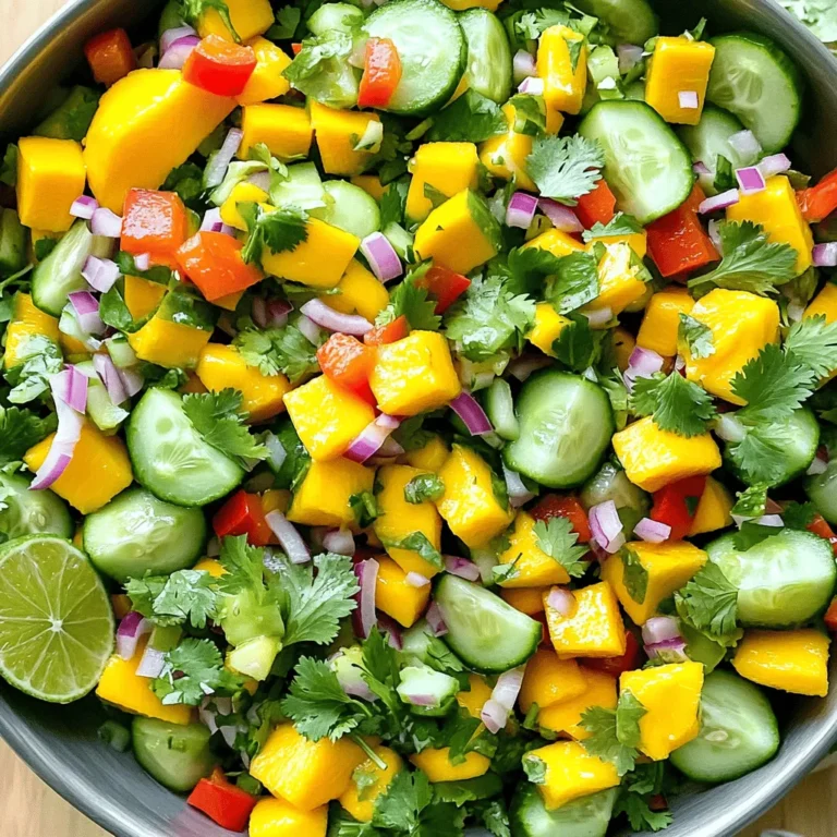 - 2 ripe mangoes - 1 large cucumber - 1 red bell pepper - 1/4 red onion - 1/4 cup fresh cilantro - 1 jalapeño - Honey or agave syrup - Fresh lime juice - Salt and pepper to taste When I make this salad, I start by gathering all the main ingredients. Ripe mangoes add sweetness and color. The cucumber gives a nice crunch. A red bell pepper brings brightness. I chop the red onion finely for a hint of sharpness. Fresh cilantro adds a burst of flavor. If you like heat, you can add a jalapeño. Just remember to remove the seeds. For sweetness, honey or agave syrup works well too. For the dressing, I use fresh lime juice. It brightens the salad and adds tang. I season it with salt and pepper. This combination makes the salad taste fresh and lively. The full recipe is easy to follow and takes just 15 minutes to prep. Enjoy making this delightful dish! First, you'll need to prep your fruits and veggies. Start with these steps: - Dice 2 ripe mangoes into bite-sized pieces. Make sure they are sweet and juicy. - Chop 1 large cucumber into small cubes. This adds a nice crunch. - Cut 1 red bell pepper into small pieces for color and taste. - Finely chop 1/4 red onion for a hint of sharpness. - If you like some heat, mince 1 jalapeño and set it aside. - Finally, chop 1/4 cup fresh cilantro for a burst of freshness. Now, it's time to combine everything. Follow these steps: - In a large mixing bowl, add the diced mangoes, cucumber, red bell pepper, and red onion. Give them a gentle stir to mix. - Next, fold in the chopped cilantro and minced jalapeño. Adjust the jalapeño based on how spicy you want your salad. - In a separate bowl, whisk together 2 tablespoons fresh lime juice and 1 tablespoon honey (or agave syrup) until smooth. - Drizzle the dressing over the salad mix in the large bowl. - Using a spatula or wooden spoon, toss everything together gently. You want all the ingredients to be coated in the dressing. To finish your salad, season it just right: - Sprinkle salt and pepper to taste over the salad. - Toss it again very gently to distribute the seasoning. - Let the salad rest for about 10 minutes before serving. This helps the flavors blend nicely. By following these steps, you create a Mango Cucumber Summer Salad that is not only refreshing but also full of vibrant flavors. For the complete details, refer to the Full Recipe. To make the best Mango Cucumber Summer Salad, choose ripe mangoes and fresh cucumbers. Look for mangoes that feel slightly soft when you gently press them. Their skin should have a rich color. A ripe cucumber should be firm and dark green, with no soft spots. For cilantro, pick bunches with bright green leaves. Avoid any that look wilted or yellowed. Fresh cilantro adds a burst of flavor to your salad. To boost the taste, let your salad marinate. Mix the diced fruits and veggies and let them sit for about 10 minutes. This helps the flavors blend well. Before serving, chill the salad in the fridge for about an hour. This makes it extra refreshing on warm days. How you serve your salad matters. Use a large, colorful bowl to show off those vibrant ingredients. For a fun touch, garnish with lime wedges and more cilantro on top. This adds color and makes your dish even more inviting. Enjoy your beautiful salad! For the complete recipe, check out the [Full Recipe]. {{image_4}} To make your Mango Cucumber Summer Salad even more fun, try these variations. You can add grilled chicken or shrimp for a protein boost. These options taste great with the fresh flavors. If you want a vegetarian choice, substitute tofu. Tofu soaks up the dressing well and adds a nice texture. Adding grains can change the salad's texture. Consider mixing in quinoa or couscous. Both grains work well and make the salad heartier. You can also explore using brown rice as a base. It adds a nutty flavor that pairs nicely with mango. Mix in other seasonal fruits or vegetables for variety. Try diced avocado or cherry tomatoes for added color. Experimenting with different herbs can also bring new flavors. Fresh mint or basil can add a refreshing twist. Nuts like almonds or walnuts add a nice crunch too. For a complete experience, check out the [Full Recipe]. To keep your Mango Cucumber Summer Salad fresh, store leftovers in airtight containers. This will lock in flavor and keep the salad crisp. Use the salad within three days for the best taste. If you wait too long, the ingredients may become soggy. You can prepare the ingredients ahead of time. Chop the mangoes, cucumber, red bell pepper, and red onion. Keep each ingredient separate in the fridge. When it's time to eat, simply mix them together. Assemble the salad just before serving for the freshest taste. This salad does not freeze well. Freezing can change the texture of the mango and cucumber. If you want to preserve the ingredients, consider freezing them separately. Use them in smoothies or soups instead. Always make sure to pack produce in freezer-safe bags or containers. You can use several fruits instead of mango. Pineapple adds a sweet, tangy flavor. Peaches bring a juicy touch. Papaya offers a mild sweetness. When you pick a fruit, think about how it will blend with cucumber and lime. You want a balance of sweetness and freshness. Typically, this salad lasts about two days. After that, the vegetables may get soggy. Look for signs of spoilage like a change in color or smell. If it smells off, it’s best to toss it out. Yes! To make it vegan, swap honey for agave syrup. You can also add more veggies like avocado or even black beans for extra nutrition. This way, you keep the flavor while making it plant-based. This mango salad blends fresh ingredients with simple steps. You start by preparing ripe fruits and vegetables. Mixing them with fresh lime juice brings out their flavor. Optional proteins and grains add variety. Store leftovers properly to enjoy later. Try different herbs or spices for unique tastes. This recipe is versatile and easy to adapt. Enjoy your colorful, healthy dish!