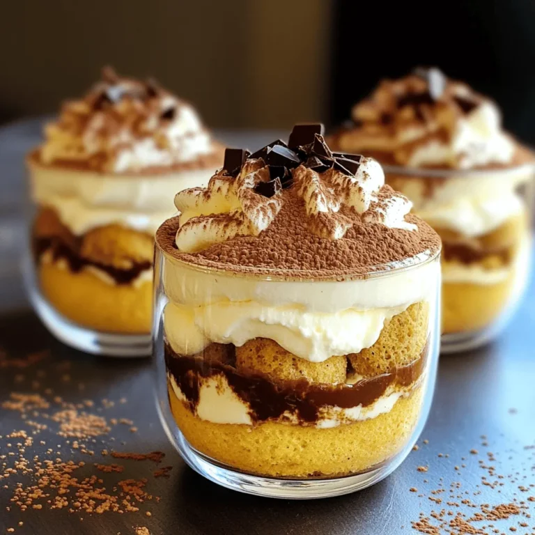 - 1 cup strong brewed coffee, cooled to room temperature - 1 tablespoon pumpkin pie spice - 1 cup mascarpone cheese, softened - 1 cup heavy cream, chilled - 1/2 cup powdered sugar - 1 teaspoon vanilla extract - 1 cup pumpkin puree - 12 ladyfinger cookies - Cocoa powder, for dusting - Dark chocolate shavings, optional for garnish These ingredients come together to make a rich and creamy dessert. The strong brewed coffee gives a bold flavor. Pumpkin pie spice adds warmth and sweetness. Mascarpone cheese creates a smooth texture. Heavy cream lightens the mix and adds fluffiness. Powdered sugar sweetens the overall dish perfectly. Vanilla extract enhances all the flavors. Pumpkin puree brings a lovely color and taste. Ladyfingers soak up the coffee and help build layers. Finally, cocoa powder and dark chocolate shavings finish it off with a touch of elegance. - Alternatives for mascarpone cheese: If you can't find mascarpone, you can use cream cheese. Mix it with a bit of sour cream to get a similar taste. - Low-sugar options for powdered sugar: For a healthier twist, consider using a sugar substitute like erythritol or stevia. Just make sure to check the conversion ratio for sweetness. - Dairy-free substitutes for heavy cream: Use coconut cream or a nut-based cream. Both options will give a nice texture without dairy. These substitutions help you stay flexible while making this delicious dessert. To make the coffee mixture, start with strong brewed coffee. Let it cool to room temp. Add one tablespoon of pumpkin pie spice to the coffee. Stir well to mix the flavors. This spice adds warmth and depth. Be careful not to make the coffee too bitter. The right brew will balance the sweet cream later. For the cream mixture, grab a large bowl. Add one cup of mascarpone cheese. Then, add one cup of chilled heavy cream and half a cup of powdered sugar. Don't forget one teaspoon of vanilla extract! Use an electric mixer on medium speed. Beat until you see soft peaks form, which takes about 2 to 3 minutes. This mixture should be thick and creamy. Now, let’s soak the ladyfingers. Dip each one quickly into the spiced coffee. Be sure they are coated but not too soggy. If they soak too long, they will fall apart. Start layering in your serving cups. Place two soaked ladyfingers at the bottom of each cup. Then, spoon a layer of the pumpkin mascarpone mixture over them. Smooth it out gently. Repeat this process until you fill each cup, finishing with the creamy mixture on top. Chilling is key for this dessert. Cover the cups tightly with plastic wrap. Place them in the fridge for at least four hours. For the best flavor, let them chill overnight. This allows all the flavors to blend well. Before serving, dust the tops lightly with cocoa powder. Add dark chocolate shavings for a nice touch if you like. For the full recipe, check out the details to create these tasty cups! Using fresh pumpkin puree makes a big difference. It gives the tiramisu a rich taste. Fresh puree adds depth and sweetness. You can roast a pumpkin or buy canned puree. If you buy canned, choose a brand with no added sugar. To enhance flavors, consider adding a pinch of nutmeg or cinnamon. These spices pair well with pumpkin. You can also mix in a dash of espresso powder. This adds a bold coffee flavor that complements the latte. For creamy tiramisu, whip the heavy cream until soft peaks form. This gives the dessert a light and airy feel. Be gentle when folding the pumpkin puree into the cream. You want a smooth mix, not a deflated one. To avoid soggy ladyfingers, dip them quickly into the coffee mixture. Just a brief soak is all you need. If they get too wet, they lose their shape. Layer them quickly in the cups for the best texture. Serving tiramisu in cups is fun and easy. Use clear glasses to show off the layers. You can also use small jars for a rustic look. This adds charm to your dessert. For garnishing, dust cocoa powder on top for a classic finish. Add dark chocolate shavings for a touch of elegance. A sprinkle of extra pumpkin pie spice can also impress your guests. Small touches make a big difference in how your tiramisu looks. {{image_4}} You can enhance your Pumpkin Spice Latte Tiramisu Cups in fun ways. Adding layers of caramel or chocolate can take this dessert to the next level. A drizzle of caramel on top adds sweetness. Dark chocolate shavings provide a rich, bitter note that balances the sweetness. You can also spice up the flavor by using different extracts. Instead of vanilla, try almond or hazelnut extract for a twist. If you want a vegan version of these cups, use dairy-free cream cheese and coconut cream. You can also swap ladyfingers for vegan cookies. For gluten-free options, look for gluten-free ladyfingers. They are often found in specialty stores. Make sure to check the label to confirm they are gluten-free. This way, everyone can enjoy this tasty treat! To make your tiramisu cups feel festive, you can adapt them for the holidays. Add peppermint extract for a winter flavor. You can also incorporate spices like nutmeg or ginger for a warm twist. These adjustments keep your dessert in tune with the season. They also make it fun and exciting for your guests. For the full recipe, check out the details above! You can store your pumpkin spice latte tiramisu cups in the fridge for up to three days. Always cover the cups with plastic wrap to keep them fresh. This helps avoid drying out and keeps the flavors strong. Before serving, check that they still look creamy and taste great. You can freeze tiramisu cups, but it may change the texture. To freeze, wrap each cup tightly in plastic wrap and then foil. This keeps out air and prevents freezer burn. When you’re ready to eat, transfer the cups to the fridge to thaw overnight. Avoid the microwave, as it can ruin the creamy layers. Once thawed, enjoy your delicious dessert! You can easily prepare Pumpkin Spice Latte Tiramisu Cups ahead of time. Here are some tips: - Make the cream mixture: Prepare the mascarpone mixture and store it in the fridge. - Soak ladyfingers: You can soak the ladyfingers a few hours before serving. - Assemble cups: Layer the cups and chill them overnight. This helps the flavors blend well. - Garnish last: Add cocoa powder and chocolate shavings just before serving for freshness. If you can't find mascarpone cheese, don’t worry! Here are some great alternatives: - Cream cheese: Soften it and mix with heavy cream for a similar texture. - Ricotta cheese: Blend it smooth to mimic mascarpone's creaminess. - Cottage cheese: Blend cottage cheese until smooth for a lighter option. These substitutes work well, but the flavor may change slightly. To ensure your tiramisu sets just right, follow these key points: - Chill time: Refrigerate for at least 4 hours, but overnight is best. - Layering: Make sure your layers are even and not too thick. - Soaking: Dip ladyfingers quickly in coffee so they don’t get too soggy. - Use fresh ingredients: Fresh mascarpone and pumpkin puree enhance flavor and texture. By keeping these tips in mind, you'll serve up a perfect Pumpkin Spice Latte Tiramisu Cup every time! For the full recipe, check out the details above. This blog explored how to make delicious Pumpkin Spice Latte Tiramisu Cups. We covered the main ingredients, like strong coffee, mascarpone cheese, and pumpkin puree. You learned helpful tips for flavor and texture, plus fun presentation ideas. For best results, use fresh pumpkin puree and layer well. You can even adapt this recipe to fit dietary needs. Enjoy creating this tasty treat, and don’t hesitate to experiment with flavors. Your guests will love it!