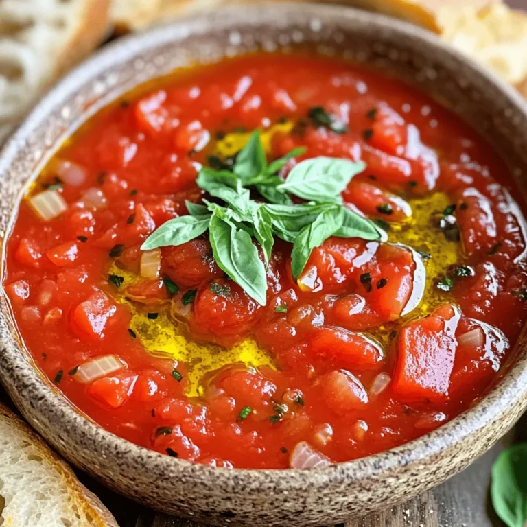 - 4 pounds ripe tomatoes, roughly chopped - 1 large onion, finely diced - 4 cloves garlic, minced - 2 tablespoons extra virgin olive oil The key to my homestyle canned tomato sauce starts with ripe tomatoes. They bring natural sweetness and bright flavor. Onions add depth, while garlic gives it a lovely aroma. Olive oil helps bind the flavors and adds richness. - 1 tablespoon sugar (optional, for balancing acidity) - 1 tablespoon dried oregano - 1 tablespoon dried basil - 1 teaspoon red pepper flakes (optional, for a spicy kick) - Salt and pepper to taste Seasonings turn simple sauce into something special. I often add sugar to cut the acidity of tomatoes. Oregano and basil offer classic Italian notes. Red pepper flakes can add a fun heat, perfect for those who like spice. - Fresh basil - Serving pairings like pasta or crusty bread A garnish of fresh basil brightens the dish. You can serve this sauce with pasta, on pizza, or alongside crusty bread. Each option adds a different layer of enjoyment to the meal. For the full recipe, check out the details above! Skin Removal Techniques To start, you may want to remove the skins for a smooth sauce. First, score the bottoms of the ripe tomatoes with an X. Then, blanch them in boiling water for 30 seconds. Quickly move them to an ice bath to stop the cooking. After cooling, the skins will come off with ease. Chopping Instructions Once peeled, chop the tomatoes into rough pieces. You can leave the seeds if you prefer a chunkier sauce. Set the chopped tomatoes aside for later use. Onion Preparation and Cooking Time In a large pot, heat two tablespoons of olive oil over medium heat. While the oil warms, finely dice one large onion. Add the onion to the pot and sauté it for about five minutes. Stir it often until it turns soft and translucent. Adding Garlic for Flavor Boost Next, add four minced garlic cloves to the pot. Stir them in and cook for another one to two minutes. Be careful not to let the garlic burn. Burnt garlic can ruin the sauce's taste. Mixing Ingredients for Optimal Flavor Now, it’s time to add those chopped tomatoes. Toss them into the pot along with one tablespoon of dried oregano, one tablespoon of dried basil, and salt and pepper to taste. If you like a hint of sweetness, add one tablespoon of sugar. Stir everything together well. Adjusting Heat and Cooking Duration Bring the mixture to a gentle simmer. Lower the heat to maintain a steady bubble. Let it simmer uncovered for 45 minutes to 1 hour. Stir it occasionally. The sauce will thicken and flavors will deepen. Adjust the cooking time based on how thick you want your sauce. Temperature Control for Simmering Keep your sauce at a low simmer. This lets the flavors blend well. If it bubbles too much, turn the heat down. A steady simmer helps your sauce thicken nicely. Tweaking Seasonings Based on Preference Taste your sauce during cooking. If it needs more flavor, add salt or herbs. Each cook has their own taste, so adjust as you like. You can also add a pinch of sugar to cut acidity. Using a Blender for a Smooth Finish For a silky sauce, use a blender. An immersion blender works great. Blend until you reach your desired smoothness. This makes the sauce rich and creamy. Maintaining Chunkiness for Rustic Appeal If you like a chunky sauce, skip the blender. Just chop the tomatoes and other veggies coarsely. This gives your sauce a hearty feel. It pairs well with pasta or as a dip. Essential Canning Procedures Use sterilized jars for canning. Fill them with hot sauce, leaving space at the top. Seal the jars and process them in boiling water. This keeps your sauce safe for months. Refrigeration vs. Freezing If you plan to eat soon, store the sauce in the fridge. It lasts about a week. For longer storage, freeze it in airtight containers. Label them with the date to track freshness. Check out the Full Recipe for more details on making this delicious sauce! {{image_4}} You can add heat to your sauce with red pepper flakes. Start with one teaspoon for a mild kick. If you want more heat, add more flakes as you taste. Other spices can also change the flavor. Try adding a pinch of smoked paprika for a smoky taste. A dash of cumin can bring warmth, while a sprinkle of thyme adds earthiness. To make your sauce vegetarian or vegan, swap out any meat base for extra veggies. You can use bell peppers, mushrooms, or zucchini for depth. Add a handful of spinach for color and nutrition. For a richer texture, blend in some pureed beans. Italian styles often use only basil and garlic for a classic taste. You can add a splash of red wine for depth. In Spain, you might use saffron and bell peppers. In India, consider adding cumin and coriander for a unique twist. Each variation brings its flavor, showing how versatile this sauce can be. Explore the [Full Recipe](#) for more details and tips! Cooling your sauce is key before storing it. If you skip this step, you risk spoilage. Let your sauce cool to room temperature for about 30 minutes. This helps keep bacteria away. For storage, use airtight containers. Glass jars or plastic containers work well. Fill them, leaving some space at the top. This room allows for expansion during freezing. You can keep your tomato sauce in the fridge for about one week. After that, it may lose flavor and freshness. Always check for signs of spoilage. If you see mold or notice off smells, toss it out. Safety first! Freezing is a great option for long-term storage. You can pour your cooled sauce into freezer bags or containers. Make sure to label them with the date. This keeps your freezer organized. Aim to use your sauce within six months for the best taste. After this time, it may lose flavor. When ready to use, thaw it overnight in the fridge or heat it directly from the freezer on low heat. For homestyle canned tomato sauce, I recommend using Roma tomatoes. They have fewer seeds and thicker flesh, which gives you a rich sauce. Heirloom tomatoes are also great. They offer unique flavors, but they can be juicier. Choose what you like best! Yes, you can use canned tomatoes. They are convenient and save time. Canned tomatoes are often picked at peak ripeness, giving you good flavor. However, they may contain added salt or preservatives. This can change the taste of your sauce. Always check the label before using! If your sauce is too thin, there are easy ways to fix it. First, let it simmer longer. This allows excess water to evaporate. You can also add tomato paste. It thickens the sauce and adds more flavor. Another option is to use a blender for a smoother texture. Try these methods to get the right thickness! In this blog post, I shared how to make homestyle canned tomato sauce. We covered key ingredients like ripe tomatoes, onion, and olive oil. I provided step-by-step instructions for preparing, sautéing, and simmering. You learned tips for perfecting the sauce and several tasty variations. Finally, I gave guidelines for storage and answered common questions. Making your sauce allows for creativity and customization. Enjoy the process and the flavors you create!