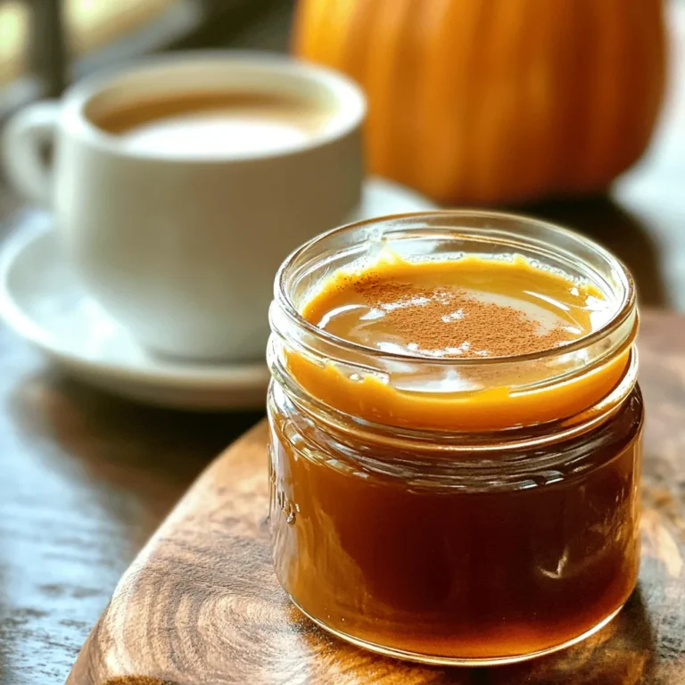 To make this syrup, you need a few main ingredients. Here’s the list: - 1 cup pure pumpkin puree - 1 cup coconut sugar (or substitute with brown sugar) - 1 cup water - 1 teaspoon pure vanilla extract - 1 teaspoon pumpkin pie spice - 1/4 teaspoon fine sea salt Pure pumpkin puree is key. It gives the syrup its rich flavor and creamy texture. Coconut sugar adds a nice sweetness and a hint of caramel. If you can't find coconut sugar, brown sugar works well too. The water helps blend everything together, making it easy to whisk. You can also try other sweeteners. Maple syrup is a great choice. It adds a warm, earthy flavor. Agave nectar is another option. It is lighter and has a mild taste. Each sweetener brings its own flavor and sweetness level. Just keep in mind that some may alter the syrup's texture. When choosing pumpkin puree, look for a can that says "100% pumpkin." Some brands mix in other ingredients, which can change the taste. You can also use fresh pumpkin. Cook it, scoop out the flesh, and blend it until smooth. This way, you get a fresh taste in your syrup. If you want to get really fancy, roast your pumpkin to enhance its sweetness. For the full recipe of Vegan Pumpkin Spice Coffee Syrup, check out the details above. Enjoy making this cozy, flavorful syrup! First, grab a medium saucepan. Add 1 cup of pure pumpkin puree, 1 cup of coconut sugar, and 1 cup of water. Use a whisk or spoon to mix them well. Keep stirring until everything blends into a smooth mixture. This step is key for a tasty syrup! Set the stove to medium heat and bring your mixture to a gentle boil. Once you see bubbles, lower the heat to low. Stir often to stop the syrup from sticking to the pan. This helps the syrup cook evenly and thickens it just right. When your mix simmers, add 1 teaspoon of pure vanilla extract and 1 teaspoon of pumpkin pie spice. Don't forget the 1/4 teaspoon of fine sea salt! These ingredients boost the flavor and make it taste amazing. Cook for another 10-15 minutes, stirring now and then. This lets the flavors blend and the syrup thicken. For the full recipe, check the earlier section. Getting the right syrup thickness is key. Start by simmering your mixture. Stir often to prevent burning. After about 10-15 minutes, check the consistency. If it coats the back of a spoon, you're on track! If you want it thicker, just simmer a bit longer. Remember, it will thicken more as it cools. To make your drink pop, drizzle the syrup over coffee or lattes. Use a squeeze bottle for easy pouring. You can also add a sprinkle of cinnamon on top for a cozy touch. If you want a fun twist, try it on pancakes or waffles. It adds a great flavor and looks beautiful. Don’t let any ingredients go to waste! Use leftover pumpkin puree in smoothies or baked goods. Mix it into oatmeal for a tasty breakfast. The coconut sugar can sweeten many dishes, too. Try it in baked treats or as a topping for yogurt. This way, you make the most of your ingredients while enjoying every bite. {{image_4}} To make an iced vegan pumpkin spice coffee, start with brewed coffee. Let it cool to room temperature. In a glass, add ice cubes and pour in the coffee. Next, drizzle in your homemade vegan pumpkin spice coffee syrup. Stir well to mix the flavors. If you want it sweeter, add more syrup. This drink is refreshing and perfect for warm days. Adding dairy-free milk can change your drink. Almond milk, oat milk, or soy milk works well. Choose one that you enjoy. Pour a splash into your brewed coffee before adding the syrup. This makes the drink creamy and smooth. Adjust the amount of milk to fit your taste. Each type of milk brings its own flavor, so feel free to experiment! You can create new flavors with your syrup. Try adding a hint of maple syrup for extra sweetness. A sprinkle of nutmeg can also enhance the fall taste. If you enjoy chocolate, mix in some cocoa powder. For a spicier kick, add a dash of cayenne pepper. Each twist will give your drink a unique flair. Don't be afraid to mix and match! For more ideas, check the Full Recipe for inspiration. To keep your vegan pumpkin spice coffee syrup fresh, store it in a clean glass jar. Make sure to use a jar with a tight lid. This helps to keep out air and moisture. After making the syrup, let it cool completely at room temperature. Once cool, seal the jar tightly and refrigerate it. Always use a clean spoon when scooping out syrup to avoid contamination. When stored correctly, your syrup lasts up to two weeks in the fridge. I recommend using it within this time for the best flavor. You can drizzle it over coffee, pancakes, or even oatmeal. If you want a stronger taste, try adding more syrup to your drink. Remember, a little goes a long way in bringing that cozy pumpkin spice flavor to your favorite meals. Check your syrup for signs of spoilage before using. If you see mold, discard it right away. A strange smell or off-taste is also a sign that the syrup is no longer good. Always trust your senses. If in doubt, it's better to be safe and throw it out. Keeping an eye on these signs will help you enjoy your homemade delight for as long as possible. Yes, you can! Brown sugar works well as a substitute. It gives a nice, rich flavor. You may also try maple syrup or agave nectar. These options add their own unique taste to the syrup. Feel free to experiment and find what you like best! This syrup lasts up to two weeks in the fridge. Store it in a sealed jar or bottle. Just make sure it cools down completely before sealing. If you notice any changes in smell or color, it’s best to toss it. There are so many ways to enjoy this syrup! Here are a few ideas: - Coffee: Add it to your morning cup for a sweet kick. - Lattes: Mix it into your favorite dairy-free milk for a creamy treat. - Oatmeal: Drizzle over warm oatmeal for extra flavor. - Baking: Use it in baked goods like muffins or pancakes. - Desserts: Top your vegan ice cream with this syrup for a fall twist. You can buy vegan pumpkin spice coffee syrup at specialty stores or online. Look for it in the coffee aisle or health food sections. You can also make your own using the Full Recipe I provided. Vegan pumpkin spice coffee syrup is simple and fun to make. We’ve covered everything from the key ingredients, like pumpkin and sweeteners, to perfecting flavors with extracts. I shared tips on achieving the right consistency and creative ways to serve. You can even try ice versions and dairy-free options! In the end, this syrup will add warm flavors to your coffee and treats. Enjoy your tasty creations, and don’t forget to store them right for lasting freshness. Embrace the spice and enjoy every sip!