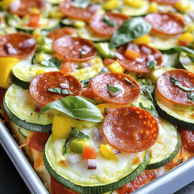 To make this tasty zucchini pizza casserole, gather the following items: - 4 medium zucchinis, sliced into thin rounds - 1 cup marinara sauce, plus extra for drizzling - 1 cup mozzarella cheese, shredded - 1/2 cup pepperoni slices (or your preferred toppings like cooked sausage or olives) - 1/2 cup bell peppers, diced (choose a medley of colors for vibrancy) - 1/4 cup red onion, finely chopped - 2 teaspoons Italian seasoning - 1 teaspoon garlic powder - Salt and pepper to taste - Fresh basil leaves for garnish For the best results, I recommend using high-quality brands. Some great options for marinara sauce include Rao’s and Prego. For mozzarella, look for fresh or low-moisture varieties from Galbani or Sargento. If you want to switch up flavors, try adding cooked sausage or olives in place of pepperoni. You can also mix different types of cheese, like cheddar or provolone, to suit your taste. If you have dietary needs, you can easily adapt this recipe. For a gluten-free option, ensure your marinara sauce is gluten-free. You can also swap regular cheese for dairy-free cheese or use a vegan Italian sausage. If you want to lower carbs, skip the marinara sauce and add more veggies instead. The beauty of this dish is its versatility, allowing you to make it fit your needs while keeping it delicious! First, set your oven to 375°F (190°C). This warms it just right for baking. Grab a 9x13-inch baking dish. Lightly grease it with oil or cooking spray to stop sticking. This step saves you from a messy cleanup later. In a large bowl, combine the sliced zucchinis with the marinara sauce. Add the Italian seasoning, garlic powder, and a sprinkle of salt and pepper. Mix well until each zucchini slice is coated. This makes every bite rich with flavor. Start by spooning half of the zucchini mixture into your greased baking dish. Spread it evenly across the bottom. This forms the base. Next, add half of the shredded mozzarella cheese on top. Follow that with half of the pepperoni, diced bell peppers, and chopped red onion. Repeat this layering process using the rest of the zucchini mixture. Finish with the remaining cheese and toppings. Now, cover your dish with aluminum foil and place it in the oven. Bake for 25 minutes. After that, remove the foil and bake for another 15 minutes. Look for bubbling cheese and a golden-brown crust. Once done, let it cool for a few minutes. For a fresh taste, sprinkle torn basil leaves on top. You can also drizzle some extra marinara sauce for added flavor. Enjoy your tasty creation! For a complete guide, check out the Full Recipe. When making zucchini pizza casserole, avoid using too much water. Zucchini can release water when cooked. This can make your dish soggy. To prevent this, salt the zucchini rounds before mixing them in the sauce. Let them sit for about 10 minutes, then pat them dry. Another mistake is overbaking. Keep an eye on the cheese. You want it golden and bubbly, not burnt. To boost flavor, use fresh herbs like basil or oregano. These herbs add a bright taste. You can also mix in a dash of red pepper flakes for heat. If you want a smokier flavor, opt for smoked mozzarella cheese. For a twist, try adding chopped olives or sun-dried tomatoes to the layers. They bring a unique taste and texture. For the best zucchini pizza casserole, bake it in a glass dish. Glass helps the heat spread evenly. Start by covering the dish with foil. This keeps moisture in during the first bake. After 25 minutes, remove the foil to let it crisp up. Let the dish rest for a few minutes before serving. This helps the layers set and makes it easier to slice. For the full recipe, check the earlier section. {{image_4}} You can easily make this casserole vegetarian or vegan. For a vegetarian twist, skip the meat and add more veggies. Use mushrooms, spinach, or zucchini instead of pepperoni. To make it vegan, swap the mozzarella with a plant-based cheese. Look for brands that melt well. You can also use silken tofu blended with nutritional yeast for a creamy texture. Get creative with your toppings! Instead of pepperoni, try cooked sausage or olives for a salty bite. You can also add fresh spinach or artichokes for a healthy touch. If you want a spicy kick, sprinkle some red pepper flakes on top. Mix and match your favorites to find your perfect flavor combo. Cheese can change the whole dish. While mozzarella is classic, you can use provolone or gouda for a richer taste. If you like a sharper flavor, try cheddar or parmesan. For a creamier finish, blend in ricotta or cream cheese. Each cheese adds a unique twist to the casserole while keeping it tasty and fun. For the full recipe, check out the Full Recipe section. Enjoy your cooking! To keep your zucchini pizza casserole fresh, store it in an airtight container. Make sure it cools completely before sealing it. Place it in the fridge where it will last for about 3 to 4 days. If you want to save space, you can also slice it into portions before storing. This way, you can grab a piece quickly when you're hungry. When you're ready to enjoy your leftovers, preheat your oven to 350°F (175°C). Place the casserole in an oven-safe dish and cover it with foil. Bake for about 20 minutes. This keeps the moisture in and warms it evenly. For a crispy top, remove the foil for the last 5 minutes. You can also reheat individual pieces in the microwave. Just heat for about 1 to 2 minutes, checking to ensure it’s hot all the way through. If you want to keep your casserole for longer, freezing is a great option. First, let it cool completely. Then, slice it into portions and wrap each piece tightly in plastic wrap. Place the wrapped pieces in a freezer-safe bag. This helps prevent freezer burn. Your casserole will stay fresh in the freezer for up to 3 months. When you’re ready to eat, thaw it in the fridge overnight before reheating. For the full recipe, check out the complete guide! Baking Zucchini Pizza Casserole takes about 40 minutes in total. First, you bake it covered for 25 minutes. Then you uncover it and bake for another 15 minutes. This method ensures the cheese melts well and the top gets crispy. Yes, you can make this casserole ahead of time. Prepare the dish up to the point of baking. Cover it well and store it in the fridge for up to 24 hours. When ready to bake, just add a few extra minutes to the cooking time. This casserole pairs well with a fresh salad or garlic bread. You can also serve it with steamed vegetables or a light soup. These sides balance the rich flavors of the casserole and add freshness to your meal. For the full recipe, check out the detailed instructions above. This blog post covered key ingredients, instructions, tips, and variations for a delicious Zucchini Pizza Casserole. I shared essential brands, substitutions, and steps for perfect results. Always avoid common mistakes and enhance flavors for the best taste. Remember to store leftovers properly and heat them for full flavor. Take this recipe and make it your own with fun variations. Enjoy cooking and experimenting in your kitchen. This dish can be a hit for everyone!