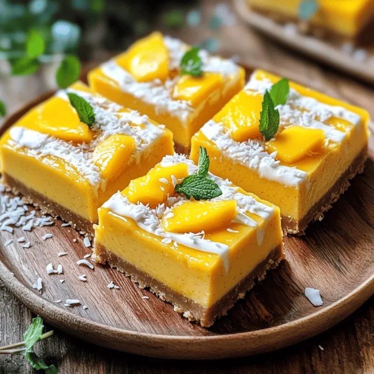 To make Vegan Mango Cheesecake Bars, you'll need some simple and wholesome ingredients. Here’s the list: - 1 ½ cups raw cashews (soaked in water for at least 4 hours) - 1 cup mango puree (fresh or canned) - ¼ cup coconut cream - ¼ cup maple syrup - 2 tablespoons freshly squeezed lemon juice - 1 teaspoon pure vanilla extract - 1 ½ cups almond flour - ½ cup Medjool dates (pitted and roughly chopped) - 1 teaspoon ground cinnamon - Pinch of fine sea salt These ingredients blend together to create a creamy and dreamy dessert. The cashews give a rich texture, while the mango adds a sweet and fruity flavor. Coconut cream makes it extra smooth, and maple syrup provides a natural sweetness. The almond flour and dates form a delicious crust that balances the filling. You’ll love how these simple ingredients work together to make a tasty treat. For the full recipe, please check the earlier section. - Combine almond flour, dates, cinnamon, and salt in a food processor. - Pulse until crumbly and sticks together when pressed. Making the crust is simple. First, gather your almond flour, pitted Medjool dates, ground cinnamon, and a pinch of sea salt. Add these to your food processor. Blend until the mixture gets a crumbly texture. It should cling together when you press it with your fingers. If it feels too dry, add a little water, one tablespoon at a time. - Line an 8x8 inch baking pan with parchment paper. - Press the crust mixture firmly into the bottom of the pan. Next, take an 8x8 inch baking pan and line it with parchment paper. Make sure the paper hangs over the edges. This helps with easy removal later. Now, firmly press the crust mixture into the bottom of the pan. Use your hands or the back of a measuring cup to make it even and compact. - Drain soaked cashews and blend with mango puree, coconut cream, maple syrup, lemon juice, and vanilla until smooth. Now, let’s create the filling. First, drain the soaked raw cashews. Add these to the food processor. Then, pour in the mango puree, coconut cream, maple syrup, fresh lemon juice, and vanilla extract. Blend everything on high until it becomes smooth and creamy. If needed, stop to scrape the sides for an even mix. - Spread the cheesecake filling evenly over the crust in the baking pan. Once the filling is ready, carefully pour it over the crust in the pan. Use a spatula to spread it evenly. Smooth the top to make it look nice. - Cover and refrigerate for at least 4 hours or freeze for about 2 hours. Now, cover the pan tightly with plastic wrap. Place it in the fridge for at least 4 hours to let it set. If you're in a hurry, you can freeze it for about 2 hours instead. - Lift out of the pan using parchment paper and slice into bars. When the bars are set, lift them out using the parchment paper. Place on a cutting board and cut into squares or rectangles. Enjoy your creamy, vegan mango cheesecake bars. They are sure to impress! For the full recipe, check out the earlier section. To achieve the best texture, soak your cashews well. I suggest soaking them for at least 4 hours. This step makes them soft and creamy. It helps create that smooth filling you desire. Next, use a high-speed blender. A powerful blender will blend the filling until it is silky and lump-free. If you don’t have one, a food processor works, but it may take longer. For a pretty touch, garnish your cheesecake bars with fresh mango slices. This adds color and flavor. You can also drizzle coconut cream on top. It makes each bite rich and tasty. Both options elevate the dessert and impress your guests. Serve your cheesecake bars on a decorative plate. This makes the dessert look special. Adding fresh mint leaves can brighten the dish. You might sprinkle coconut flakes on top for added texture. This simple trick gives your bars that professional look. Enjoy presenting this delightful treat! {{image_4}} You can make these bars even more fun! Try using different fruit purees. Passion fruit adds a bold twist, while raspberry gives a tart flavor. Each fruit brings its own taste and color to the bars. This keeps things fresh and exciting. If you want to switch up the sweetness, you can use other options. Agave nectar works well instead of maple syrup. Date syrup is another great choice. Both options add a unique flavor and keep the bars sweet. For those who need a nut-free treat, I have a simple swap. Use sunflower seed flour instead of almond flour. This keeps the crust tasty and safe for those with nut allergies. You won’t even miss the almonds! These variations help you tailor the vegan mango cheesecake bars to your taste. Try them all, and see what you like best! For the full recipe, check out the section above. Store your vegan mango cheesecake bars in an airtight container. They stay fresh for up to 5 days in the fridge. This makes them a great make-ahead treat for any occasion. You can freeze these bars too! They keep well for up to 2 months. Just remember to thaw them in the fridge before serving. This way, they will taste fresh and creamy, just like when you first made them. Yes, these bars can be prepared 1-2 days in advance. This makes them great for events or busy weeks. Just store them in the fridge, and they will stay fresh. I love making them ahead to save time. The filling should be firm to the touch and hold its shape when sliced. After chilling, gently press the filling with your finger. If it feels solid, you’re good! This ensures perfect slices for serving. Yes, feel free to substitute cashews with other nuts like walnuts or pecans. Each nut brings a unique flavor and texture. I often switch it up based on what I have at home. Experimenting makes cooking fun! This blog post shared a simple recipe for vegan mango cheesecake bars. You learned the essential ingredients, step-by-step instructions, and creative serving tips. I also offered variations for flavor and storage ideas. Making these bars is easy and fun. They are perfect treats for any occasion. Enjoy your delicious, healthy dessert and feel free to experiment with flavors. You can personalize your mango cheesecake bars to make them truly yours. Happy baking!