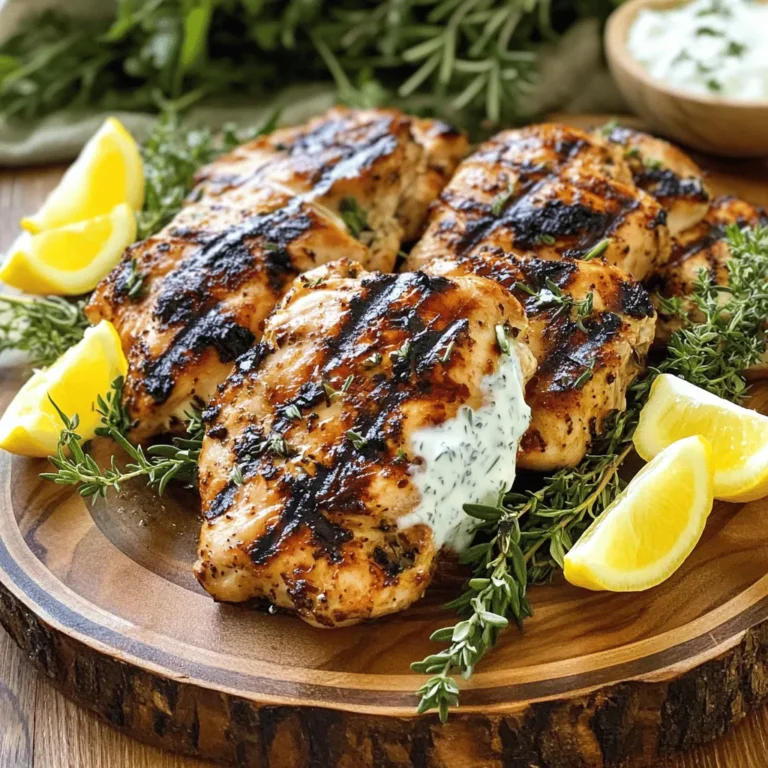To make your ultimate grilled chicken marinade, gather these key items: - 1 cup plain Greek yogurt - 2 tablespoons extra virgin olive oil - 3 tablespoons freshly squeezed lemon juice - 3 cloves garlic, finely minced - 1 tablespoon fresh rosemary, finely chopped - 1 tablespoon fresh thyme, finely chopped - 1 teaspoon smoked paprika - 1 teaspoon chili powder - Salt and freshly ground black pepper to taste These ingredients work together to create a creamy, tangy, and flavorful base. The Greek yogurt adds depth, while the herbs bring fresh notes. You can take your marinade to the next level with these optional ingredients: - 1 tablespoon honey for sweetness - 1 teaspoon Dijon mustard for zest - A splash of soy sauce for umami Adding these extras can give your chicken a unique twist. Honey balances the acidity, while mustard adds a lovely kick. Soy sauce brings in a savory depth that complements the chicken. If you need to swap any ingredients, don’t worry! Here are some easy substitutions: - Use sour cream instead of Greek yogurt for tanginess. - Swap the herbs with Italian seasoning for a different flavor. - Lemon juice can be replaced with lime juice for a citrus twist. These swaps will still keep your marinade delicious. Feel free to mix and match based on what you have at home. The goal is to create a marinade that suits your taste. To make the marinade, start with a medium bowl. Add 1 cup of plain Greek yogurt. This yogurt gives a creamy base and helps tenderize the chicken. Next, pour in 2 tablespoons of extra virgin olive oil. This adds richness and depth to the flavor. Squeeze in 3 tablespoons of fresh lemon juice. The acidity brightens the taste. Now, finely mince 3 cloves of garlic and add them to the bowl. Garlic brings a wonderful aroma and flavor. Next, chop 1 tablespoon each of fresh rosemary and fresh thyme. These herbs add a nice herbal note. Then, sprinkle in 1 teaspoon of smoked paprika and 1 teaspoon of chili powder. These spices bring warmth and a hint of smokiness. Finally, season with salt and freshly ground black pepper to taste. Mix everything well until smooth. The marinade should look creamy and inviting. Now it’s time to marinate the chicken. Choose your chicken parts, like breasts, thighs, or drumsticks. Place them in a large zip-top bag or a shallow dish. Pour the marinade over the chicken, ensuring every piece gets coated. This helps lock in flavor. Seal the bag or cover the dish with plastic wrap. Refrigerate the chicken for at least 1 hour. For even better taste, marinate it for 4 to 6 hours or overnight. The longer the chicken sits, the more flavorful it becomes. When you are ready to grill, preheat your grill to medium-high heat. This ensures a good sear on the chicken. Take the chicken out of the marinade and let any excess drip off. Place the chicken on the hot grill. Cook for about 6 to 8 minutes on each side. The time may vary based on thickness. Use a meat thermometer to check for doneness. The internal temperature should reach 165°F (75°C). Once cooked, remove the chicken from the grill. Let it rest on a cutting board for about 5 minutes. This resting period helps the juices settle, making the chicken juicy. Serve the chicken whole or sliced, and enjoy the flavors you created with your Ultimate Grilled Chicken Marinade! For the best taste, marinate your chicken for at least one hour. If you have more time, aim for four to six hours. This longer time allows the marinade to soak in and gives your chicken a rich flavor. If you want a super tasty outcome, consider marinating overnight. Just remember, too long can make the chicken mushy. Start with a hot grill. Preheat to medium-high heat before adding the chicken. This step helps you get a nice sear. Place the chicken on the grill and resist the urge to move it too much. Let it sit for about six to eight minutes on each side. Use a meat thermometer to check that the thickest part hits 165°F (75°C). This ensures even cooking and a safe meal. To keep your chicken juicy, let it rest after grilling. Resting for five minutes redistributes the juices inside. Another tip is to avoid overcooking. Use a meat thermometer to monitor the temperature closely. If you feel the chicken is done, take it off the grill right away. These small steps make a big difference. For a full recipe, check out the Ultimate Grilled Chicken Marinade. {{image_4}} To spice up your chicken, add more heat. You can use cayenne pepper or hot sauce. Just mix these into your marinade. Start with a small amount, like ½ teaspoon of cayenne. Adjust to your taste. You’ll get a nice kick! This spicy version is great for those who love bold flavors. Herbs can change the whole taste of your chicken. You can try different herbs for variety. Fresh basil, cilantro, or parsley work well. Just chop them up and mix them in the marinade. Each herb gives a unique flavor. This fun twist keeps your meals exciting! Grilling is not the only way to cook chicken. You can use your oven or a skillet instead. For oven cooking, preheat to 400°F (200°C). Place the chicken on a baking sheet. Bake for 25-30 minutes, or until it reaches 165°F (75°C). For skillet cooking, heat some oil in a pan. Cook the chicken for about 6-8 minutes on each side. Both methods yield juicy, tasty chicken just like on the grill. Don't forget to check the Full Recipe for more details! You may have extra marinade after grilling. You can store it in the fridge. Place it in a clean, airtight jar. Use it within three days for the best flavor. If you want to keep it longer, freeze it in small portions. This way, you can use it later for other dishes. To reheat grilled chicken, start by preheating your oven to 350°F (175°C). Place the chicken in a baking dish. Add a splash of water or broth to keep it moist. Cover the dish with aluminum foil. Heat for about 15 to 20 minutes. If you prefer, you can use a microwave. Heat in short bursts, checking every minute to avoid drying it out. Marinated chicken must be stored properly. If you don’t cook it right away, keep it in the fridge. Use a sealed container or a zip-top bag. It can stay fresh for up to two days. After that, it’s best to cook it. Once cooked, you can store grilled chicken in the fridge for up to four days. Always check for any off smells before eating. Enjoy your ultimate grilled chicken marinade from the Full Recipe! You should marinate chicken for at least 1 hour. This time allows the flavors to soak in well. For a richer taste, aim for 4 to 6 hours. If you can, marinate it overnight. This longer time gives the chicken a tender and juicy texture. Yes, you can freeze marinated chicken! Place the marinated chicken in a zip-top bag. Remove as much air as you can before sealing. Label the bag with the date. You can freeze it for up to 3 months. When you're ready to cook, thaw it in the fridge overnight. The best way to check if chicken is done is by using a meat thermometer. Insert it into the thickest part of the chicken. It should read 165°F (75°C). If you don't have a thermometer, you can cut into the chicken. The juices should run clear, not pink. This guide covered all you need for the perfect marinade. We explored key ingredients, cooking steps, and tips to enhance flavor. I shared fun variations to keep meals exciting. Remember to store marinated chicken properly to keep it fresh. Use the grilling tips to ensure your chicken is juicy and tender. With these steps, you can make delicious grilled chicken every time. Enjoy the cooking journey and don’t hesitate to experiment with flavors!