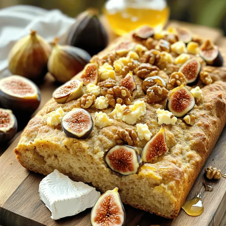 Gather the following ingredients to make Fresh Fig and Walnut Soda Bread: - 2 cups whole wheat flour - 1 cup all-purpose flour - 1 teaspoon baking soda - 1 teaspoon salt - 1 cup chopped fresh figs (about 10-12 figs) - ½ cup chopped walnuts - 1 tablespoon honey - 1 ¼ cups buttermilk (or substitute with milk mixed with 1 tablespoon vinegar) Using the right amounts is key for great bread. Here are the specific quantities: - Whole wheat flour: 2 cups for a hearty base - All-purpose flour: 1 cup for lightness - Baking soda: 1 teaspoon for rising - Salt: 1 teaspoon for flavor - Fresh figs: 1 cup, chopped for sweetness - Walnuts: ½ cup, chopped for crunch - Honey: 1 tablespoon for a hint of sweetness - Buttermilk: 1 ¼ cups to keep the bread moist You can enhance the flavor with these add-ins: - Cinnamon: A teaspoon can add warmth. - Rosemary: A teaspoon of fresh rosemary adds a herbal touch. - Orange zest: A teaspoon for a citrus kick. Feel free to mix and match to create your perfect loaf! For the complete recipe, check the Full Recipe section above. Start by preheating your oven to 400°F (200°C). This temperature is perfect for baking soda bread. While the oven heats, prepare your baking sheet by lining it with parchment paper. This makes cleanup easy and helps the bread not stick. In a large mixing bowl, combine 2 cups of whole wheat flour, 1 cup of all-purpose flour, 1 teaspoon of baking soda, and 1 teaspoon of salt. Whisk these ingredients together well. This mixing helps distribute the baking soda evenly. It also prevents clumping, which can cause uneven baking. Next, take 1 cup of chopped fresh figs and ½ cup of chopped walnuts. Carefully fold these into the flour mixture. Use a spatula or your hands to gently mix them in. Be careful not to mash the figs as you fold. You want to keep their shape for texture in the bread. In another bowl, prepare your wet mixture. Combine 1 ¼ cups of buttermilk with 1 tablespoon of honey. Whisk these together until the honey fully dissolves. This mixture adds moisture and sweetness to your dough. Now, pour the wet ingredients into the dry ingredients. Mix gently with a spatula or your hands until a shaggy dough forms. The dough should be slightly sticky with visible flour lumps. Avoid overworking it, as this can lead to tough bread. Lightly flour a clean surface and transfer the dough onto it. Shape the dough into a round loaf about 1.5 inches thick. Be gentle to keep air pockets in the dough. Place the loaf on your prepared baking sheet. Using a sharp knife, score an X across the top. This helps the bread bake evenly and lets steam escape. Finally, bake your loaf in the preheated oven for 30-35 minutes. Check if it’s done by tapping the bottom. If it sounds hollow, it’s ready! The bread should have a deep golden brown color. Once baked, let it cool on a wire rack for at least 15 minutes before slicing. This resting time helps the flavors develop and makes slicing easier. For the full recipe, follow the details above. To avoid overworking the dough, mix gently. When you combine the wet and dry ingredients, use a spatula or your hands. Stop mixing once the dough looks shaggy. This keeps air in the dough, making it light and fluffy. If you knead too much, the bread can become dense. Remember, a little stickiness is good! Accurate measurements are vital for great bread. Use dry measuring cups for flour. Scoop the flour and level it off with a knife. Avoid packing it down. For liquids, use a clear liquid measuring cup. Pour in the buttermilk until it reaches the line. This ensures the right amount, which helps the bread rise well. Once your bread is out of the oven, let it cool on a wire rack. This prevents sogginess. Wait at least 15 minutes before slicing. Serve it warm for the best taste. Pair your bread with creamy goat cheese and a drizzle of honey. Add whole figs and walnuts for a beautiful display. This makes for a delightful treat! For the complete process, check the Full Recipe. {{image_4}} You can easily switch walnuts for other nuts. Almonds, pecans, or hazelnuts work well in this recipe. Each nut brings a unique flavor. Almonds add a sweet crunch. Pecans offer a buttery taste. Hazelnuts give a rich, earthy note. Just chop the nuts and fold them in like you do with walnuts. This small change can make a big difference. Adding herbs or spices can elevate your soda bread. Try mixing in fresh rosemary for an aromatic touch. Thyme adds a lovely depth of flavor. For a hint of warmth, consider cinnamon or nutmeg. These spices blend well with the figs. A pinch of sea salt on top before baking can enhance all the flavors. Experiment with what you like best to make it your own. If you need a gluten-free soda bread, it is simple to adjust the recipe. Substitute whole wheat and all-purpose flour with a gluten-free flour blend. Make sure the blend has a good binding agent like xanthan gum. This will help the bread hold together. You may need to adjust the liquid slightly. Keep an eye on the dough; it should still be sticky. This way, everyone can enjoy fresh fig and walnut soda bread! To keep your Fresh Fig and Walnut Soda Bread fresh, place it in a paper bag. This bag allows the bread to breathe, keeping the crust crisp. Do not seal it in plastic. Plastic traps moisture and makes the crust soft. Store the bag at room temperature for up to three days. If you find the bread getting stale, toasting it can bring back some life. For long-term storage, freezing is best. First, let the bread cool completely. Then, wrap it tightly in plastic wrap. After that, place it in a freezer bag and remove as much air as possible. This method helps to keep the bread's flavor and texture. You can freeze it for up to three months. When you are ready to enjoy, thaw it overnight in the fridge. To reheat your bread, preheat your oven to 350°F (175°C). Remove the plastic wrap and place the bread directly on the oven rack. Bake for about 10-15 minutes until warmed through. This method revives the crust's crunch and keeps the inside soft. Alternatively, you can slice the bread and toast it in a toaster for quick serving. Enjoy your soda bread warm for the best taste! Yes, you can use dried figs. They add a nice sweetness, but they change the texture. Dried figs are chewier and less juicy than fresh ones. If using dried figs, chop them smaller. Soak them in warm water for about 10 minutes to soften. This helps bring back some moisture. Remember, the taste will be sweeter with dried figs. This bread pairs well with many foods. Try spreading cream cheese or goat cheese on a warm slice. A drizzle of honey on top adds extra sweetness. You can also enjoy it with fresh fruit like cheese or charcuterie. It makes a great snack or breakfast. Look for a golden brown crust. Tap the bottom; it should sound hollow. You can also use a thermometer. The inside should reach 190°F (88°C). If it sounds hollow and is golden, it’s done. Trust your senses and check for these signs. Fresh Fig and Walnut Soda Bread lasts about 2-3 days at room temperature. Keep it wrapped in a cloth or in a bread box. For longer storage, freeze it. Wrap it tightly in plastic wrap and then foil. It will stay good for up to 3 months in the freezer. Yes, you can make it vegan! Replace buttermilk with almond milk mixed with a tablespoon of lemon juice. Use maple syrup or agave instead of honey. This keeps the taste but makes it suitable for vegans. These simple swaps work well. Buttermilk adds moisture and flavor. It helps make the bread soft and tender. The acidity in buttermilk also reacts with baking soda. This reaction creates bubbles, making the bread rise. It gives the bread a nice crumb and a slightly tangy taste. This blog covered how to make Fresh Fig and Walnut Soda Bread. We explored key ingredients, from whole wheat flour to buttermilk, and discussed measurements for success. You learned step-by-step instructions on preparing, baking, and serving the bread. We also shared tips for texture and variations, like gluten-free alternatives. Making good soda bread is fun and rewarding. It adds a flavorful touch to any meal. With these tips, you can bake confidently and share your tasty creations with others. Enjoy your baking adventure!