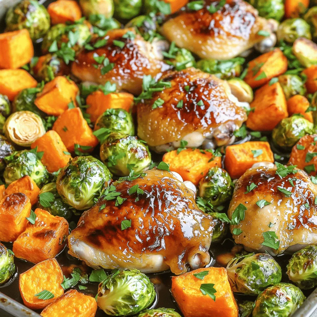 - 4 bone-in, skin-on chicken thighs - 2 cups Brussels sprouts, halved - 1 large sweet potato, peeled and diced into cubes - 1 red onion, peeled and cut into wedges - 1 cup baby carrots, trimmed - 1 teaspoon sea salt - 1/2 teaspoon freshly ground black pepper - 1 teaspoon garlic powder - 1 teaspoon dried thyme - 3 tablespoons pure maple syrup - 1 tablespoon balsamic vinegar - 1/2 cup low-sodium chicken broth Gather these ingredients before you start cooking. The chicken thighs give great flavor and texture. The fresh veggies add color and nutrition. The seasonings bring out the best in each ingredient. Maple syrup and balsamic vinegar provide a sweet and tangy kick. Together, these ingredients create a dish that warms your heart. For the full recipe, check out One Pan Harvest Chicken and Maple Veggies. - Preheat your oven to 400°F (200°C). This step is key for even cooking. - Pat the chicken thighs dry with paper towels. This helps the skin get crispy. - Rub each thigh with olive oil. Then, season them with sea salt, black pepper, garlic powder, and thyme. - Take a large, oven-safe skillet and place the chicken thighs skin-side up in the center. - Surround the chicken with halved Brussels sprouts, sweet potato cubes, onion wedges, and baby carrots. This helps all the flavors blend. - Drizzle pure maple syrup and balsamic vinegar over the veggies. This adds sweetness and tang. Pour chicken broth into the pan and gently toss the vegetables. - Bake in the oven for 30-35 minutes. The chicken should reach 165°F (75°C) inside. The veggies should be fork-tender. - For crispy skin, switch to broil and cook for another 3-5 minutes. Keep an eye on it to avoid burning. This One Pan Harvest Chicken and Maple Veggies recipe is simple yet packed with flavor. Enjoy your meal! For the complete recipe, check out the Full Recipe section. To get that delicious roast, always preheat your oven. A hot oven helps the chicken cook evenly. I recommend using a meat thermometer. This tool ensures your chicken reaches 165°F (75°C) safely. It also keeps the chicken juicy and tender. Adjusting seasoning can make a big difference. If you like spice, add some paprika or cayenne pepper. You can also swap dried thyme for rosemary or oregano. Each herb brings its own unique taste to the dish. Feel free to experiment with what you have on hand. For a stunning plate, serve the dish straight from the skillet. This method gives a rustic, homey feel. If you prefer individual plates, arrange the chicken and veggies nicely. A drizzle of extra maple syrup adds shine and color. Don’t forget to sprinkle fresh parsley on top. It brightens the dish and adds a fresh touch. {{image_4}} You can switch up the veggies in this dish. Try using: - Cauliflower florets - Butternut squash, diced - Green beans, trimmed - Zucchini, sliced These options add new flavors and textures. Choose seasonal vegetables for freshness. In fall, use root veggies like parsnips or turnips. In summer, go for bell peppers and zucchini. Using what's in season helps your dish taste great and supports local farms. If you want to change the protein, there are many choices. Use: - Bone-in chicken breasts - Pork chops, bone-in - Turkey thighs You can even make it vegetarian or vegan! Swap chicken for hearty options like: - Chickpeas, drained and rinsed - Firm tofu, cubed and pressed - Tempeh, sliced These proteins will soak up the delicious flavors of the dish. For a different taste, you can alter the sweeteners. Instead of maple syrup, try: - Honey - Agave nectar - Brown sugar Each sweetener brings a unique touch. Want some heat? Add spices like: - Red pepper flakes - Paprika - Chili powder These changes will make your dish stand out and keep your taste buds excited. For the full recipe, check the details above. To store leftovers, let the dish cool first. Place the chicken and veggies in an airtight container. This helps keep them fresh. Store in the fridge for up to three days. For best taste, eat them within this time. To reheat, use the oven or microwave. If using the oven, preheat to 350°F (175°C). Cover the dish with foil to keep moisture in. Heat for about 15-20 minutes or until hot. If using a microwave, place in a safe dish and heat in short bursts. Stir between bursts to ensure even warmth. You can prepare this meal in advance for busy days. Start by chopping the veggies a day before. Store them in the fridge in a sealed bag. This keeps them fresh and ready to go. If you want to freeze the dish, cook it first. Let it cool completely, then place it in a freezer-safe container. It can stay in the freezer for up to three months. When ready to eat, thaw in the fridge overnight. Reheat as described above. In the fridge, this dish lasts about three days. Look for signs of spoilage like a sour smell or strange colors. If you notice any changes, it’s best to toss it. Always trust your senses when it comes to food safety. Cooking One Pan Harvest Chicken and Maple Veggies takes about 50 minutes. This includes 15 minutes for prep and 35 minutes to cook. You will love how fast it comes together! The chicken thighs cook until they reach 165°F (75°C). This ensures they are safe to eat and juicy. The veggies will be tender and full of flavor. You can use frozen chicken, but there are some things to think about. First, frozen chicken takes longer to cook. Be sure to add extra time to your cooking. You can also thaw the chicken in the fridge overnight for best results. This helps the chicken cook evenly. Always check the internal temperature to be sure it is safe. To reheat leftovers, I suggest using the oven or microwave. If you use the oven, preheat it to 350°F (175°C). Place the chicken and veggies in a dish, cover with foil, and heat for about 20 minutes. If you choose the microwave, heat in short bursts. Stir the food in between to keep it moist and tasty. Enjoy your delicious meal again! This blog post shared a tasty One Pan Harvest Chicken and Maple Veggies recipe. We discussed key ingredients, like bone-in chicken thighs and fresh vegetables. You learned simple steps to prepare and cook the dish, plus tips for getting it just right. We looked at variations, storage, and reheating methods. Now you can enjoy a delicious meal without the hassle. Try this recipe and make it your own!