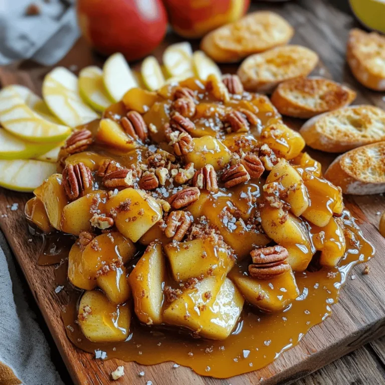 The Caramel Apple Pie Butter Board needs simple yet rich ingredients. Here’s what you will need: - 1 cup unsalted butter, softened - 2 cups Granny Smith apples, peeled & diced - 1/2 cup packed brown sugar - 1 teaspoon ground cinnamon - 1/4 teaspoon ground nutmeg - 1 tablespoon fresh lemon juice - 1/2 cup caramel sauce - 1/2 cup chopped pecans or walnuts (optional) - 1-2 cups toasted crostini or crisp apple slices - Flaky sea salt for garnish Each ingredient plays a role in creating that warm, comforting taste. The Granny Smith apples bring tartness, which balances the sweet caramel. Brown sugar adds depth, while cinnamon and nutmeg give warmth. Lemon juice brightens the mix. When you melt the butter, it forms a creamy base. The caramel sauce drizzled over the apples adds a gooey sweetness. If you choose to add nuts, they will give a nice crunch. Finally, flaky sea salt enhances all these flavors. You can find the full recipe for this delightful treat [here](#). Prepare to impress your friends and family! - In a medium saucepan, combine diced Granny Smith apples, brown sugar, ground cinnamon, ground nutmeg, and fresh lemon juice. - Cook over medium heat for 5-7 minutes. Stir occasionally until the apples are tender and caramelized. Cooking the apples is key. The sugar helps them become sweet, while the spices add warmth. The lemon juice brightens the flavor, making it pop. You want the apples to be soft but not mushy. The perfect mix will smell heavenly! - Take a large serving board and spread softened butter evenly across the surface. - Carefully layer the warm caramelized apples over the butter. The butter acts as a rich base. It helps the apples stick and adds creaminess. Make sure to cover the board well. This step sets the stage for the sweet treats to come. - Generously drizzle caramel sauce over the apples. - If you like, sprinkle chopped pecans or walnuts on top. Finish with a pinch of flaky sea salt. The caramel sauce enhances the sweetness and creates a lovely glossy finish. The nuts give a nice crunch, while the sea salt balances the flavor. This dish looks amazing and tastes even better! You can serve it with toasted crostini or crisp apple slices. Don't forget to check out the Full Recipe for more details! For this recipe, I recommend using tart apple varieties. Granny Smith apples work great. Their tartness balances the sweet caramel. Honeycrisp apples are another excellent choice. They add a nice crunch and flavor. Make sure your butter is at room temperature. Softened butter spreads easily on the board. This creates a smooth base for the apples. If the butter is too cold, it will not spread well. Feel free to experiment with spices. Add a pinch of cloves for warmth. You could also try vanilla extract for extra depth. These little tweaks can elevate the taste. Each bite can become even more delightful. {{image_4}} You can easily add a twist to your butter board. Incorporate chocolate chips. Just sprinkle them over the caramelized apples. You can also drizzle melted chocolate on top. This adds rich flavor and a fun look. Do you have nut allergies? No problem! Replace the nuts with seeds like pumpkin or sunflower seeds. If you prefer, you can skip the nuts entirely. Your butter board will still taste amazing! Feel free to switch up the flavors! Use different nut butters, like almond or cashew. You can also try flavored butter spreads. Each variation brings a new taste and experience. Keep your Caramel Apple Pie Butter Board in the refrigerator. Use an airtight container to keep it fresh. This helps to maintain the flavors and textures. For the best taste, enjoy this treat within 2-3 days. After that, the apples may lose their crispness. If you want to serve it warm, gently warm it in the microwave. Heat it in short bursts to avoid cooking the apples again. This helps to bring back the cozy, warm flavors that make this dish so special. A butter board is a fun and tasty way to serve butter. You take a large board and spread softened butter across it. Then, you add delicious toppings. It’s like a charcuterie board, but with butter! You can use sweet or savory toppings. The Caramel Apple Pie Butter Board uses caramelized apples, cinnamon, and nuts for a sweet treat. It’s perfect for sharing at parties or family gatherings. Yes, you can prep this butter board ahead! Make the caramelized apples and store them in the fridge. Just keep them in an airtight container. You can spread the butter on the board when you are ready to serve. Then, layer the apples and drizzle the caramel sauce. This way, you save time and still enjoy a fresh dish. Yes, you can make a vegan version! For the butter, use coconut oil or vegan butter. You can also make your own caramel using coconut milk and brown sugar. This way, you keep the same flavors but make it vegan-friendly. Enjoy the same delicious taste while being kind to dietary needs! This butter board recipe is simple, fun, and full of flavor. We started with caramelized apples and buttery goodness, then added our favorite toppings. You can adjust the recipe to fit your taste. Use different apples, add nuts, or go nut-free. Remember, store leftovers well to keep them fresh. This dish is perfect for sharing and can fit any diet with easy swaps. Enjoy making your own version of this tasty treat!