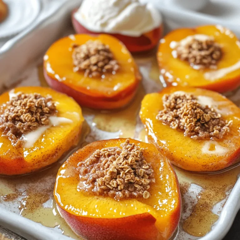 - 4 ripe peaches, halved and pitted - 2 tablespoons unsalted butter, melted - 1/4 cup brown sugar - 1 teaspoon ground cinnamon - 1/2 teaspoon vanilla extract - Pinch of salt - 1/2 cup granola (optional, for topping) - Vanilla ice cream or whipped cream (for serving, optional) When I make cinnamon sugar baked peaches, I love to use ripe peaches. They should feel slightly soft when you press them. This step ensures they bake well and taste sweet. The unsalted butter gives the dish richness. I always melt it before pouring it over the peaches. Brown sugar adds a deep sweetness. You can also use light brown sugar if that’s what you have. Ground cinnamon brings warmth and spice, making this dessert so cozy. I mix it with a pinch of salt to balance the sweetness. For extra flavor, I add vanilla extract. It makes the peaches even more delicious. If you want a crunchy topping, sprinkle granola on top before serving. And, of course, a scoop of vanilla ice cream or a dollop of whipped cream makes this treat even better. - Alternative sweeteners: Use honey or maple syrup instead of brown sugar. - Butter substitutes: Try coconut oil or margarine if you want a dairy-free option. - Dairy-free options: Serve with coconut whipped cream instead of regular whipped cream. Feel free to mix and match these substitutions based on what you have. This flexibility makes the recipe fun and easy to adapt! If you want to explore more, check out the Full Recipe for all the details. 1. Preheat the oven to 350°F (175°C). This helps the peaches bake evenly. 2. In a small bowl, mix together the brown sugar, cinnamon, and a pinch of salt. This blend adds a sweet and spicy kick. 3. Arrange the peach halves in a baking dish. Place them cut side up for a lovely look. 1. Drizzle the melted butter over each peach half. This adds richness and flavor. 2. Generously sprinkle the cinnamon sugar mixture on top of the peaches. Make sure each half is well covered. 3. Add the vanilla extract evenly over the peaches. This will enhance their natural sweetness. 4. Cover the baking dish with foil to keep moisture in. Bake for 20 minutes. 5. After 20 minutes, remove the foil. Bake for another 15 minutes. This allows the peaches to caramelize nicely. 1. Let the peaches cool for a few minutes. This helps the flavors settle. 2. If you like some crunch, sprinkle granola over the baked peaches. 3. For an extra treat, add a scoop of vanilla ice cream or a dollop of whipped cream. This makes the dessert even better. For the full recipe, check out the detailed instructions above. Enjoy these warm, delicious baked peaches! Choosing the right peaches: Pick ripe peaches for the best taste. Look for peaches that are slightly soft and fragrant. Firm peaches won't bake well. They need to be juicy and sweet. A little give when you press them means they are ready. How to avoid overbaking: To keep peaches from getting mushy, bake them for the right time. Start with 20 minutes covered. Then, check them. If they feel soft, they are done. If not, bake uncovered for just a bit longer. Ensuring even flavor distribution: Sprinkle your cinnamon sugar mix evenly. This helps every bite taste great. Drizzle the butter across the peaches too. Each peach half should get a tasty coating for a balanced flavor. Presentation styles for serving: Serve baked peaches in small bowls. Drizzle any sauce from the baking dish on top. Add a mint leaf for color. This simple touch makes the dish look special and inviting. Pairing beverages with baked peaches: A scoop of vanilla ice cream complements the warm peaches. You can also serve them with sweet tea or a light white wine. The cool drink pairs well with the warm dessert. Alternate dessert options to serve alongside: If you want variety, offer shortbread cookies or a light cake. These desserts add different textures. They work well with the soft peaches and enhance the whole meal. For the full recipe, check out the detailed guide on how to make these delicious treats! {{image_4}} You can change the taste of baked peaches easily. One fun idea is to add nuts for crunch. Chopped walnuts or pecans sprinkle nicely on top. They give a great texture and flavor. Another option is to incorporate different spices. Nutmeg and ginger can add warmth. Just a pinch of either spice can elevate your dish. Experiment with what you like best. You can also infuse flavor with citrus zest. Grating lemon or orange zest adds a fresh touch. This brightens the sweetness of the peaches and makes your dessert pop. Serving ideas can take your baked peaches to the next level. You can serve with yogurt or cottage cheese. Both options add creaminess and a nice contrast to the sweet peaches. If you have leftovers, you can transform them into a breakfast dish. Chop the baked peaches and mix them into oatmeal. This adds a sweet twist to your morning routine. Another fun idea is using baked peaches as a topping for pancakes or waffles. They make a delicious warm topping that everyone will love. Just drizzle some syrup on top for a treat. For the full recipe, check out the details on how to make these delightful baked peaches. To store baked peaches properly, let them cool first. Place them in an airtight container. This helps keep them fresh for later. You can store them in the fridge for up to three days. If you want to keep them longer, consider freezing. To freeze, wrap the peaches tightly in plastic wrap, then place them in a freezer-safe bag. They can last for about three months in the freezer. For the best results, use glass or plastic containers with tight lids. These containers prevent air from getting in and keep your baked peaches safe from odors in the fridge. For reheating, the best method is in the oven. Preheat your oven to 350°F (175°C). Place the baked peaches in a baking dish and cover them with foil. Heat for about 10 to 15 minutes. This method helps maintain their texture and flavor. You can also use a microwave for quick reheating. Place the peaches on a microwave-safe plate and cover them with a damp paper towel. Heat them for 30 seconds to 1 minute. However, be careful as this method can make them a bit mushy. Always check the peaches to make sure they are warm but not overcooked. Enjoy your delicious Cinnamon Sugar Baked Peaches again! Can I use canned peaches instead of fresh ones? Yes, you can use canned peaches. Just drain them well and reduce baking time. Fresh peaches give the best flavor, so I recommend them when possible. What’s the best way to ripen peaches quickly? Place peaches in a paper bag at room temperature. This traps ethylene gas and speeds up ripening. You can also add a ripe banana to the bag for an extra boost. Can I make this recipe ahead of time? Yes, you can prepare everything ahead. Just cover the dish and store it in the fridge. Bake when you are ready to serve for a warm treat. How do I know when the peaches are done baking? Peaches are done when they feel soft to the touch. The sugar should caramelize, giving them a golden color. What other desserts can I make with peaches? You can make peach cobbler, peach ice cream, or a peach crisp. All are simple and delicious. Try pairing peaches with your favorite doughs or custards for new treats. Can I freeze baked peaches? Yes, you can freeze them. Allow them to cool, then pack them in a freezer-safe container. Thaw in the fridge before using in other recipes. How can I reduce the sugar in this recipe? You can cut the brown sugar by half. Use a natural sweetener like honey or maple syrup if you prefer. Just remember to adjust the quantity to taste. What to do if peaches aren’t soft enough after baking? If they are still firm, cover them and bake a bit longer. Check every few minutes until they reach the desired softness. How to enhance the flavor if it tastes bland? Add a pinch of nutmeg or a splash of lemon juice. A little salt can also bring out the peach flavor. Suggestions for avoiding a soggy bottom Make sure to pat the peaches dry before baking. You can also bake them uncovered for part of the time to let moisture escape. This helps keep the bottom crisp. Baked peaches make a sweet, easy dessert. We covered key ingredients, steps, and variations. You learned tips for perfect baking and how to store leftovers. Experiment with flavors and toppings to make this dish your own. Enjoy your baked peaches solo or with ice cream, granola, and more.