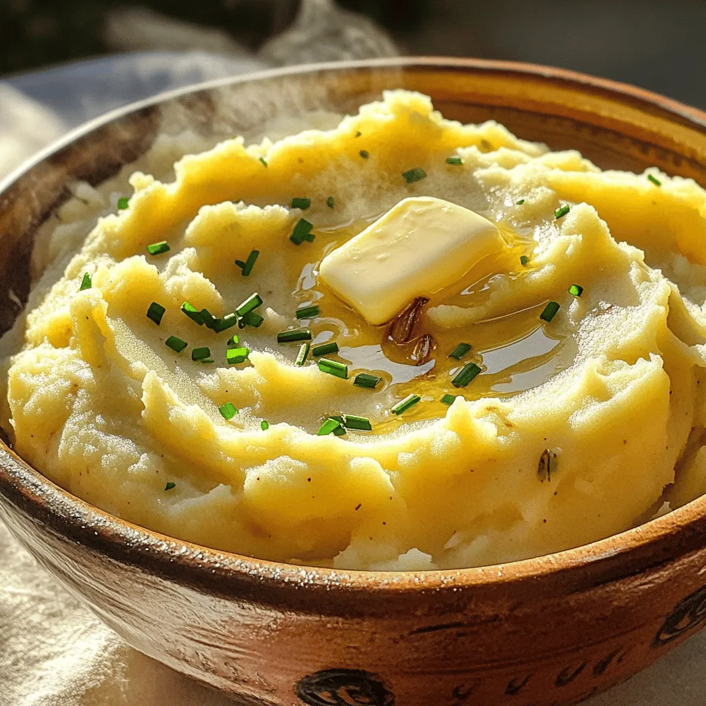 - 2 lbs Yukon Gold potatoes - 1 whole bulb of garlic - 1/2 cup unsalted butter - 1 cup heavy cream - Salt and pepper to taste - Fresh chives, chopped - Potato masher or ricer - Roasting pan for garlic - Large pot for boiling potatoes Gathering the right ingredients is key. Yukon Gold potatoes give a buttery flavor and smooth texture. You need one whole bulb of garlic for that rich taste. Unsalted butter adds creaminess, while heavy cream ensures a velvety finish. Don't forget to season with salt and pepper. Chives bring a touch of color and fresh taste. For tools, a potato masher or ricer is a must. It helps achieve that perfect creamy consistency. A roasting pan will hold the garlic while it cooks. A large pot is needed to boil the potatoes until tender. For the full recipe, check out the detailed instructions on how to create this delicious dish. - Preheat the oven to 400°F (200°C). - Slice the top off the garlic bulb to expose the cloves. - Drizzle a teaspoon of olive oil over the cloves. - Wrap the bulb in aluminum foil tightly. - Place the foil-wrapped garlic in the oven and roast for 30-35 minutes. Roasting garlic brings out its sweet, rich flavor. It turns soft and creamy, which blends perfectly into the potatoes. - In a large pot, add the quartered Yukon Gold potatoes. - Cover the potatoes with cold water by about an inch. - Add a pinch of salt to the water. - Bring the water to a boil over medium-high heat. - Cook the potatoes until fork-tender, about 15-20 minutes. Yukon Gold potatoes provide a creamy texture. They are the ideal choice for mashed potatoes. - Drain the cooked potatoes thoroughly. - Return them to the pot to let them steam dry for a few minutes. - Squeeze the roasted garlic cloves into the pot with the potatoes. - Add the softened butter and heavy cream. - Mash everything together until smooth and creamy. Taste the mixture. Season with salt and freshly cracked black pepper to your liking. If you want a creamier texture, add more heavy cream. For the full recipe, check out the complete guide. - Steam drying potatoes before mashing: After boiling, let them sit in the pot. This helps remove excess moisture. The drier they are, the creamier your mash will be. - Adjusting cream for desired consistency: If you want thicker potatoes, use less cream. For fluffier potatoes, add more until you reach your perfect texture. - Selecting the right garlic bulb: Look for firm bulbs. Avoid soft or sprouting garlic. Fresh garlic ensures a sweet, rich flavor in your mash. - How to check doneness of roasted garlic: After about 30-35 minutes in the oven, the garlic should feel soft. You can squeeze a clove; if it pops out easily, it's ready. - Importance of taste-testing during seasoning: Always taste as you go. This helps you find the right balance of salt and flavor. - Balancing flavors with additional herbs: Consider adding fresh herbs like chives or parsley. They brighten the taste and add a pop of color. The Full Recipe will guide you through the steps to create these delicious mashed potatoes. {{image_4}} You can easily make this dish vegan. Just swap butter and cream for plant-based options. Use coconut milk or almond milk instead of cream. For butter, try using vegan butter. These changes keep the dish creamy and rich. You won’t miss the dairy at all! Want a lighter version? Use cauliflower instead of potatoes. Steam or boil the cauliflower until it's soft. Then, mash it just like you would with potatoes. Add roasted garlic for that rich flavor. This way, you enjoy the taste without the extra carbs. Enhance the taste with cheese or fresh herbs. Try adding grated Parmesan or sharp cheddar for a cheesy twist. Fresh herbs like rosemary or thyme bring more flavor. You can mix in sour cream for tanginess. Each option gives a new twist to the classic dish. For more ideas, check out the Full Recipe. To keep your roasted garlic mashed potatoes fresh, store them in an airtight container. Let them cool before sealing. Place the container in the fridge. This keeps the flavors intact and prevents drying. If you want to save some mashed potatoes for later, freezing is a great option. 1. Cool the potatoes: Let them cool completely. 2. Pack tightly: Transfer to a freezer-safe container or bag. Remove as much air as possible. 3. Label and date: Write the date on the bag or container for reference. When you're ready to enjoy them: 1. Thaw overnight: Place in the fridge for several hours. 2. Reheat: Warm them in a pot over low heat. Add a splash of cream if needed for creaminess. Roasted garlic mashed potatoes can last up to 3-5 days in the fridge. Make sure to check for any off smells or changes in texture before eating. To roast garlic, follow these simple steps: - Preheat your oven to 400°F (200°C). - Slice the top quarter off the whole bulb of garlic. - Drizzle a teaspoon of olive oil on the exposed cloves. - Wrap the bulb in aluminum foil. - Roast for about 30-35 minutes until tender. Roasting garlic makes it soft and sweet. You can add it to many dishes, like my roasted garlic mashed potatoes. Yes, you can prepare mashed potatoes in advance. - Make the mash and let it cool. - Store it in an airtight container in the fridge. - Reheat it gently on the stove or in the microwave. Adding a splash of heavy cream or butter keeps the potatoes nice and creamy. This way, you save time when cooking for guests! Yukon Gold potatoes and Russet potatoes are both great choices. - Yukon Golds are creamy and buttery, making them smooth. - Russets are fluffy and soak up flavors well. I prefer Yukon Gold for roasted garlic mashed potatoes, as they blend beautifully with garlic and cream. You can’t go wrong with either choice! If your mashed potatoes are too watery, don't worry! - Try adding more cooked potatoes to balance the texture. - You can also mix in instant potato flakes to thicken them. For next time, steam the potatoes before mashing. This helps remove extra moisture and gives you that perfect creamy texture, like in the full recipe for roasted garlic mashed potatoes. Roasted garlic mashed potatoes are a simple yet tasty dish. We explored the main ingredients, like Yukon Gold potatoes and roasted garlic, alongside essential kitchen tools. You learned step-by-step instructions to create creamy potatoes and tips to enhance flavor. Variations let you cater to different diets, and storage tips make leftovers easy. In my experience, perfect mashed potatoes come from practice and taste-testing. Enjoy them with your meals, and feel free to get creative with flavors!