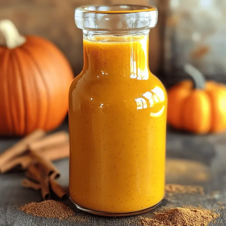 - 1 cup pumpkin puree - 1 cup water - 1 cup brown sugar - 1 tablespoon pure vanilla extract - 1 teaspoon ground cinnamon - 1 teaspoon ground nutmeg - 1/2 teaspoon ground ginger - 1/4 teaspoon ground cloves Substitutes for pumpkin puree If you cannot find pumpkin puree, you can use butternut squash puree. This option works well and gives a similar flavor. You can roast and blend the squash until smooth for best results. The importance of using pure vanilla extract Using pure vanilla extract is key for the best flavor. I avoid imitation vanilla as it lacks the depth you need for this syrup. The pure extract enhances the sweetness and adds warmth to the spice mix. How to adjust serving sizes You can easily scale the recipe up or down. If you want more syrup, just double the ingredients. For a smaller batch, cut everything in half. Alternative ways to use pumpkin spice syrup This syrup is not just for coffee. Drizzle it on pancakes and waffles or mix it into yogurt. You can even stir it into oatmeal or smoothies for a fall twist. - Blending pumpkin puree and water Start by adding 1 cup of pumpkin puree and 1 cup of water to a medium saucepan. Use a whisk to blend these together. Make sure there are no lumps. A smooth mixture is essential for a nice syrup. - Heating the mixture Place the saucepan on medium heat. Keep a close eye on it as you heat. You want the mixture to reach a gentle simmer, not a boil. This helps develop the flavors without burning. - Adding brown sugar Once your mixture is simmering, gradually add 1 cup of brown sugar. Stir continuously until all the sugar dissolves. This will make the mixture glossy and sweet. - Stirring in spices After the sugar dissolves, add in 1 tablespoon of pure vanilla extract, 1 teaspoon of ground cinnamon, 1 teaspoon of ground nutmeg, 1/2 teaspoon of ground ginger, and 1/4 teaspoon of ground cloves. Stir well to mix the spices evenly into the syrup. - Simmering for flavor development Let the mixture simmer gently for 10-15 minutes. Stir it occasionally. You will notice the syrup starting to thicken. This thickening shows that the flavors are blending together nicely. - The thickening process Keep an eye on the syrup as it cooks. It should thicken slightly, which is a good sign that it is ready. The longer it simmers, the richer the flavor will be. - Straining the syrup Once cooked, remove the saucepan from heat. Let the syrup cool down to room temperature. After cooling, strain it through a fine-mesh sieve into a clean container. This step removes any solids, giving you a smooth syrup. - Storing the syrup properly Pour your finished syrup into an airtight bottle or jar. Store it in the refrigerator. It will stay fresh for up to two weeks. Now, you can use it in your favorite drinks and desserts! For the full recipe, check out the complete details. - Overheating the mixture: Heating too high can burn the sugar. Keep it to medium heat and watch closely. - Not stirring enough while cooking: Stirring helps mix flavors and prevents sticking. Always keep the spoon moving. - Ensuring the right thickness: To check thickness, dip a spoon and see if syrup coats it. It should feel sticky but not too thick. - Enhancing flavors with additional spices: You can add a pinch of allspice or cardamom for extra depth. Experiment to find your favorite mix. - Creative serving ideas: Drizzle syrup over pancakes, waffles, or even ice cream. It adds a nice touch to your treats. - Pairing suggestions with recipes: Use your syrup in lattes or hot chocolate. It’s also great in oatmeal or yogurt for a fall twist. For the full recipe, check out the details! {{image_4}} You can boost the taste of pumpkin spice syrup in fun ways. Try adding a vanilla bean for a rich flavor. Slice the bean open and scrape out the seeds. Mix these seeds into the syrup for a creamy touch. Another option is caramel. Drizzle in some caramel sauce for a sweet twist. This adds depth and a unique flavor to your syrup. You can even create a spiced pumpkin version. Mix in extra spices like allspice or cardamom for a new taste. These small changes can make a big difference. As the seasons change, so can your syrup. For the holidays, add flavors like peppermint or gingerbread. This gives your syrup a festive flair. You can also use different types of pumpkin. Try butternut squash or sweet potato for a unique twist. Each type brings its own flavor and sweetness, making your syrup special. Experiment with these variations to find your favorite. Pumpkin spice syrup is not just for drinks. You can use it in many recipes. Add it to pancakes or waffles for a sweet breakfast. It also works great in desserts like cakes and pies. Drizzle it on ice cream for a fall-inspired treat. You can even stir it into your coffee or tea for a warm drink. The options are endless! Check out the [Full Recipe] for more ideas. Pumpkin spice syrup lasts about two weeks in the refrigerator. Store it in an airtight container. For best taste, use it fresh. You can freeze the syrup to extend its life. It keeps well in ice cube trays. Just thaw before use. Use glass jars or plastic bottles for storage. Ensure they are airtight to keep the syrup fresh. Label your containers with the date you made the syrup. This helps you keep track of its freshness. Look for changes in color or smell. If it smells off or looks cloudy, it’s time to toss it. If you see mold, do not use it. Always taste a small amount before using. If it tastes strange, throw it away. Pumpkin spice syrup includes simple, tasty ingredients. Here are the main ones: - 1 cup pumpkin puree - 1 cup water - 1 cup brown sugar - 1 tablespoon pure vanilla extract - 1 teaspoon ground cinnamon - 1 teaspoon ground nutmeg - 1/2 teaspoon ground ginger - 1/4 teaspoon ground cloves You can change or add some ingredients too. For example, you can use maple syrup instead of brown sugar. This gives a unique flavor twist. You can use this syrup in many ways. Here are some fun ideas: - Drizzle it over pancakes or waffles. - Stir it into coffee or lattes. - Add it to smoothies for a fall flavor. - Mix it with oatmeal or yogurt. - Use it in baking for cookies or cakes. These ideas help you enjoy that yummy pumpkin spice taste in all your meals. Yes, you can make pumpkin spice syrup vegan easily. Just swap out a few things: - Use agave syrup or maple syrup instead of brown sugar. - Ensure your vanilla extract is alcohol-free. These changes keep the flavor while making it plant-based. You can find pumpkin spice syrup in many stores. Look in these places: - Local grocery stores often have it. - Check specialty coffee shops or cafes. - Online shops like Amazon or specialty food sites. When buying, read the label. Some brands add extra flavors or sugars. Homemade pumpkin spice syrup lasts about two weeks in the fridge. To store it well: - Keep it in an airtight jar or bottle. - Always use a clean spoon to scoop out syrup. If you have more, you can freeze it. Just pour it into ice cube trays. This way, you can use it later in drinks or desserts. Pumpkin spice syrup is simple to make and adds great flavor to many dishes. We covered key ingredients, steps for cooking, and tips for serving. You can easily switch ingredients and try different flavors. Remember to store your syrup well to keep it fresh. With this guide, you can create or enjoy homemade pumpkin spice syrup all season long. Explore all the ways to use it today!