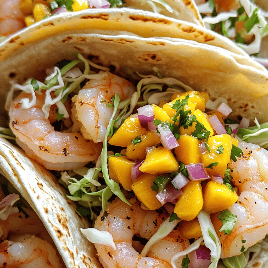 - Shrimp and Seasonings - 1 lb shrimp, peeled and deveined - 2 tablespoons extra virgin olive oil - 1 tablespoon chili powder - 1 teaspoon ground cumin - 1 teaspoon smoked paprika - 1/2 teaspoon cayenne pepper (adjust based on your spice preference) - Sea salt and freshly cracked black pepper to taste - Tortillas and Toppings - 8 small corn tortillas - 1 cup shredded green cabbage (for topping) - Fresh cilantro, finely chopped (for garnish) - Mango Salsa Components - 1 ripe mango, diced into small cubes - 1/2 medium red onion, finely chopped - 1 jalapeño, deseeded and minced (adjust heat level if desired) - 2 tablespoons freshly squeezed lime juice - Sea salt to taste To make these spicy shrimp tacos really shine, you need fresh ingredients. The shrimp should be firm and pink. The spices bring a punch of flavor. Don’t skip on the mango salsa. It adds a sweet touch that pairs well with the heat of the shrimp. Mango salsa is simple to make. Use ripe mango for the best taste. The red onion and jalapeño bring a nice crunch. Fresh lime juice brightens the whole dish. I recommend using corn tortillas. They hold the shrimp and toppings well. Plus, they add a nice corn flavor. If you like it spicy, adjust the cayenne pepper and jalapeño to your taste. This recipe is not just about ingredients. It’s about balance. The spicy shrimp, fresh salsa, and crunchy cabbage come together for a tasty treat. For the full recipe, check out the details above! Mixing the Ingredients Start by dicing one ripe mango into small cubes. Next, finely chop half a medium red onion and one jalapeño. Remove the seeds if you want less heat. In a medium bowl, combine the diced mango, onion, and jalapeño. Squeeze in two tablespoons of fresh lime juice. Stir it all together and add a pinch of sea salt. Allowing Flavors to Meld Let the salsa sit for at least ten minutes. This helps all the flavors mix well. The longer you wait, the better the taste will be. Coating the Shrimp with Spices In a large bowl, add one pound of peeled and deveined shrimp. Drizzle two tablespoons of extra virgin olive oil over the shrimp. Sprinkle in one tablespoon of chili powder, one teaspoon of ground cumin, one teaspoon of smoked paprika, and half a teaspoon of cayenne pepper. Add sea salt and black pepper to taste. Toss the shrimp until they are well coated with the spices. Sautéing to Perfection Heat a large skillet over medium-high heat. Once hot, add the seasoned shrimp in a single layer. Cook for about two to three minutes on each side. The shrimp should turn opaque and pink when done. Ensuring Proper Cook Time Be careful not to overcook the shrimp. They cook quickly, so watch them closely. Remove the skillet from heat once they are fully cooked. Making Tortillas Soft and Pliable Take eight small corn tortillas and place them in a dry skillet over medium heat. Warm each side for about thirty seconds. This makes the tortillas soft and easy to fold. Keep them warm by wrapping them in a clean kitchen towel. Layering Shrimp and Salsa Take a warm tortilla and lay a few pieces of sautéed shrimp in the center. Top it with shredded green cabbage for crunch. Add a generous spoonful of your mango salsa on top. Garnishing with Fresh Ingredients Finish each taco with a sprinkle of finely chopped cilantro. This adds freshness and a pop of color. For a special touch, you can serve the tacos with lime wedges and a bowl of extra salsa on the side. For the full recipe, check the detailed instructions above. Enjoy your tasty tacos! - Avoiding Overcooking: Shrimp cook fast. They turn pink and opaque when done. Cook them for just 2-3 minutes on each side. If you see a lot of curl, they may be overcooked. Keep a close eye! - Spice Adjustments: Adjust the heat by changing the cayenne pepper. If you want it milder, use less. If you crave more heat, add extra jalapeño to the mango salsa or increase cayenne for the shrimp. - Plating Ideas: Serve your tacos on a colorful plate. Spread the tacos out to show off the vibrant colors of the shrimp and mango salsa. Add lime wedges for a pop of color and freshness. - Accompaniments to Consider: Pair the tacos with a side of black beans or a light salad. You can also serve tortilla chips with a spicy dip for extra crunch. - Essential Cookware for Preparation: Use a large skillet for cooking shrimp. A mixing bowl works well for the mango salsa. Don't forget a spatula to flip the shrimp and a sharp knife for chopping. For warming tortillas, a dry skillet does the job perfectly. For the full recipe, check out the details above. Enjoy your cooking adventure! {{image_4}} Alternative Seafood Options If you want to change things up, try using fish or scallops instead of shrimp. Firm white fish like mahi-mahi or tilapia works great. They cook quickly and soak up flavors well. Scallops also add a sweet touch to your tacos. Just be sure to adjust cook times. Vegan-Friendly Adaptations You can easily make these tacos vegan. Swap shrimp for jackfruit or cauliflower. Jackfruit has a meaty texture and soaks up spices well. For cauliflower, roast it with the same spices. Both options will give you a tasty, satisfying meal. Additional Spice Blends Want more heat? Add more cayenne or try a spicy taco seasoning mix. You can also use chipotle powder for a smoky kick. If you enjoy a sweeter taste, mix in a bit of brown sugar with your spices. This can balance the heat nicely. Unique Topping Ideas Top your tacos with pickled red onions for a tangy crunch. Fresh avocado slices or guacamole add creaminess and richness. Try crumbled queso fresco or feta cheese for a salty bite. Each of these toppings brings a new layer of flavor to your dish. To keep your Spicy Shrimp Tacos fresh, store the leftovers properly. - Refrigeration Guidelines: Place the shrimp and mango salsa in separate airtight containers. They will stay fresh for up to three days in the fridge. Make sure to cool them down before sealing. - Freezing Recommendations: If you want to save some for later, freeze the shrimp. Place them in a freezer-safe bag or container. They can last for up to three months. The mango salsa does not freeze well, so it's best to enjoy it fresh. To enjoy your tacos again, you should reheat them correctly. - Best Methods for Maintaining Texture: For the shrimp, heat them gently in a skillet over medium heat. This helps keep them juicy. Stir often until they are warmed through. For tortillas, warm them in a dry pan for about 30 seconds on each side. This will make them soft again, just like when you first made them. What can I use instead of shrimp? If you want a different protein, try chicken or fish. Tofu is great for a vegan option. Each choice will change the taste, so adjust the seasoning. How can I make this recipe spicier? To add more heat, use extra cayenne pepper or add chopped serrano peppers. You can also try a hot sauce that you like. Remember to taste as you go! Can I prepare the mango salsa in advance? Yes, you can make the mango salsa a few hours ahead. Just store it in the fridge. This allows the flavors to blend well. Just be sure to give it a good stir before serving. Can I use flour tortillas instead of corn? Yes, flour tortillas work too! They will be softer and may taste different. Corn tortillas add a nice crunch, but it’s all about what you enjoy. How long do shrimp tacos last in the fridge? Shrimp tacos can last up to two days in the fridge. Store them in an airtight container. For the best taste, eat them fresh. Spicy shrimp tacos are fun and tasty to make. You learned about the key ingredients, preparation steps, and tips for success. Remember, cook the shrimp just right and pick fresh toppings for the best flavor. Don’t be afraid to try different sauces or seafood options. Each variation can make your meal unique. Store leftovers properly to enjoy later. Now, you have everything you need for a delicious taco night. Enjoy cooking and taste the joy of your creation!
