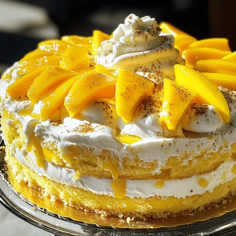 Here’s what you will need for the Mango Lassi Tres Leches Cake: - 1 cup all-purpose flour - 1 teaspoon baking powder - 1/2 teaspoon baking soda - 1/4 teaspoon salt - 1/2 cup unsalted butter, softened - 1 cup granulated sugar - 3 large eggs, at room temperature - 1 teaspoon pure vanilla extract - 1/2 cup whole milk - 1/2 cup fresh or canned mango puree - 1 can (14 oz) sweetened condensed milk - 1 can (12 oz) evaporated milk - 1 cup heavy cream, cold - 2 tablespoons powdered sugar - Fresh mango slices, for garnish - Ground cardamom, for garnish (optional) These ingredients create a rich, moist cake that blends the flavors of mango lassi and tres leches. Using whole milk and mango puree gives this cake a unique twist. The sweetened condensed and evaporated milk add that classic tres leches touch. Make sure to use ripe mangoes for a better taste. The heavy cream will whip nicely if it’s cold. This helps create a fluffy topping. Each element plays a big role in shaping the final flavor. If you want to dive into the full recipe, it’s all laid out for you! 1. Preheat the Oven: Start by preheating your oven to 350°F (175°C). Grease a 9x13-inch baking dish with butter or cooking spray. This helps the cake come out easily. 2. Whisk Dry Ingredients: In a medium bowl, whisk together 1 cup of all-purpose flour, 1 teaspoon of baking powder, 1/2 teaspoon of baking soda, and 1/4 teaspoon of salt. This mix ensures your cake rises well. 3. Mix Wet Ingredients: In a large bowl, use a hand mixer to beat 1/2 cup of softened unsalted butter and 1 cup of granulated sugar. Mix until it’s light and fluffy, about 3-5 minutes. Next, add 3 large eggs one at a time and 1 teaspoon of pure vanilla extract until well combined. 4. Combine Wet and Dry Ingredients: Gradually add the flour mix to the butter mix, alternating with 1/2 cup of whole milk and 1/2 cup of mango puree. Begin and end with the flour mix. Mix until just combined to keep the cake fluffy. 5. Bake the Cake: Pour the batter into the prepared dish. Spread it evenly with a spatula. Bake for 25-30 minutes. A toothpick should come out clean when inserted in the center. Let it cool completely on a wire rack. 1. Prepare the Tres Leches Mixture: In a bowl, mix together 1 can of sweetened condensed milk, 1 can of evaporated milk, and a splash of whole milk. Whisk until smooth. 2. Soak the Cake: Once the cake cools, poke holes all over the top with a fork. Slowly pour the tres leches mixture over the cake. Cover it with plastic wrap and chill in the fridge for at least 2 hours, or overnight for better flavor. 3. Whip the Cream: In a chilled bowl, whip 1 cup of heavy cream with 2 tablespoons of powdered sugar until soft peaks form. Be careful not to overwhip; you want it light. 4. Assemble the Cake: After chilling, gently spread the whipped cream over the cake. Top with fresh mango slices and, if you like, a sprinkle of ground cardamom for extra aroma. - Cut and Serve: Slice the cake into squares. Serve it chilled for the best taste. - Presentation Tips: For a beautiful look, arrange the mango slices artfully on top. This makes the cake even more appealing. Enjoy the delicious flavors of mango lassi in every bite of your tres leches cake! For the complete recipe, check out the Full Recipe. To ensure your cake rises evenly, follow these tips: - Use fresh baking powder and baking soda. Old leavening agents may not work well. - Make sure your ingredients are at room temperature. This helps the cake mix better. - Beat the butter and sugar until light and fluffy. This adds air to your cake. Avoid overmixing the batter. Mixing too much makes the cake dense. Mix just until the ingredients are combined. This keeps your cake light and airy. Soaking the cake properly is key to a moist texture. Here’s how to do it: - Poke holes all over the cooled cake with a fork or skewer. This helps the tres leches mixture soak in. - Slowly pour the mixture over the cake. Start from the edges and work toward the center. - Cover and chill the cake in the fridge. Let it sit for at least two hours or overnight for the best flavor. To achieve the perfect whipped cream consistency, follow these steps: - Chill your mixing bowl and beaters before whipping. Cold equipment helps the cream whip up faster. - Use cold heavy cream and add powdered sugar for sweetness. - Beat until soft peaks form. Stop when the peaks hold their shape but are still creamy. These tips will help you make a Mango Lassi Tres Leches Cake that is both flavorful and simple. For more details, check the Full Recipe. {{image_4}} Adding spices can make this cake even more special. Try using saffron for a rich, floral note. Cardamom also works well. It adds warmth and a unique twist. Just a pinch can transform the flavor. You can also explore other fruit purees. Consider using peach or pineapple for a fruity kick. Each fruit will change the cake’s taste. This makes it fun to create your own version! If you need gluten-free options, you can swap the flour. Use a gluten-free flour blend instead. This allows everyone to enjoy the cake without worry. For dairy-free options, choose almond or coconut milk. You can also use coconut cream in place of heavy cream. These swaps keep the cake creamy while catering to different diets. To keep your Mango Lassi Tres Leches Cake fresh, store it in the fridge. Use a tight lid or wrap it in plastic wrap. This keeps moisture in and flavors intact. Make sure the cake chills for at least 2 hours after soaking. The longer it sits, the better it tastes! If you want to save some cake for later, freezing is a great option. First, let the cake soak well in the tres leches mixture. Once soaked, cut it into squares. Wrap each piece in plastic wrap and then foil. This helps prevent freezer burn. You can freeze it for up to 3 months. When ready to enjoy, thaw it overnight in the fridge before serving. This cake stays fresh for about 3 to 5 days in the fridge. After that, it may lose its soft texture. If frozen, it can last much longer but for the best taste, enjoy it sooner. You’ll love how the flavors blend and deepen over time! What is the origin of tres leches cake? Tres leches cake comes from Latin America. It is popular in Mexico, Nicaragua, and other countries. The name means "three milks" in Spanish. The cake absorbs three types of milk: sweetened condensed milk, evaporated milk, and whole milk. This makes it moist and delicious. Can I make this cake in advance? Yes, you can make this cake ahead of time. In fact, it tastes better after chilling overnight. Just follow the recipe and let it soak in the fridge. This helps the flavors blend well. What are the best serving suggestions for mango lassi tres leches cake? Serve it chilled for the best taste. You can add fresh mango slices on top for color and flavor. A sprinkle of ground cardamom adds a nice touch, too. Pair it with a scoop of vanilla ice cream for an extra treat. What to do if the cake doesn’t soak properly? If your cake doesn’t soak well, poke more holes in it. Use a fork or skewer to create more openings. Pour the milk mixture slowly to let it absorb. If it still doesn’t soak, let it chill longer. How to fix if the whipped cream is too runny? If your whipped cream is too runny, try chilling it more. Cold cream whips better. If it's still runny, you can add another tablespoon of powdered sugar. This can help thicken it a bit. Can I substitute fresh mango with frozen mango puree? Yes, you can use frozen mango puree if fresh is not available. Just thaw it before mixing. The flavor will still be good, and it will work well in the cake. What can I use instead of sweetened condensed milk? If you need a substitute for sweetened condensed milk, use a mix of milk and sugar. Combine 1 cup of whole milk with 1 cup of sugar. Heat it until the sugar dissolves, then cool it before using it in the recipe. This blog post covered how to make a delicious mango lassi tres leches cake. We discussed the key ingredients, detailed steps for preparation, and assembly. I shared tips to ensure the cake rises well and absorbs the tres leches mixture. You also learned storage tips and variations for flavor and dietary needs. With these instructions, you can create a delightful dessert that impresses. Enjoy every sweet bite of your creation!