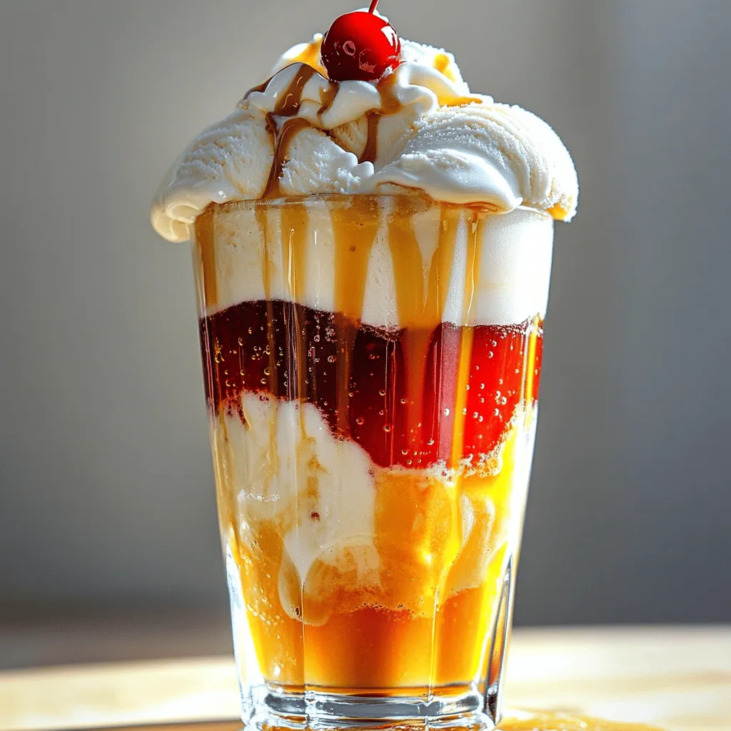 For the Cherry Bomb Butterbeer Float, you will need: - 2 cups vanilla ice cream - 1 cup cream soda (chilled) - 1/2 cup butterscotch sauce - 1/2 cup cherry soda (chilled) - 1/4 teaspoon pure vanilla extract - Whipped cream (for topping) - Maraschino cherries (for garnish) - A pinch of sea salt (optional) Using fresh ingredients makes a big difference in taste. Fresh vanilla ice cream gives a creamy base. Chilled cream soda and cherry soda add fizz and flavor. Fresh butterscotch sauce brings warmth and sweetness. Each ingredient plays a key role in the float's flavor. When you use fresh ingredients, your float tastes better. It feels special and fun, perfect for summer. If you have allergies or preferences, you can swap some ingredients. For ice cream, try dairy-free options like coconut or almond. Instead of cream soda, you can use lemon-lime soda for a twist. You can make homemade butterscotch sauce if you want. Just use brown sugar, butter, and cream. If you don’t have maraschino cherries, fresh cherries work well too. These swaps let you tailor the float to your taste. Making a Cherry Bomb Butterbeer Float is simple and fun. You will need just ten minutes. Gather your ingredients and tools before you start. This helps you stay organized and ready. 1. Heat the Sauce: Take a small saucepan. Add the butterscotch sauce. Warm it on low heat. Stir in the vanilla extract. Mix well and remove it from heat. Let it cool for about five minutes. 2. Scoop the Ice Cream: In each glass or frosty mug, place a scoop of vanilla ice cream. Use a generous amount to fill the bottom. 3. Pour in Cream Soda: Slowly pour the chilled cream soda over the ice cream. Stop when it is just below the glass rim. This helps prevent spills. 4. Add Butterscotch Sauce: Drizzle the warm butterscotch sauce across the cream soda. Let it seep into the ice cream to boost flavor. 5. Layer with Cherry Soda: Carefully top the float with cherry soda. Pour it in a circular motion. This creates a lovely layered look. 6. Whipped Cream Time: Finish with a thick swirl of whipped cream on top. This adds a fluffy touch. 7. Garnish: Place a maraschino cherry on top. If you want, sprinkle a pinch of sea salt. This enhances the sweet taste. 8. Serve: Enjoy your Cherry Bomb Butterbeer Float right away. Use a colorful straw or a long spoon for fun. For a perfect layered float, pour gently. Start the cherry soda near the ice cream. This helps keep the layers from mixing. You can also chill your glasses beforehand. This keeps your float cold longer, making each sip delightful. Serve your Cherry Bomb Butterbeer Float in tall glasses or frosty mugs. This makes each sip feel special. A colorful straw or a long spoon adds fun to your drink. For a twist, rim the glasses with colored sugar for added crunch and style. To get the best flavor, use high-quality vanilla ice cream. Make sure your cream soda and cherry soda are chilled. This helps keep the float refreshing. Warm butterscotch sauce adds richness, so don’t skip this step. Mix it well with vanilla extract for depth. One common mistake is pouring the sodas too fast. Slow pouring helps create beautiful layers. Another mistake is using too much butterscotch sauce. A drizzle is enough to enhance the float without overpowering it. Lastly, avoid using warm ice cream. Cold ice cream will keep your float creamy and thick. For the complete guide, check the Full Recipe for more insights! {{image_4}} You can change the Cherry Bomb Butterbeer Float for each season. In summer, use fresh cherries. They make the float taste bright and juicy. In fall, add pumpkin spice to the butterscotch sauce. This twist adds warmth and comfort. During winter, use peppermint extract instead of vanilla. It gives a festive flavor that feels cozy. You can mix flavors to make your float unique. Swap vanilla ice cream for chocolate ice cream. This change adds a rich taste. You can also use different sodas. Try root beer for a classic twist, or lemon-lime soda for a zesty kick. Each blend brings a new layer of fun to your float. To make this float kid-friendly, skip the butterscotch sauce. Instead, use a fluffy marshmallow cream on top. This makes the float sweeter and lighter. You can also add fun toppings like sprinkles or mini chocolate chips. These small changes make the treat more exciting for kids. If you have leftovers, store the Cherry Bomb Butterbeer Float in the fridge. Keep the float in an airtight container. Use it within 1 day for the best taste. The ice cream will melt, but the flavors will still be good. To reheat the butterscotch sauce, pour it into a small saucepan. Heat over low heat. Stir it gently until warm. Do not boil, as this can change the texture. This step ensures your sauce stays smooth and tasty. For the best flavor, use fresh ingredients. Buy ice cream and sodas close to your float-making time. Store the cream soda and cherry soda in the fridge. This keeps them cold and bubbly. Check the expiration dates on your sauces and creams to ensure freshness. A Cherry Bomb Butterbeer Float is a sweet and fizzy drink. It mixes vanilla ice cream with cream soda and cherry soda. The drink gets its flavor from butterscotch sauce and vanilla. You can top it with whipped cream and a cherry for fun. This float is perfect for hot days. It brings joy to everyone who tries it. Yes, you can use different ice cream flavors! Chocolate or cherry ice cream can add a fun twist. You might try coffee ice cream for a richer taste. Each flavor will change the drink’s overall taste. Just keep the vanilla ice cream as a base for the float. You can mix and match to find your favorite. The Cherry Bomb Butterbeer Float is already non-alcoholic! It uses soda and ice cream for flavor. You don’t need to add anything else to keep it alcohol-free. If you want a bit more fun, use flavored sodas. You can try root beer or orange soda too. This way, everyone can enjoy a yummy float! You learned all the key steps to make a Cherry Bomb Butterbeer Float. Fresh ingredients matter for taste, so choose wisely. You can adapt the recipe with substitutions or variations to fit your needs. Remember to store leftovers properly for best flavor later. Avoid common mistakes for a smooth experience. Try new flavors or serve it in fun ways. Have fun with this recipe. Enjoy each sip of your drink and share it with friends!