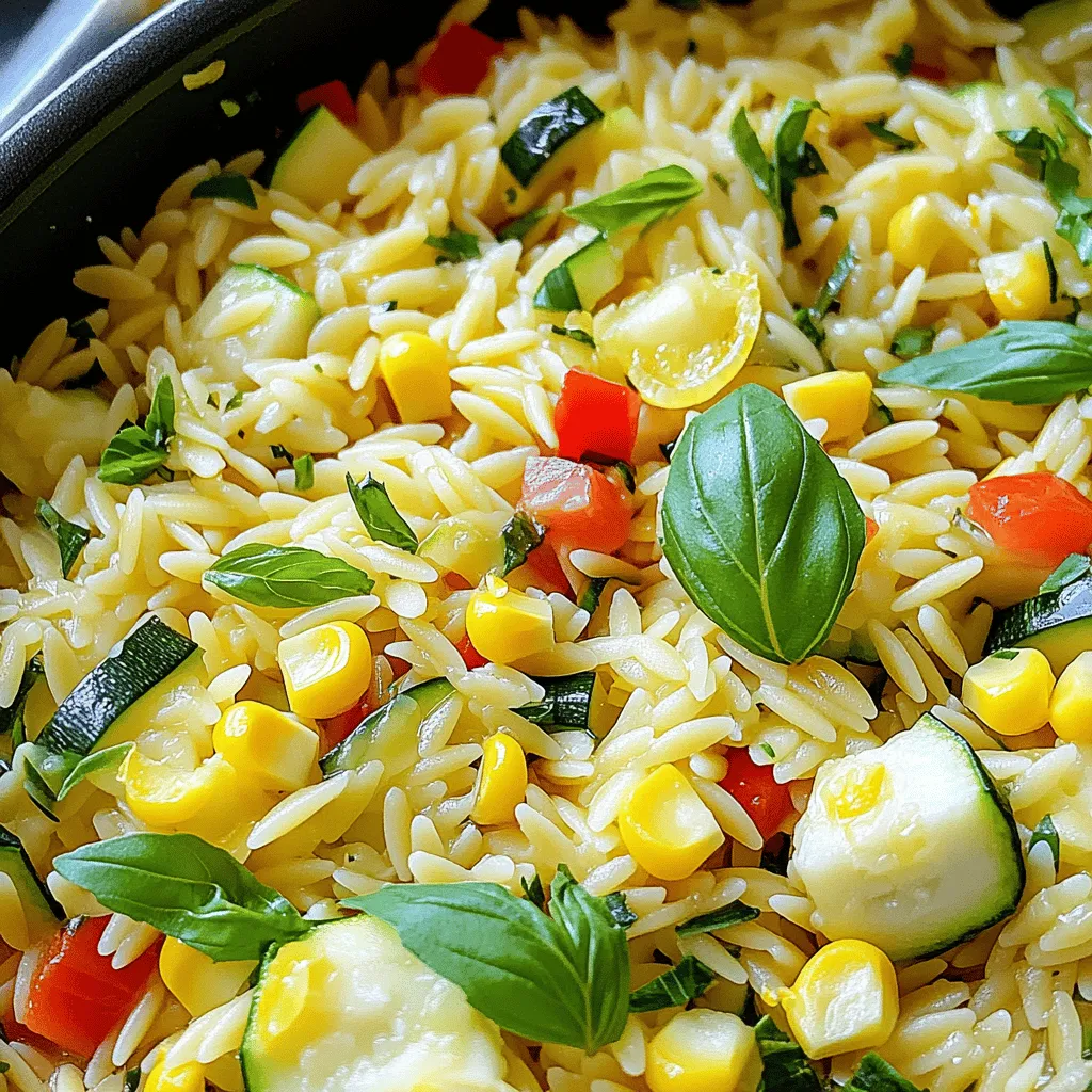 This One Pan Summer Corn Zucchini Orzo is a bright and fresh dish. It combines sweet corn, tender zucchini, and orzo pasta in one skillet. You get a great mix of flavors in every bite. This recipe is perfect for summer meals and easy to make. To make this dish, gather these simple ingredients: - 1 cup orzo pasta - 2 cups vegetable broth - 1 medium zucchini, diced - 1 cup fresh corn kernels (or substitute with frozen corn) - 1 red bell pepper, diced - 1 small onion, diced - 2 cloves garlic, minced - 1 tablespoon olive oil - 1 teaspoon dried oregano - Salt and black pepper, to taste - Fresh basil leaves, for garnish - Zest of 1 lemon If you need some swaps, here are a few ideas: - Use quinoa instead of orzo for a gluten-free option. - Swap zucchini with yellow squash for a different flavor. - Frozen corn works well if fresh corn is not available. - You can use vegetable stock instead of broth for more flavor. - Try fresh herbs like parsley or thyme in place of basil. These swaps keep the dish tasty and fun! 1. Heat the Oil: Start with a large skillet. Warm the olive oil over medium heat. Wait until it shimmers but is not smoking. 2. Sauté Aromatics: Add the diced onion and minced garlic to the skillet. Sauté for 3 to 4 minutes. Stir occasionally until the onion turns soft and fragrant. 3. Add Vegetables: Toss in the diced red bell pepper and zucchini. Cook for 3 to 5 minutes. Stir frequently until the veggies soften and their colors pop. 4. Mix in Corn and Oregano: Add the fresh corn kernels and dried oregano. Stir well to mix the corn and herbs evenly with the vegetables. 5. Pour in Broth: Carefully pour the vegetable broth into the skillet. Bring it to a gentle boil. This helps all those great flavors to come together. 6. Cook the Orzo: Stir in the orzo pasta. Reduce the heat to low. Let the orzo simmer uncovered for 10 to 12 minutes. Stir often to stop the orzo from sticking. 7. Season and Brighten: When the orzo is cooked, season with salt, black pepper, and lemon zest. Stir well to blend the flavors. 8. Rest and Serve: Remove the skillet from heat. Let the orzo rest for a couple of minutes. This helps improve the texture. 9. Garnish: Serve warm, topped with fresh basil leaves. This adds a nice touch and fresh flavor. - Heating Oil: Make sure the skillet is hot enough. This helps to cook the ingredients well without burning. - Sautéing Aromatics: Stir often to prevent any burning. It helps to keep the flavors bright. - Adding Vegetables: Cut all veggies to a similar size. This ensures they cook evenly. - Mixing Corn and Oregano: Use fresh corn for the best taste. Frozen corn works too, but fresh is sweeter. - Pouring Broth: Pour slowly to avoid splashing. This keeps your workspace clean. - Cooking Orzo: Keep stirring occasionally. This helps the orzo cook evenly and prevents sticking. - Seasoning and Brightening: Taste as you go. Adjust the salt and pepper to your liking. - Resting and Serving: Resting lets the flavors settle. It makes a big difference in taste. - Prep Time: About 10 minutes for chopping and measuring ingredients. - Total Cook Time: Roughly 15 minutes for cooking. - Servings: This recipe makes enough for 4 servings. Using a single pan simplifies cleanup and keeps all the flavors mingling. You can find the full recipe [here](#). Enjoy your cooking! To boost flavor, use fresh herbs. Fresh basil adds a bright note. You can also try parsley or thyme. Adding lemon zest brings a nice zing. For a kick, sprinkle in some red pepper flakes. If you want more depth, use vegetable broth instead of water. You can even roast the zucchini and corn first to enhance their sweetness. One common mistake is overcooking the orzo. Keep a close eye on it as it simmers. If you let it cook too long, it can become mushy. Another mistake is not seasoning enough. Taste and adjust with salt and pepper during cooking. Lastly, don’t skip the resting time after cooking. This helps the flavors blend better. To serve, use a large bowl for a family-style look. Spoon the orzo into the center, leaving some space around it. Top with fresh basil leaves for color. You can also add a sprinkle of cheese for richness. Serve with a lemon wedge on the side. This adds a pop of color and lets guests brighten their dish as they like. For the full recipe, be sure to check out the detailed cooking steps. {{image_4}} This dish shines as a vegetarian option. It uses fresh veggies and orzo, making it filling. To make it vegan, simply ensure your vegetable broth is plant-based. You can also add more protein by including chickpeas or tofu. These additions will keep the dish hearty and satisfying. If you need a gluten-free version, swap the orzo for gluten-free pasta. There are many types available, like rice or quinoa pasta. Just check the cooking time, as it may vary from regular orzo. This way, you can enjoy the flavors without worrying about gluten. Feel free to get creative with seasonal veggies! Try adding diced tomatoes, spinach, or bell peppers. You could also include peas or carrots for extra color and nutrition. Just remember to adjust the cooking time, so everything remains tender and vibrant. These changes can make the dish fun and new each time you prepare it. For the complete recipe, check the Full Recipe section. To keep your One Pan Summer Corn Zucchini Orzo fresh, let it cool first. Transfer the dish into an airtight container. Store it in the fridge for up to three days. This helps maintain its flavors and textures. When you are ready to enjoy leftovers, you can reheat them easily. Place the orzo in a skillet over low heat. Add a splash of vegetable broth or water to prevent sticking. Stir occasionally until it is heated through. This should take about 5 to 7 minutes. You can also use a microwave. Heat for one minute, then stir and check if it's warm. Repeat until heated. If you want to save your dish for later, freezing is a great option. Allow the orzo to cool completely. Portion it into freezer-safe bags or containers. Make sure to remove as much air as possible. Label the bags with the date. You can freeze it for up to three months. For best results, thaw it overnight in the fridge before reheating. For the full recipe, check out the detailed instructions above. To cook orzo perfectly, start with plenty of water. Use a ratio of 1 cup of orzo to 2 cups of water or broth. Bring the liquid to a boil, then add the orzo. Stir it gently to prevent sticking. Cook for about 8 to 10 minutes. Taste it a minute or two before the time is up. You want it al dente, firm but not hard. If there’s excess liquid, drain it off. This method keeps your orzo from getting mushy. Yes, you can use frozen vegetables in this dish. They save time and are often just as healthy. For the One Pan Summer Corn Zucchini Orzo, frozen corn works great. Just add it directly to the skillet. You may need to cook it a bit longer. Frozen zucchini can also work, but fresh zucchini gives a nicer texture. If using frozen, make sure to thaw it first if you want even cooking. Many sides go well with this dish. Here are some ideas: - Grilled Chicken: Adds protein and a nice char. - Garlic Bread: Perfect for soaking up extra broth. - Simple Salad: A light salad with lemon dressing complements the dish. - Roasted Vegetables: A mix of seasonal veggies enhances the meal. These sides make your meal more complete and satisfying. For the full recipe, check out the details above! You learned about the key ingredients and how to cook them. I covered steps, tips, and tricks for a great dish. You also found ways to adapt the recipe for special diets. Storing and reheating leftovers will help cut waste. Always aim for flavor and avoid common mistakes. With these insights, you'll create a tasty one-pan summer corn zucchini orzo. Enjoy your cooking journey and impress your guests!