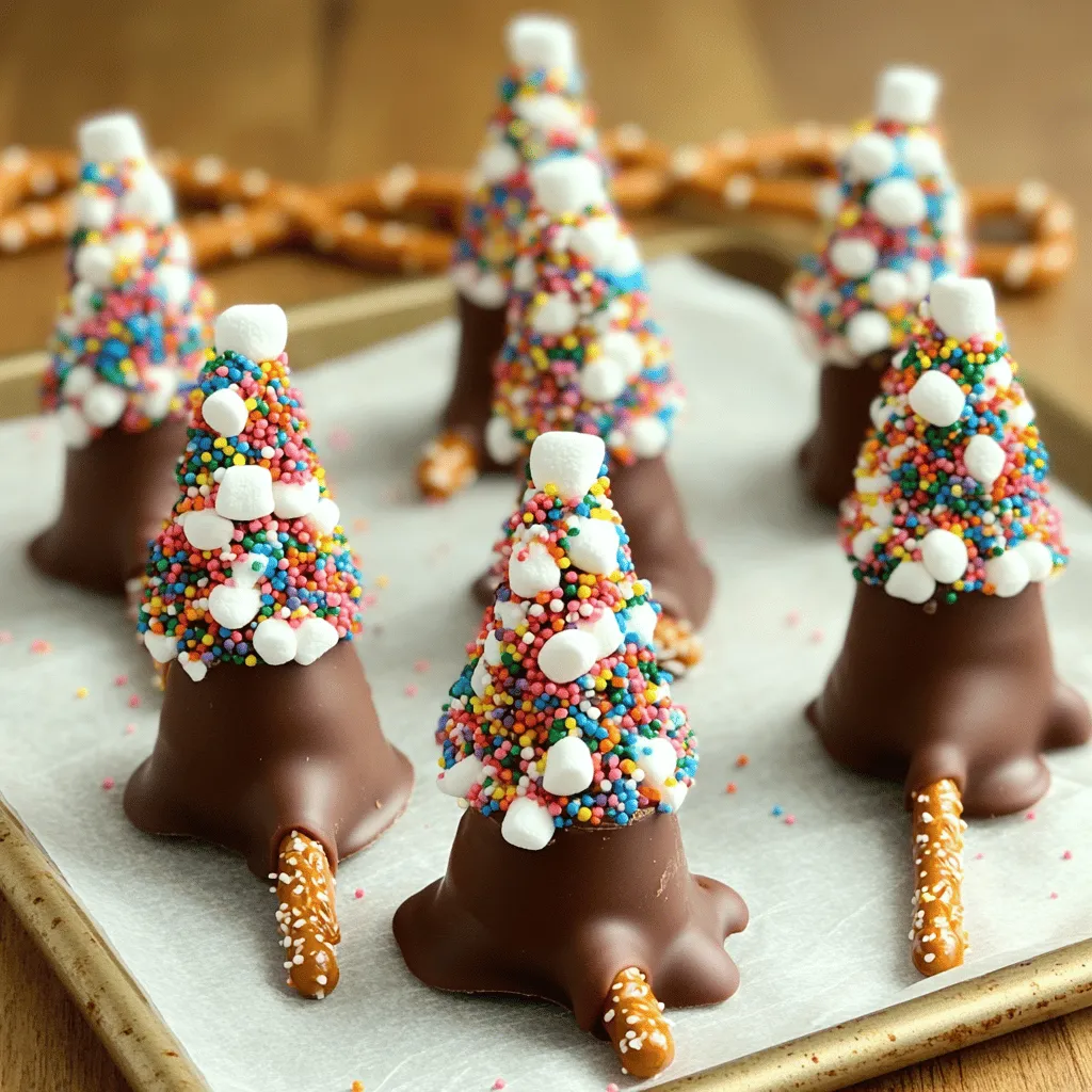 - Plain Pocky sticks - approx 30 sticks - Dark chocolate chips - 1 cup - Colorful sprinkles - 1 cup - Pretzel sticks - 1 cup (for tree trunks) - Mini marshmallows - 1/2 cup (for decoration) - Green food coloring - optional - Edible glitter - optional When making Chocolate Pocky Christmas Trees, you need simple, fun ingredients. The plain Pocky sticks form the base of your trees. You can find them at most stores. Grab a cup of dark chocolate chips for melting and dipping. Colorful sprinkles add a festive touch to your trees. Pretzel sticks serve as the trunks, giving a nice crunch. Mini marshmallows can decorate the branches and bring a soft texture. You can also use green food coloring for extra flair. Edible glitter makes your trees sparkle. This mix of flavors and textures will delight everyone! To start, we need to melt the dark chocolate chips. Use a microwave-safe bowl for this. Heat the chocolate in 30-second bursts. Stir well after each burst. This will help you get a smooth mix. If you want, add green food coloring for a festive look. Stir it in well. Be sure to keep stirring frequently. This makes sure the chocolate melts evenly and does not burn. Now, take each Pocky stick. Dip one end into the melted chocolate. Make sure to coat it well. Gently shake off any extra chocolate. Next, roll the chocolate end into the colorful sprinkles. This gives the look of vibrant foliage. You can use any color combination you like. Mix colors for a fun effect. Try using red and green for classic holiday colors. Once your Pocky sticks are decorated, it’s time to assemble the trees. Take the pretzel sticks and cut them in half. These will be the trunks of your trees. When the chocolate on the Pocky sticks is hard, insert the cut end of a pretzel into the bottom. This creates the trunk of your tree. For extra fun, place mini marshmallows on the branches. You can also sprinkle edible glitter for sparkle. Arrange the marshmallows in a fun way. This adds to the festive look. Make sure everything is set before showing off your tasty creations. To make the best Chocolate Pocky Christmas Trees, avoid these common mistakes: - Not melting the chocolate properly: Heat it in short bursts and stir. - Overdipping the Pocky sticks: Keep the chocolate coating light for balance. - Skimping on sprinkles: Use enough to create a fun look. To ensure your chocolate sets well, try these tips: - Chill the decorated sticks in the fridge for faster hardening. - Use a parchment-lined baking sheet to prevent sticking. You can make these trees ahead of time. Simply store them in an airtight container. They will stay fresh for days! To simplify the decorating process: - Use a small bowl for your sprinkles. This helps keep the mess down. - Have all your ingredients ready before you start. This keeps you organized. Get creative when presenting your trees! Try placing them on a festive platter. You can also use pretty holiday plates for a nice touch. Pair these treats with hot cocoa or eggnog. They make great snacks at holiday parties. You can also serve them with a side of whipped cream for dipping. {{image_4}} You can get creative with your Chocolate Pocky Christmas Trees. Start by using different colored chocolates. Try white or milk chocolate for a fun twist. You can also swirl colors together for a marbled look. In addition to sprinkles, think about using other edible toppings. Mini candies, crushed nuts, or coconut flakes can add great texture. Flavor is key! Consider flavored Pocky sticks to change things up. You can find options like strawberry or matcha. These flavors will mix well with the chocolate. You can also enhance the chocolate coating. Add a drop of peppermint extract or orange zest for a burst of flavor. These small changes will make your treats stand out. If you need gluten-free options, swap plain Pocky sticks for gluten-free ones. Many brands offer tasty alternatives that work well. For a vegan-friendly version, use dairy-free chocolate chips. There are many brands now that cater to vegan diets. Check the labels to ensure all ingredients fit your needs. Enjoy your Chocolate Pocky Christmas Trees with these simple swaps! To keep your Chocolate Pocky Christmas Trees fresh, store them in a cool, dry place. Heat can make the chocolate melt or lose its shine. I like to use an airtight container for storage. This keeps the treats from getting stale or soggy. - Use a shallow, airtight container. - Separate layers with parchment paper to avoid sticking. - Keep the container in a cool spot, away from sunlight. Freezing these treats is a great option for longer storage. Follow these steps for freezing: 1. Wait for the chocolate to fully harden. 2. Place the Pocky trees in a single layer on a baking sheet. 3. Freeze them for about 1 hour until solid. 4. Transfer the frozen trees to an airtight freezer bag. When you want to serve them, here are tips for thawing: - Take them out of the freezer and let them sit for 10-15 minutes. - Avoid using a microwave, as this can melt the chocolate. - Enjoy your treats once they are at room temperature! For more detailed steps, refer to the Full Recipe. Chocolate Pocky Christmas Trees last about 5 to 7 days when stored properly. Keep them in a cool, dry place. If you seal them in an airtight container, they stay fresh longer. You can enjoy these treats for days, but they taste best when they are fresh! Yes, you can use different types of chocolate! White chocolate and milk chocolate are great options. Just melt them the same way you would with dark chocolate. Each type gives a unique taste and look to your trees. Think about using colored chocolate for extra fun! You can find Pocky sticks in many stores. Look in the snack aisle of big grocery stores. Asian markets often have a wide selection too. If you prefer shopping online, websites like Amazon and specialty food stores carry them. You can easily find the flavors you love! Yes, there are nut-free Pocky options! Many brands make Pocky that do not contain nuts. Always check the packaging for allergen information. If you have nut allergies, look for brands that are labeled as allergen-friendly. This way, everyone can enjoy these fun treats! In this article, we explored how to create festive Chocolate Pocky Christmas Trees. We covered essential ingredients, step-by-step instructions, and useful tips. You learned how to melt chocolate, decorate the sticks, and assemble your treat. We also shared storage tips and flavor variations to try. These trees are fun to make and enjoyable to share. Get creative with decorations to make them truly unique. Enjoy these tasty treats at your next holiday gathering!