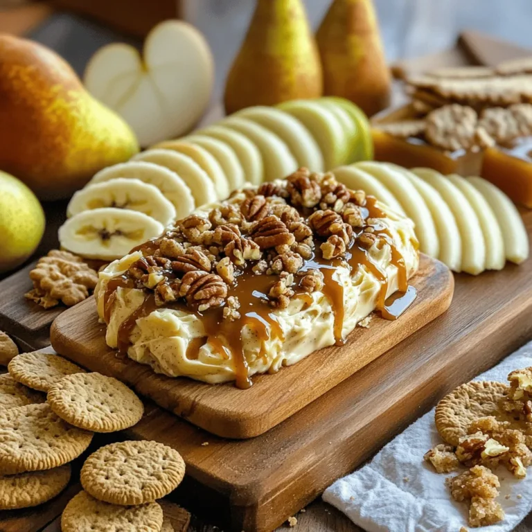 To create the Caramel Apple Pie Butter Board, you'll need the following ingredients: - 1 cup unsalted butter, softened to room temperature - 1/2 cup brown sugar, packed firmly - 1/2 teaspoon ground cinnamon - 1/4 teaspoon ground nutmeg - 1 teaspoon pure vanilla extract - 2 medium Granny Smith apples, peeled, cored, and finely diced - 1 cup crushed graham crackers - 1/2 cup caramel sauce, warmed until slightly runny - Coarsely chopped pecans or walnuts (optional, for garnish) - Sliced fruits (for dipping) - Assorted cookies or crackers (for dipping) These ingredients blend together to form a creamy, sweet treat that will impress your friends and family. The apples add a fresh crunch while the warm caramel sauce gives it a rich finish. Using Granny Smith apples provides a nice tartness that balances the sweetness. The crushed graham crackers mimic the flavor of pie crust, tying it all together. This delightful treat makes for a fun dessert or snack option. You can also customize it with your favorite fruits or nuts. The choices are endless! For the full recipe, check out the details provided earlier. 1. Start by taking a large bowl. Add the softened butter and brown sugar. Mix these together until they become fluffy. This should take about 2-3 minutes. 2. Next, add in the ground cinnamon, ground nutmeg, and vanilla extract. Stir well to blend these flavors. 3. Now, fold in the diced Granny Smith apples. Make sure they are evenly mixed into the buttery blend. 1. Grab a large serving board. Spread the apple butter mixture across it. Aim for an even layer. 2. Take the warm caramel sauce. Drizzle it over the top of the butter layer. Let it create beautiful streaks. 3. Sprinkle the crushed graham crackers on top. This adds a nice crunch that mimics pie crust. 4. If you like, scatter chopped pecans or walnuts for added taste and texture. 1. Surround the butter board with sliced fruits and assorted cookies. This makes it fun for dipping. 2. For a lovely touch, garnish with extra apple slices. Add a bit more caramel sauce for sweetness and charm. This caramel apple pie butter board is a fun and tasty treat to share. Enjoy the blend of flavors and textures! For the full recipe, refer to the complete guidelines above. Choosing the right apples is key for great taste. I love using Granny Smith apples. Their tartness balances the sweet caramel and buttery mix. You can also try Honeycrisp apples for a sweeter flavor. Both types add a nice crunch. Softened butter makes a big difference. It blends easily with the sugar and spices. This gives your butter board a creamy texture. To soften the butter, leave it out of the fridge for about 30 minutes. You can also cut it into small pieces to speed up the process. Choose a rustic wooden board for a warm look. A large cutting board works well. It gives enough space for all the goodies. Arrange the butter mixture in the center, leaving room for dippers. Garnishing adds charm. Use extra apple slices around the edge. Drizzle more caramel sauce on top for a shiny finish. You can also sprinkle cinnamon or chopped nuts for added flair. Don't be shy with spices! Adding a pinch of allspice or ginger can boost the flavor. These spices add warmth and depth. You can also mix in some orange zest for a fresh twist. Pair your butter board with drinks that complement its sweetness. Hot apple cider or a spiced chai tea works well. For a fun twist, serve with sparkling water for a refreshing contrast. {{image_4}} You can switch out regular butter for plant-based options. Use vegan butter or coconut oil for a dairy-free treat. This change still keeps the rich taste while being friendly for all diets. For sweeteners, try using maple syrup or honey. They add different flavors and can change the texture. Brown sugar gives you that warm taste, but experimenting can lead to fun results. Fall is the perfect time to spice things up. Add pumpkin spice or cloves to your butter mix. This gives your board a cozy, autumn feel. You can also use apple cider for extra flavor. For holidays, consider adding cranberries or pumpkin pie filling. These ingredients bring a festive twist. They are perfect for holiday gatherings and family get-togethers. Do you love chocolate? Try mixing in chocolate chips or swirls of fudge. They give a rich, sweet touch to your board. You can also add caramel drizzle for an extra layer of sweetness. Dried fruits like raisins or apricots work well too. They create a chewy contrast to the creamy butter. Nuts, like almonds or walnuts, add crunch and flavor. These small changes can make your caramel apple pie butter board truly unique. For more ideas, check the Full Recipe. To store leftovers in the fridge, place the butter board in an airtight container. Cover it tightly to keep air out. This will help maintain the creamy texture and flavors. You can also wrap it in plastic wrap. It will stay fresh for about three days. To maintain freshness, avoid leaving the butter board at room temperature for long. Store it right away after your gathering. This step helps prevent spoilage. Always use a clean utensil to scoop out leftovers. This keeps bacteria away. For long-term storage, you can freeze the butter mixture. Place it in a freezer-safe container. Seal it well to prevent freezer burn. The butter can last up to three months in the freezer. When you are ready to enjoy it again, thaw it in the fridge overnight. Reheat the caramel sauce gently in a pot on low heat. Stir it until warm and smooth. This will make it easy to drizzle over the butter board again. To check for freshness, look for changes in color or smell. If the butter looks discolored or has an off smell, it’s best to toss it. Additionally, check for any signs of mold. For the best taste, use the butter within three days if stored in the fridge. If frozen, try to use it within three months for optimal flavor. Always trust your senses; they guide you well in the kitchen. What is a butter board? A butter board is a fun way to serve flavored butter. You spread a mix of butter and sweet or savory ingredients on a board. Guests can dip fruits, cookies, or crackers into the spread. It’s perfect for gatherings or casual snacks. Can I make this recipe ahead of time? Yes, you can make the butter mix ahead. Store it in the fridge for up to two days. Just bring it back to room temp before serving. Drizzle the caramel and add toppings right before you serve. How do I make the caramel sauce from scratch? To make caramel sauce, start with sugar and water in a pan. Heat over medium until the sugar dissolves. Let it boil until it turns golden brown. Remove from heat and stir in cream and butter. Let it cool before using. What can I use instead of Granny Smith apples? If you can’t find Granny Smith apples, use Honeycrisp or Fuji apples. They add sweetness and crunch. You can also try tart pears for a different flavor. How to substitute for brown sugar in the recipe? You can use white sugar with molasses. Mix one cup of white sugar with one tablespoon of molasses to mimic brown sugar. This works well in recipes. Are there gluten-free options for dippers? Yes! Use gluten-free cookies or rice cakes. Fresh fruits like apples and pears are also great options. They add flavor and crunch without gluten. How long can I keep the butter board out for serving? Keep the butter board out for about two hours. After that, it’s best to store it in the fridge. This keeps the flavors fresh and safe to eat. This blog post covered how to make a tasty butter board with simple steps. We explored the ingredients, from creamy butter to crisp apples and warm caramel. I shared tips for improving flavors and presentation, plus some fun variations. Remember, you can store leftovers easily and even freeze the mixture. This recipe is easy to adapt for any season or occasion. Enjoy creating this delicious treat that sparks creativity and joy at your table.