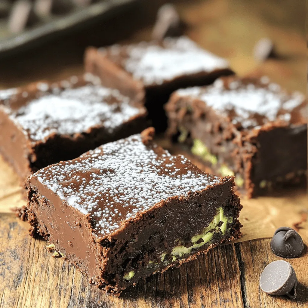 - 1 cup finely grated zucchini - 1 cup all-purpose flour - 1/2 cup unsweetened cocoa powder - 1/2 cup granulated sugar - 1/2 cup packed brown sugar - 1/2 teaspoon baking powder - 1/2 teaspoon baking soda - 1/4 teaspoon salt - 1/2 teaspoon ground cinnamon - 1/3 cup vegetable oil - 1/4 cup unsweetened applesauce - 2 large eggs - 1 teaspoon pure vanilla extract - 1/2 cup chocolate chips This recipe packs in flavor and nutrition. First, we have zucchini, which adds moisture and vitamins. Make sure to grate it finely. It helps the zucchini blend in well with the batter. Next, the flour and cocoa powder create a rich base. Use unsweetened cocoa for the best flavor. The sugars—granulated and brown—sweeten our bars. Brown sugar also gives them a nice chew. Baking powder and baking soda help the bars rise. Salt and cinnamon add balance and warmth. They enhance the chocolate taste. The wet ingredients include vegetable oil, applesauce, eggs, and vanilla. The oil keeps our bars tender. Applesauce is a fun twist that adds flavor and moisture. Finally, the chocolate chips bring it all together. You can choose dark or semi-sweet. If you want more chocolate, feel free to add extra chips on top. - Nuts like walnuts or pecans - Additional chocolate chips for topping Want to customize your bars? Try adding nuts for crunch. They pair well with the soft texture. You can also sprinkle more chocolate chips on top before baking. This makes for an extra chocolatey treat! For the complete recipe, check out the Full Recipe section. - Preheat your oven to 350°F (175°C). - Prepare a 9x9-inch baking pan by greasing it or lining it with parchment paper. I always start with this step to make sure my bars bake evenly. Greasing helps them come out clean later. - In a large bowl, add the finely grated zucchini. Then mix in the wet ingredients: vegetable oil, applesauce, eggs, and vanilla extract. Use a whisk or fork to blend these until smooth. This makes the base rich and moist. - In another bowl, whisk together the dry ingredients: all-purpose flour, cocoa powder, granulated sugar, packed brown sugar, baking powder, baking soda, salt, and ground cinnamon. Mixing these separately ensures all the dry ingredients combine well. This step is key for a good rise. - Gradually add the dry mix to the wet mix. Stir gently until everything is just combined. Do not overmix. Keeping it light helps the bars stay soft and tender. - Pour the batter into your prepared pan. Use a spatula to spread it evenly. Make sure to fill the corners well. This way, every bite has that chocolatey goodness. - Bake in the preheated oven for 25-30 minutes. Check doneness with a toothpick in the center. If it comes out clean or with a few moist crumbs, they are ready. - Once baked, let the bars cool in the pan for about 10 minutes. Prepare a wire rack while they cool. After 10 minutes, gently transfer them to the rack to cool completely. Cooling is important. It helps set the bars so they cut nicely. When they are cooled, cut them into squares or rectangles. Enjoy the mix of chocolate and zucchini! - How to check for doneness: Insert a toothpick into the center of the bars. If it comes out clean or with a few moist crumbs, the bars are done. This is a simple way to ensure they are baked just right. - Avoiding overmixing: When you blend the wet and dry ingredients, mix gently. Stir just until combined. Overmixing makes the bars tough. You want them soft and chewy. - Dusting with powdered sugar: For a lovely touch, sprinkle powdered sugar on top of the cooled bars. This adds a nice contrast to the dark chocolate color. - Serving suggestions with whipped cream: Serve the bars warm with a dollop of whipped cream. It adds creaminess and makes the dessert feel extra special. - How to store leftovers: Keep the bars in an airtight container. This helps keep them fresh for up to five days. Place parchment paper between layers if stacking. - Best practices for freezing: To freeze, wrap the bars tightly in plastic wrap, then place them in a freezer bag. They can last up to three months. Thaw them in the fridge before enjoying. {{image_4}} You can easily change the taste of your Minute Chocolate Zucchini Bars. Adding spices like nutmeg or ginger gives a warm twist. Just a pinch can change the flavor. Try it out and see what you like best. Swapping applesauce for yogurt is another fun idea. Yogurt adds creaminess and a slight tang. This swap can make the bars even richer and more moist. Both options are simple but make a big difference. If you need a gluten-free option, use almond flour instead of all-purpose flour. Almond flour keeps the bars soft and adds a nutty taste. Make sure to check your almond flour for any added ingredients. For those who want a vegan option, substitute the eggs with flax eggs or applesauce. Mix one tablespoon of ground flaxseed with three tablespoons of water for each egg. This makes a great binding agent. You can also use a plant-based yogurt in place of regular yogurt. These changes let everyone enjoy the deliciousness! To make these Minute Chocolate Zucchini Bars, gather the following ingredients: - 1 cup finely grated zucchini - 1 cup all-purpose flour - 1/2 cup unsweetened cocoa powder - 1/2 cup granulated sugar - 1/2 cup packed brown sugar - 1/2 teaspoon baking powder - 1/2 teaspoon baking soda - 1/4 teaspoon salt - 1/2 teaspoon ground cinnamon - 1/3 cup vegetable oil - 1/4 cup unsweetened applesauce - 2 large eggs - 1 teaspoon pure vanilla extract - 1/2 cup chocolate chips Instructions: 1. Preheat the oven to 350°F (175°C) and prepare your baking pan. 2. Mix the wet ingredients in one bowl and whisk until smooth. 3. In another bowl, mix the dry ingredients until well combined. 4. Combine the two mixtures gently. 5. Fold in the chocolate chips and pour the batter into the pan. 6. Bake for 25-30 minutes and then let them cool. Prep Time: 15 mins | Total Time: 45 mins | Servings: 12-16 bars I suggest cutting these bars into 12 to 16 pieces. This amount works well for sharing with friends or family. Each piece is rich and satisfying, perfect for a sweet treat. These chocolate zucchini bars pair wonderfully with ice cream. A scoop of vanilla or chocolate ice cream adds a creamy touch. You can also serve them with fresh fruit like strawberries or raspberries. The fruity flavors balance the rich chocolate perfectly. For a special touch, drizzle some chocolate syrup on top! Store these bars in an airtight container at room temperature. Keep them away from sunlight. For longer freshness, place them in the fridge. They will stay good for about one week. If you want to preserve their moistness, add a slice of bread to the container. The bread helps absorb moisture and keeps the bars soft. Yes, you can freeze these bars. To freeze, wrap each bar tightly in plastic wrap. Then, place the wrapped bars in a freezer-safe bag. They can last up to three months in the freezer. When you’re ready to enjoy them, let them thaw in the fridge overnight. You can also warm them in the microwave. To reheat leftover bars, preheat your oven to 350°F (175°C). Place the bars on a baking sheet. Heat them for about 10-15 minutes. This method keeps the bars soft and fresh. If you’re in a hurry, you can use the microwave. Heat them for about 10-15 seconds per bar. Enjoy them warm for a tasty treat! In this blog post, we explored how to make tasty Chocolate Zucchini Bars. We looked at the key ingredients and optional add-ins that enhance flavor. You learned step-by-step how to mix, bake, and store these delicious treats. I shared tips to ensure your bars turn out perfect every time. Finally, remember that you can tweak this recipe for your taste and dietary needs. Enjoy baking and sharing these bars with friends! They will love them.
