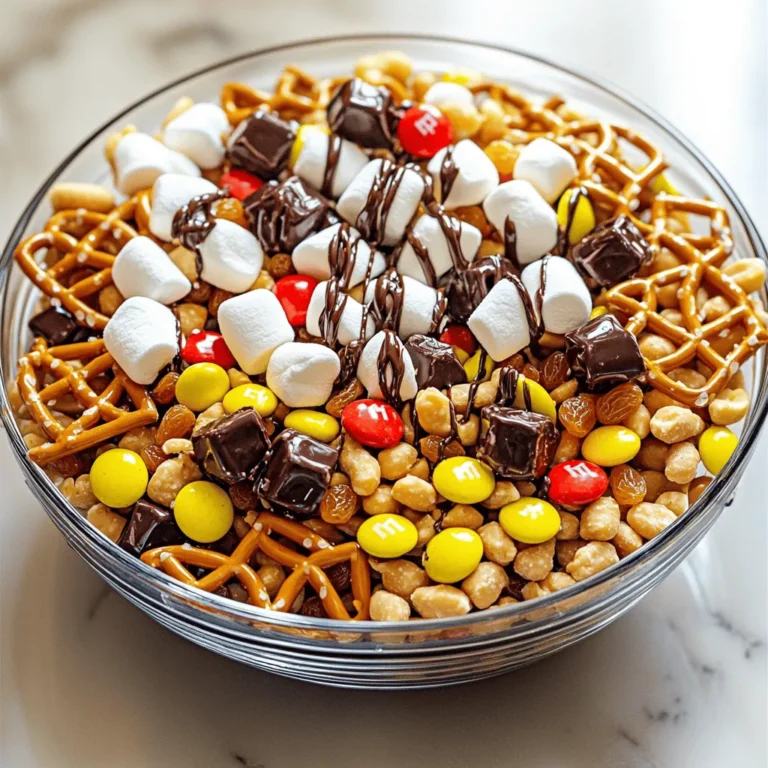 - 1 cup Reese’s Peanut Butter Cups, roughly chopped - 1 cup pretzel bites (mini or regular) - 1 cup honey-roasted peanuts - 1 cup chocolate-covered raisins - ½ cup fluffy mini marshmallows - ½ cup M&M's (peanut or classic) - 1 tablespoon chocolate syrup (optional for drizzling) Gathering the right ingredients is key to making this snack mix delicious. You need a good mix of sweet and salty. The Reese’s cups add that rich peanut butter flavor, while pretzel bites give a nice crunch. Honey-roasted peanuts bring sweetness, and chocolate-covered raisins add a fruity twist. Don't forget the mini marshmallows for fluffiness! M&M's add color and a little more chocolate. If you want an extra touch, drizzle some chocolate syrup on top. It makes the mix even sweeter. When you have everything ready, you'll be just moments away from a tasty treat! This simple snack mix is perfect for sharing or enjoying alone. For the full recipe, check out the instructions provided earlier. First, gather all your ingredients and tools. You will need a large mixing bowl and a spatula. Make sure your ingredients are ready. This step helps with easy mixing. In your bowl, add the chopped Reese’s Peanut Butter Cups, pretzel bites, honey-roasted peanuts, chocolate-covered raisins, mini marshmallows, and M&M's. Use your spatula to mix them together. Make sure everything is well combined but be gentle. We want to keep the integrity of the Reese’s. If you want a bit more sweetness, drizzle the chocolate syrup over the mix. Fold it in lightly. This adds a nice touch without mashing your ingredients. Once everything is mixed, you can serve it in a large bowl or divide it into snack bags. Enjoy your snack right away or store it in an airtight container for later. This mix stays fresh and tasty! To get the best mix, be gentle. When you combine the ingredients, mix just enough to blend everything. If you stir too much, the Reese’s Peanut Butter Cups can break apart. You want to keep the pieces intact for a great crunch and taste. Make your snack mix look fun! Use clear bags or mason jars. This way, the bright colors of the M&M's and other ingredients pop. You can layer them in jars for a nice look. It makes sharing even more exciting at parties or gatherings. To keep your snack mix fresh, use an airtight container. This will lock in the flavors and keep things crunchy. Store it in a cool, dry place. If you want to munch later, packing it in smaller portions can help. This way, you can grab a bag and go! {{image_4}} You can easily change your snack mix to suit your taste. Try using different nuts, like almonds or cashews, instead of peanuts. If you want more crunch, add some sunflower seeds. For a fruity twist, mix in dried cranberries or banana chips. These small changes can make a big difference in flavor and texture. Make your mix fun with seasonal treats. For Halloween, add candy corn or pumpkin spice-flavored snacks. During Easter, use pastel-colored candies or chocolate eggs. For Christmas, try adding peppermint bits or holiday-themed chocolates. These festive touches can brighten your snack mix for any occasion. You can balance sweet and savory flavors easily. Consider adding cheese crackers for a salty crunch. You can also use pretzel sticks for extra flavor. Mixing sweet chocolate with salty snacks keeps everyone happy. This blend makes your snack mix exciting and delicious. Remember, you can find the Full Recipe to create your own version of this tasty treat! To keep your Five Minute Reese's Snack Mix fresh, use an airtight container. This will prevent air and moisture from spoiling your snack. Glass jars with tight lids work well. You can also use plastic containers that seal tightly. Make sure the container is clean and dry before adding your mix. If stored properly, your snack mix will stay fresh for about one week. The flavors will meld together, making it even tastier. If you want it to last longer, you can freeze it. In the freezer, it can last for about three months. Just be sure to thaw it in the fridge before snacking. For easy snacking, consider pre-portioning your mix into small bags. This makes it simple to grab and go. Use snack-sized zip bags or small containers. Label them with the date you made the mix. This way, you can enjoy a sweet treat anytime, anywhere! Quick answer: Only 5 minutes! This snack mix is super fast to whip up. You can enjoy it almost right away. Perfect for when you want a sweet treat fast. Yes, you can! I recommend making it a day before. Just store it in an airtight container. This way, the flavors will blend well. Plus, it stays fresh for up to a week. Just remember not to add marshmallows until you serve it. They might get too soft if you mix them in early. If you want a different taste, try these options: - Use chocolate-covered almonds instead of Reese’s. - Swap out honey-roasted peanuts for regular peanuts. - Try caramel candies for a sweet twist. Feel free to get creative! You can mix and match to fit your taste or diet. This snack mix combines sweet and salty for a tasty treat. You learned about essential ingredients, easy steps, and storage tips. Customizing your mix lets you create endless variations. Remember, making this mix takes just five minutes, so it fits any schedule. Enjoy the fun of mixing and sharing your unique creations. Keep experimenting, and you’ll find your perfect blend. This snack will impress friends and family, so don’t hesitate to make it!
