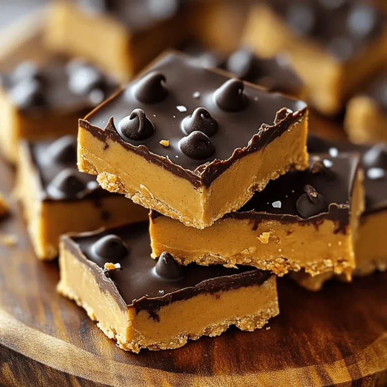 To make the no-bake peanut butter bars, gather these key items: - 1 cup natural creamy peanut butter - 1/2 cup honey or maple syrup - 2 cups rolled oats - 1 cup coconut flour - 1/2 cup dark chocolate chips - 1/4 teaspoon sea salt - 1 teaspoon vanilla extract These ingredients work together to create a sweet and nutty treat. The peanut butter gives a rich flavor, while the oats add texture. Honey or maple syrup brings sweetness, and dark chocolate chips provide a nice contrast. You can boost the flavor or nutrition with some fun add-ins: - 1/2 cup chopped nuts (like almonds or walnuts) - 1/4 cup shredded coconut - 1/4 cup dried fruits (like cranberries or raisins) - 1 tablespoon chia seeds or flaxseeds These add-ins can change the bars. They give extra crunch and flavor. Feel free to mix and match to suit your taste! Not every ingredient may be on hand, and that’s okay! Here are some swaps you can try: - If you want a nut-free option, use sun butter instead of peanut butter. - You can replace honey with agave syrup for a vegan choice. - Instead of coconut flour, use almond flour or regular flour, but adjust the amount. - If you prefer milk chocolate, use milk chocolate chips instead of dark. These substitutions make the recipe flexible. You can still enjoy delicious bars no matter your pantry’s contents. For the complete recipe, check the Full Recipe section! To make these no-bake peanut butter bars, start with the peanut butter. In a medium bowl, add 1 cup of creamy peanut butter and 1/2 cup of honey or maple syrup. Stir this mix until it is smooth. You want it free of lumps. Next, add 2 cups of rolled oats, 1 cup of coconut flour, 1/4 teaspoon of sea salt, and 1 teaspoon of vanilla extract. Mix everything until all dry ingredients blend well. This should give you a thick and even consistency. Now it’s time for the chocolate! Fold in 1/2 cup of dark chocolate chips. Make sure they spread evenly so every bite has that rich chocolate flavor. Prepare an 8x8 inch baking pan by lining it with parchment paper. Leave some paper hanging over the sides. This will help you lift the bars out later. Transfer the peanut butter mix into the pan. Press it down firmly and evenly. This creates a solid structure for your bars. Cover the pan with plastic wrap or foil. Place it in the fridge and chill for at least 2 hours. This step is key for firm bars that hold their shape when cut. The key to perfect bars lies in the mixing process. Make sure you blend the peanut butter and sweetener well. This ensures a smooth start. When adding dry ingredients, mix until everything is fully integrated. Do not rush this step. Packing the mixture tightly in the pan is also important. This helps the bars stay together. Use a spatula or wooden spoon for mixing. These tools work well to combine everything. To avoid lumps, mix in a circular motion. Start from the edges and move toward the center. This helps distribute ingredients evenly. If you find it hard to mix, consider using your hands. Just make sure they are clean! After mixing, always check for dry spots. Each bite should have a bit of everything for the best taste. Enjoy making these tasty no-bake peanut butter bars! For the complete recipe, refer to the section above. To get the best texture, use natural creamy peanut butter. This type blends well and gives a smooth finish. Make sure your honey or maple syrup is fresh. This keeps the bars sweet and sticky. You can also adjust the oats for a chewier bite. More oats make the bars denser. If you want a richer taste, add a pinch more sea salt. This simple tweak can elevate the flavor. If you're short on time, prepare the bars in stages. Mix the peanut butter and honey first. Set that aside while you gather the dry ingredients. This way, you can save time and keep your workspace neat. You can also make the bars ahead of time. They store well in the fridge. This makes them a quick snack for busy days. One common mistake is not pressing the mixture tightly. If you don’t pack it well, the bars may fall apart. Another pitfall is skipping the cooling time. If you cut the bars too soon, they will be too soft. Make sure to chill them for a full two hours. Lastly, don’t forget to line your pan with parchment paper. This makes it easier to lift out the bars later. For detailed steps, check the Full Recipe. {{image_4}} You can mix flavors to make your no-bake peanut butter bars even better. Try adding a dash of cinnamon to bring warmth. If you love chocolate, swap dark chocolate chips for white chocolate or even butterscotch chips. Want a fruity twist? Add dried cranberries or raisins for a sweet surprise. You can also fold in chopped nuts like almonds or pecans for a crunchy texture. Each pairing gives your bars a unique taste that keeps them exciting. You can make these bars fit various diets. If you need gluten-free bars, use certified gluten-free oats. For vegan bars, swap honey with maple syrup. You can also choose a plant-based chocolate option. If you are watching sugar, use a sugar-free sweetener instead of honey or maple syrup. These adjustments let everyone enjoy this tasty treat without worry. Serving your bars can be a fun way to impress friends. Slice the bars into fun shapes using cookie cutters. This makes them great for parties or kids. You can also serve them with a side of fresh fruit or yogurt for a complete snack. Drizzle melted chocolate on top for a fancy look. For a special touch, sprinkle some chopped nuts or sea salt over the bars before serving. These ideas help make your no-bake peanut butter bars a hit at any gathering. To keep your no-bake peanut butter bars fresh, place them in an airtight container. You can store them in the fridge for best results. Make sure they are cool and firm before you put them in the container. This will help maintain their texture. You can freeze these bars for later use. First, cut them into squares. Then, wrap each square in plastic wrap. After that, place the wrapped bars in a freezer-safe bag or container. They will last up to three months in the freezer. When you want to enjoy them, just thaw them in the fridge. These bars stay good in the fridge for about one week. After that, they may lose their taste or texture. If you notice any changes in smell or appearance, it’s best to throw them out. Always check your bars before eating. Keeping them stored well will help you enjoy this tasty treat longer! For the complete recipe, see the Full Recipe. Yes, you can use crunchy peanut butter. It adds nice texture. The bars will still taste great. Just make sure to mix it well with honey or maple syrup. That way, it blends nicely with the oats and flour. To make these bars vegan, switch honey for maple syrup. Use vegan chocolate chips instead of dark chocolate chips. The other ingredients are already plant-based. This keeps the bars tasty and friendly for vegans. If you don’t have coconut flour, use almond flour or a mix of oat flour. Both options work well in this recipe. Just remember that coconut flour absorbs more liquid. So, you may need to adjust the amount slightly. No-bake bars last about one week in the fridge. Store them in an airtight container. This keeps them fresh and tasty. You can also freeze them for up to three months for longer storage. Yes, you can add protein powder. Just add about 1/4 cup to the mix. This boosts the protein content without changing the taste much. Make sure to mix it well with the dry ingredients for even flavor. In this post, we covered essential ingredients and how to prepare your bars. We explored tips to enhance texture and avoid common mistakes. You learned about variations, storage, and FAQs for real-life concerns. Remember, making your own bars can be fun and easy. Follow these steps to enjoy delicious snacks that suit your taste. Happy cooking!