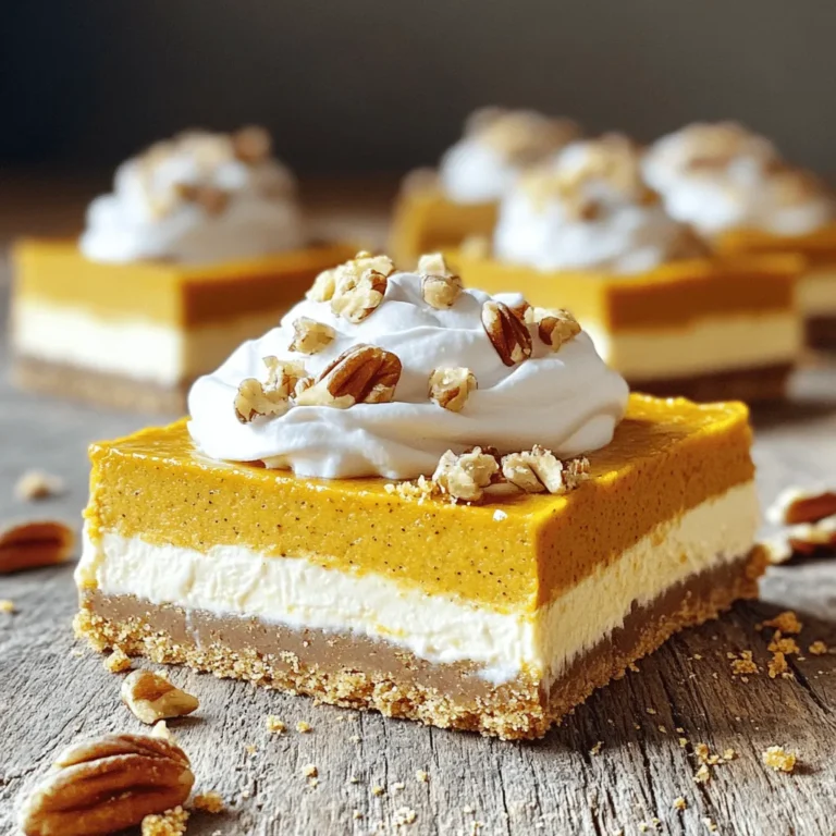 To make No Bake Pumpkin Cheesecake Bars, you need these simple ingredients: - 1 ½ cups graham cracker crumbs - ½ cup unsalted butter, melted - 2 tablespoons brown sugar - 16 oz cream cheese, softened - 1 cup powdered sugar - 1 cup canned pumpkin puree - 1 teaspoon vanilla extract - 1 teaspoon pumpkin pie spice - 1 cup whipped cream (for topping) - Crushed pecans or walnuts (for garnish) These ingredients work together to create a creamy, smooth filling that sits atop a crunchy crust. You can add some fun twists to your recipe. Here are a couple of ideas: - Maple syrup for sweetness - Different types of nuts for topping Using maple syrup can give your bars a nice, rich flavor. Experiment with various nuts to find your favorite topping! For the full recipe, check out the comprehensive steps to create these delightful bars. - Combine graham cracker crumbs, melted butter, and brown sugar. - Press the mixture into the baking dish and chill in the refrigerator. Start by mixing the graham cracker crumbs with melted butter and brown sugar in a bowl. Use a fork to blend everything until it looks like wet sand. This step is key for a tasty crust. Next, take the mixture and press it firmly into a 9x9-inch baking dish. Make sure it’s even and compact. Then, pop it in the fridge for about 10-15 minutes. This chill time helps the crust hold its shape. - Beat cream cheese until smooth. - Gradually add powdered sugar, then mix in pumpkin puree, vanilla, and spices. In a separate large bowl, use an electric mixer to beat the softened cream cheese until it’s smooth. You want to avoid any lumps here. Next, slowly add the powdered sugar while mixing on low speed. Keep going until it blends well. Now, pour in the pumpkin puree, vanilla extract, and pumpkin pie spice. Mix everything on medium speed until it becomes creamy and velvety. - Pour the filling onto the chilled crust and smooth the top. - Cover and refrigerate until set. Once the filling is ready, carefully pour it over your chilled crust. Use a spatula to spread the filling evenly. Make sure the top is smooth for a nice look. Then, cover the dish with plastic wrap and put it in the fridge. Let it chill for at least 4-6 hours. For the best taste and texture, let it set overnight. When it’s firm, you can cut it into squares or rectangles. Enjoy the creamy, spiced delight of these no-bake pumpkin cheesecake bars! For the full recipe, check out the ingredients and steps shared above. To make your pumpkin cheesecake bars smooth, start with cream cheese. Ensure it is fully softened to room temperature. Cold cream cheese will not mix well and can cause lumps. For the best results, let it sit out for at least 30 minutes before use. Chilling time is also key. After mixing, refrigerate the bars for at least 4-6 hours. For firmer bars, chill overnight. This helps the filling set and become creamy. These bars shine when you add some flair. Decorate with a dollop of whipped cream. You can also sprinkle crushed nuts on top for a nice crunch. A drizzle of caramel sauce adds a sweet touch that many love. These bars are perfect for festive gatherings or holidays. They impress guests and are easy to share. Watch out for overbeating the filling. If you mix too long, it can become grainy. Mix just until smooth and creamy. Another mistake is not refrigerating long enough. If the bars do not set properly, they will be hard to cut. Always give them enough time to chill in the fridge. For the full recipe, check the earlier section. {{image_4}} You can have fun with flavors! Here are some easy ideas: - Add chocolate chips for a chocolate-pumpkin cheesecake hybrid. This mix brings a rich taste. The chocolate and pumpkin work well together. - Substitute spices like nutmeg or cinnamon. Each spice adds its unique warmth. Try different amounts to find your perfect flavor balance. The crust can change your bars' taste! Here are some tasty options: - Use digestive biscuits or gingersnap cookies instead of graham crackers. These options add a nice crunch and flavor. Gingersnap cookies give a spicy kick! - For a gluten-free choice, use gluten-free crumbs. This way, everyone can enjoy these bars. Just make sure they fit your dietary needs. For more ideas and details, check out the Full Recipe. Store your leftover pumpkin cheesecake bars in an airtight container. Place them in the refrigerator. They will stay fresh for about 4 to 5 days. Make sure to cover them well to keep them from drying out. You can freeze these cheesecake bars for longer shelf life. First, cut them into squares or rectangles. Wrap each piece tightly in plastic wrap. Then, place the wrapped bars in a freezer-safe bag or container. They can last up to three months in the freezer. When ready to eat, just pull them out and let them thaw in the fridge overnight. No need to reheat these bars! They taste great cold or at room temperature. If you prefer, serve them with a dollop of whipped cream on top. For extra flavor, add some crushed nuts or a drizzle of caramel. Enjoy your treats just as they are! No Bake Pumpkin Cheesecake Bars can last up to 5 days in the fridge. Store them in an airtight container to keep them fresh. If you want to freeze them, they can last for about 2 months. Just make sure to wrap them tightly in plastic wrap and place them in a freezer-safe container. This way, you can enjoy a slice even after a long time! Yes, you can use fresh pumpkin! Just make sure to cook and puree it first. Fresh pumpkin has a lighter taste and can add a nice touch to your bars. However, canned pumpkin is easier and has a uniform flavor, which is why many chefs prefer it. Both options work well, so it depends on your taste and what you have on hand. If you want to avoid cream cheese, you have a few options. You can use Greek yogurt for a tangy flavor. Silken tofu is a great choice too, as it makes a smooth filling. Another option is to use a dairy-free cream cheese if you want to keep it vegan. Each substitute changes the taste a bit, but they all work in this recipe. Yes, you can adjust this recipe for different diets. To make it vegan, just use the dairy-free cream cheese and coconut whipped cream. For a gluten-free version, use gluten-free graham cracker crumbs. If you want a low-sugar option, you can use a sugar substitute in place of powdered sugar. This way, everyone can enjoy these tasty bars! For the Full Recipe, check out the steps above! This recipe provides a simple way to enjoy pumpkin cheesecake bars. We discussed the essential ingredients and the steps for a delicious treat. Remember to chill the bars properly for the best texture. Don’t forget the fun variations, like adding chocolate chips or using different crusts. You can easily adapt this recipe to fit your tastes and dietary needs. Enjoy these tasty bars at gatherings or just for yourself. Happy baking!