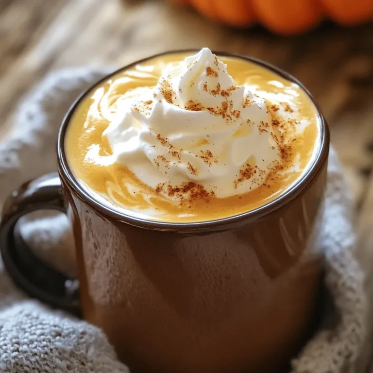 To make a Better Than Starbucks Pumpkin Spice Latte, gather these items: - 2 cups milk (dairy or non-dairy) - 2 tablespoons pumpkin puree (homemade is best) - 1 tablespoon sugar (adjust to taste) - 1 teaspoon vanilla extract (pure is ideal) - 1 teaspoon pumpkin pie spice (plus extra for garnish) - 1 cup freshly brewed coffee (or espresso) - Whipped cream (for topping) - Optional: dash of ground cinnamon (for garnish) You can switch some ingredients for a twist. Here are some ideas: - Milk: Try almond, oat, or coconut milk for a different flavor. - Pumpkin Puree: Use sweet potato puree if you want a unique taste. - Sugar: Honey or maple syrup can replace sugar for natural sweetness. - Spices: Experiment with chai spice or nutmeg for a new flavor profile. Using high-quality ingredients makes a big difference. Here’s why: - Milk: Fresh milk or high-quality non-dairy options provide creaminess and flavor. - Pumpkin Puree: Homemade puree gives a richer taste than canned. - Vanilla Extract: Pure vanilla enhances the sweetness and overall flavor. - Coffee: Freshly brewed coffee or espresso boosts the latte's richness. Choosing the best ingredients not only elevates your latte but also supports your health. Enjoy the process of making this drink as much as you enjoy drinking it. For the complete recipe, check out the Full Recipe section. 1. Start by taking a medium saucepan. Add the milk, pumpkin puree, sugar, vanilla extract, and pumpkin pie spice. Stir it until everything mixes well. 2. Heat this mix over medium heat. Keep whisking as it warms. This stops it from boiling. Get it hot, but not boiling. 3. When the mix is hot, take it off the stove. Froth it using a milk frother or whisk it by hand. Aim for a light and airy texture. 4. As the milk heats, brew your coffee or espresso. This way, it stays fresh and hot. 5. In a large mug, pour the hot coffee first. Gently add the frothy pumpkin-spiced milk on top. Stir it lightly for a mixed flavor. 6. Top your latte with whipped cream. Sprinkle more pumpkin pie spice and a dash of cinnamon on top for a pretty look. - Use whole milk for the best froth. It creates a rich and creamy texture. - If you prefer non-dairy, oat milk froths well and tastes great. - When frothing, keep whisking until you see bubbles form. This adds air and volume. - If you don’t have a frother, a jar with a tight lid works. Shake it briskly for a few minutes. - Use freshly ground coffee beans. They have the best taste. - If you like a stronger flavor, go for espresso shots. - Brew your coffee right before making the latte. Fresh is always better. - Experiment with different coffee blends or roasts for unique tastes. For the complete recipe, check out the Full Recipe section. To boost the flavors in your pumpkin spice latte, use fresh ingredients. Fresh pumpkin puree offers a deep flavor. Try adding a touch of nutmeg for warmth. A hint of sea salt can enhance the sweetness. You can also play with flavored syrups, like caramel or vanilla. This adds complexity and makes your drink unique. One common mistake is using cold milk. Always heat your milk until it’s hot but not boiling. Boiling can ruin the flavor. Another mistake is not whisking enough. Whisking adds air and creates a creamy froth. Lastly, don’t skip the pumpkin pie spice. It brings all the classic fall flavors together. You don’t need fancy tools to make a great latte. A medium saucepan works well for heating. A whisk or a milk frother helps create that perfect froth. Use a reliable coffee maker or espresso machine for brewing. Clear glass mugs make for a beautiful presentation. For a fun touch, try a squeeze bottle for drizzling toppings. You can find the full recipe for more details. {{image_4}} You can change your pumpkin spice latte for the seasons. In winter, add peppermint syrup for a festive twist. For spring, try a splash of vanilla to lighten it up. In summer, chill it down and serve it over ice. Each season brings new flavors to explore. Want to mix things up? Add a shot of caramel syrup for sweetness. You can swap pumpkin puree for apple cider for a fruity taste. For a spicy kick, try adding a pinch of cayenne pepper. These small changes can create a whole new drink. If you want a cozy drink without caffeine, use herbal tea. Chai tea or rooibos works well. Brew your tea and add the same pumpkin spice mix. This way, you enjoy the flavors without the jitters. You can still have fun with your drink! If you have extra pumpkin puree, store it in an airtight container. Keep it in the fridge. Use it within a week for the best taste. For longer storage, freeze it in small portions. This makes it easy to use next time. After making your pumpkin spice latte, it’s best to drink it right away. If you have leftovers, store them in a sealed container. Place the latte in the fridge. Use it within two days. The flavor will fade over time, so enjoy it soon! To reheat your latte, pour it into a saucepan. Warm it on low heat. Stir often to avoid burning. You can also use a microwave. Heat it in a microwave-safe cup for 30 seconds. Stir and check the temperature. Heat more if needed, but don't overdo it! To make your pumpkin spice latte creamier, use full-fat milk or cream. You can also blend in a bit of whipped cream when you froth the milk. This adds richness and a smooth texture. For a fun twist, try adding a splash of heavy cream on top. You will notice the difference right away! Yes, you can use any sweetener you like. Honey, maple syrup, or agave work well. You can also use stevia or monk fruit for a low-calorie option. Just remember to adjust the amount based on how sweet you want your latte. Each sweetener adds a unique flavor, so feel free to experiment! The best milk alternatives include oat milk, almond milk, and soy milk. Oat milk is creamy and froths well, making it a popular choice. Almond milk is lighter but has a nutty flavor. Soy milk is rich in protein and can also create good froth. Choose what you love best for your latte! Absolutely! To make this recipe vegan, swap dairy milk for any plant-based milk. Use maple syrup or agave instead of sugar. Also, skip the whipped cream or use a vegan alternative. This way, you can enjoy a delicious pumpkin spice latte that fits your lifestyle! For the full recipe, check out the detailed instructions above. You have explored the key ingredients for a perfect latte, from quality to alternatives. We’ve covered step-by-step instructions for brewing techniques and tips to enhance flavor. You learned about common mistakes and storage tips to keep your drink fresh. Finally, we discussed variations, including seasonal adaptations and non-caffeinated options. With this knowledge, you can create a delightful latte experience each time. Enjoy the joy of making lattes your way!