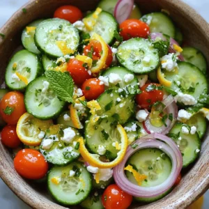 - Cucumber and Vegetable Choices - 2 large cucumbers, thinly sliced into rounds - 1 cup cherry tomatoes, halved - 1/2 medium red onion, paper-thin sliced Cucumbers are the star here. They add crunch and freshness. Choose firm cucumbers without soft spots. Cherry tomatoes give a pop of color. Their sweetness contrasts well with the cucumbers. Red onion adds a bit of bite. Slice them thin for a milder taste. - Optional Garnishes - 1/4 cup fresh mint leaves, finely chopped - 1/4 cup feta cheese, crumbled into small pieces Mint leaves brighten the salad. They bring a cool touch. Feta cheese adds creamy richness. It also gives a salty kick. Both are optional but elevate the dish. - Dressing Components - Zest of 1 lemon - Juice of 1 lemon (approximately 2 tablespoons) - Zest of 1 orange - Juice of 1 orange (approximately 2 tablespoons) - 1 tablespoon honey (preferably liquid) - 2 tablespoons extra-virgin olive oil - Salt and black pepper, to taste The dressing is bright and zesty. Lemon and orange zest give depth. Their juices add tartness. Honey balances the flavors with sweetness. Olive oil ties everything together. Season with salt and pepper to make it perfect. This combination creates a refreshing summer salad. You can easily adjust the ingredients to fit your taste. For the full recipe, check out the Crisp Citrus Cucumber Salad. Base Salad Assembly Start by slicing the cucumbers into thin rounds. Use a sharp knife for clean cuts. Place the sliced cucumbers in a large bowl. Next, halve the cherry tomatoes and add them to the bowl. Now, slice the red onion very thin. This helps keep its flavor mild. Mix all these ingredients together gently. Making the Citrus Dressing Grab a small bowl for the dressing. First, zest the lemon and orange. Use a microplane for fine zest. Next, squeeze the juice from both fruits into the bowl. Add the honey and olive oil. Whisk this mixture until it blends well. You want it to be smooth and shiny. Combining Salad Ingredients Pour the citrus dressing over the salad base. Use a spatula to fold the ingredients together gently. Make sure every piece gets some dressing. Now, add the chopped mint leaves and crumbled feta. Be careful not to break the feta too much. Lastly, sprinkle salt and black pepper to taste. Let the salad rest for about 10 minutes. This helps the flavors come together. Presentation Ideas Serve your salad in a large, shallow bowl. This allows the colors to shine. For a special touch, add extra mint leaves and feta on top. It looks great and tastes even better. You can enjoy it chilled or at room temperature. Pairing with Other Dishes This salad pairs well with grilled chicken or fish. It also goes nicely with a light pasta dish. Try it alongside a simple sandwich for a perfect lunch. The bright flavors will complement many meals beautifully. Signs of Freshness To find the best cucumbers, look for ones that are firm. They should feel heavy for their size. The skin should be smooth and bright green. Avoid cucumbers with soft spots or wrinkles. These signs mean the cucumber may be old or bad. Best Varieties for Salads For salads, I love using English cucumbers. They have fewer seeds and a thin skin. Persian cucumbers are another good choice. They are smaller and sweeter. Both varieties add great crunch and flavor to your salad. Flavor Enhancements To make your cucumber salad pop, try adding herbs. I often use fresh mint or dill. They bring a burst of flavor. You can also add a pinch of red pepper flakes for some heat. A sprinkle of lemon zest gives it a bright touch, too. Ideal Resting Time Let the salad rest for about 10 minutes before serving. This time helps the flavors mix. The salt draws out moisture from the cucumbers, making the salad juicy. It’s a simple step, but it really boosts the taste. For the full recipe, check out the Crisp Citrus Cucumber Salad. {{image_4}} For a classic cucumber salad, I stick to simple ingredients. You need: - 2 large cucumbers - 1 cup cherry tomatoes - 1/2 medium red onion - Fresh herbs like dill or parsley The dressing can be basic, too. A mix of vinegar, oil, and a pinch of salt works well. I often use white wine vinegar for a nice kick. Just whisk together: - 1/4 cup olive oil - 2 tablespoons vinegar - Salt and pepper to taste Toss it all together for a fresh taste that never disappoints. To make it exciting, I love adding international flavors. For a Mediterranean twist, consider adding olives and feta cheese. This gives a salty, rich taste that pairs perfectly with cucumbers. In an Asian-inspired version, I use rice vinegar and sesame oil. You can add chopped peanuts for crunch. Fresh cilantro or mint can also add a nice flavor. These variations keep your cucumber salad interesting and full of flavor. Each twist brings a new experience to this refreshing dish. For the full recipe, check out the link provided. Cucumbers are mostly water, which helps keep you hydrated. This makes them a great snack for hot days. They are low in calories, so they are good for weight loss. One medium cucumber has only about 16 calories. Eating cucumbers can help you feel full without adding a lot of calories to your diet. Cucumbers are rich in vitamins and nutrients. They have vitamin K, which helps with blood clotting and bone health. They also contain vitamin C, which boosts your immune system. Additionally, cucumbers have potassium, which helps control your blood pressure. The skin of cucumbers has fiber, which is good for digestion. Cucumber salad fits many diets. It is vegan and gluten-free. You can enjoy it if you avoid animal products or gluten. This makes it a great choice for gatherings with different diets. If you have allergies, you can adjust the recipe. You can skip the feta cheese to make it dairy-free. You can also leave out the honey for a vegan option. Always check labels for other ingredients to ensure they are safe for your needs. This salad is not only tasty but also packed with nutrition. Enjoy it as a refreshing side dish or a light meal. For the full recipe, check out the Crisp Citrus Cucumber Salad. How to store leftover cucumber salad? Store leftover cucumber salad in an airtight container. Keep it in the fridge. It stays fresh for up to two days. If the salad gets soggy, drain excess liquid before serving. Can I make cucumber salad ahead of time? Yes, you can make cucumber salad ahead. However, it is best to add the dressing just before serving. This keeps the cucumbers crisp. You can prepare the veggies and dressing separately. What other ingredients can I add to cucumber salad? You can add many tasty ingredients to cucumber salad. Try adding bell peppers, avocados, or radishes. Fresh herbs like dill or cilantro work well too. You can also mix in nuts or seeds for crunch. Check the [Full Recipe for Crisp Citrus Cucumber Salad](#) to explore more about making this dish. For dressings, try balsamic vinaigrette or yogurt-based dressings. Pair this salad with grilled chicken or fish for a complete meal. Cucumber salads are easy to make and fun to enjoy. We covered the key ingredients, preparation steps, and tips to make your salad shine. From classic recipes to global twists, there are many ways to enjoy cucumbers. They offer great health benefits, too, and fit into various diets. Remember to choose fresh cucumbers for the best taste. With helpful serving ideas, you can impress at any meal. Explore, experiment, and taste, and soon you'll make a salad everyone loves.