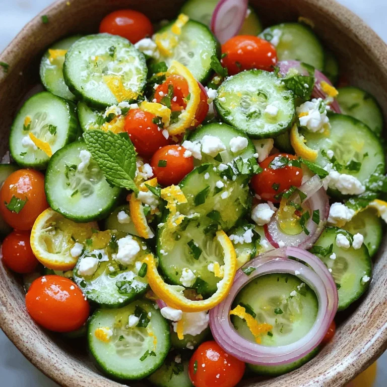 - Cucumber and Vegetable Choices - 2 large cucumbers, thinly sliced into rounds - 1 cup cherry tomatoes, halved - 1/2 medium red onion, paper-thin sliced Cucumbers are the star here. They add crunch and freshness. Choose firm cucumbers without soft spots. Cherry tomatoes give a pop of color. Their sweetness contrasts well with the cucumbers. Red onion adds a bit of bite. Slice them thin for a milder taste. - Optional Garnishes - 1/4 cup fresh mint leaves, finely chopped - 1/4 cup feta cheese, crumbled into small pieces Mint leaves brighten the salad. They bring a cool touch. Feta cheese adds creamy richness. It also gives a salty kick. Both are optional but elevate the dish. - Dressing Components - Zest of 1 lemon - Juice of 1 lemon (approximately 2 tablespoons) - Zest of 1 orange - Juice of 1 orange (approximately 2 tablespoons) - 1 tablespoon honey (preferably liquid) - 2 tablespoons extra-virgin olive oil - Salt and black pepper, to taste The dressing is bright and zesty. Lemon and orange zest give depth. Their juices add tartness. Honey balances the flavors with sweetness. Olive oil ties everything together. Season with salt and pepper to make it perfect. This combination creates a refreshing summer salad. You can easily adjust the ingredients to fit your taste. For the full recipe, check out the Crisp Citrus Cucumber Salad. Base Salad Assembly Start by slicing the cucumbers into thin rounds. Use a sharp knife for clean cuts. Place the sliced cucumbers in a large bowl. Next, halve the cherry tomatoes and add them to the bowl. Now, slice the red onion very thin. This helps keep its flavor mild. Mix all these ingredients together gently. Making the Citrus Dressing Grab a small bowl for the dressing. First, zest the lemon and orange. Use a microplane for fine zest. Next, squeeze the juice from both fruits into the bowl. Add the honey and olive oil. Whisk this mixture until it blends well. You want it to be smooth and shiny. Combining Salad Ingredients Pour the citrus dressing over the salad base. Use a spatula to fold the ingredients together gently. Make sure every piece gets some dressing. Now, add the chopped mint leaves and crumbled feta. Be careful not to break the feta too much. Lastly, sprinkle salt and black pepper to taste. Let the salad rest for about 10 minutes. This helps the flavors come together. Presentation Ideas Serve your salad in a large, shallow bowl. This allows the colors to shine. For a special touch, add extra mint leaves and feta on top. It looks great and tastes even better. You can enjoy it chilled or at room temperature. Pairing with Other Dishes This salad pairs well with grilled chicken or fish. It also goes nicely with a light pasta dish. Try it alongside a simple sandwich for a perfect lunch. The bright flavors will complement many meals beautifully. Signs of Freshness To find the best cucumbers, look for ones that are firm. They should feel heavy for their size. The skin should be smooth and bright green. Avoid cucumbers with soft spots or wrinkles. These signs mean the cucumber may be old or bad. Best Varieties for Salads For salads, I love using English cucumbers. They have fewer seeds and a thin skin. Persian cucumbers are another good choice. They are smaller and sweeter. Both varieties add great crunch and flavor to your salad. Flavor Enhancements To make your cucumber salad pop, try adding herbs. I often use fresh mint or dill. They bring a burst of flavor. You can also add a pinch of red pepper flakes for some heat. A sprinkle of lemon zest gives it a bright touch, too. Ideal Resting Time Let the salad rest for about 10 minutes before serving. This time helps the flavors mix. The salt draws out moisture from the cucumbers, making the salad juicy. It’s a simple step, but it really boosts the taste. For the full recipe, check out the Crisp Citrus Cucumber Salad. {{image_4}} For a classic cucumber salad, I stick to simple ingredients. You need: - 2 large cucumbers - 1 cup cherry tomatoes - 1/2 medium red onion - Fresh herbs like dill or parsley The dressing can be basic, too. A mix of vinegar, oil, and a pinch of salt works well. I often use white wine vinegar for a nice kick. Just whisk together: - 1/4 cup olive oil - 2 tablespoons vinegar - Salt and pepper to taste Toss it all together for a fresh taste that never disappoints. To make it exciting, I love adding international flavors. For a Mediterranean twist, consider adding olives and feta cheese. This gives a salty, rich taste that pairs perfectly with cucumbers. In an Asian-inspired version, I use rice vinegar and sesame oil. You can add chopped peanuts for crunch. Fresh cilantro or mint can also add a nice flavor. These variations keep your cucumber salad interesting and full of flavor. Each twist brings a new experience to this refreshing dish. For the full recipe, check out the link provided. Cucumbers are mostly water, which helps keep you hydrated. This makes them a great snack for hot days. They are low in calories, so they are good for weight loss. One medium cucumber has only about 16 calories. Eating cucumbers can help you feel full without adding a lot of calories to your diet. Cucumbers are rich in vitamins and nutrients. They have vitamin K, which helps with blood clotting and bone health. They also contain vitamin C, which boosts your immune system. Additionally, cucumbers have potassium, which helps control your blood pressure. The skin of cucumbers has fiber, which is good for digestion. Cucumber salad fits many diets. It is vegan and gluten-free. You can enjoy it if you avoid animal products or gluten. This makes it a great choice for gatherings with different diets. If you have allergies, you can adjust the recipe. You can skip the feta cheese to make it dairy-free. You can also leave out the honey for a vegan option. Always check labels for other ingredients to ensure they are safe for your needs. This salad is not only tasty but also packed with nutrition. Enjoy it as a refreshing side dish or a light meal. For the full recipe, check out the Crisp Citrus Cucumber Salad. How to store leftover cucumber salad? Store leftover cucumber salad in an airtight container. Keep it in the fridge. It stays fresh for up to two days. If the salad gets soggy, drain excess liquid before serving. Can I make cucumber salad ahead of time? Yes, you can make cucumber salad ahead. However, it is best to add the dressing just before serving. This keeps the cucumbers crisp. You can prepare the veggies and dressing separately. What other ingredients can I add to cucumber salad? You can add many tasty ingredients to cucumber salad. Try adding bell peppers, avocados, or radishes. Fresh herbs like dill or cilantro work well too. You can also mix in nuts or seeds for crunch. Check the [Full Recipe for Crisp Citrus Cucumber Salad](#) to explore more about making this dish. For dressings, try balsamic vinaigrette or yogurt-based dressings. Pair this salad with grilled chicken or fish for a complete meal. Cucumber salads are easy to make and fun to enjoy. We covered the key ingredients, preparation steps, and tips to make your salad shine. From classic recipes to global twists, there are many ways to enjoy cucumbers. They offer great health benefits, too, and fit into various diets. Remember to choose fresh cucumbers for the best taste. With helpful serving ideas, you can impress at any meal. Explore, experiment, and taste, and soon you'll make a salad everyone loves.