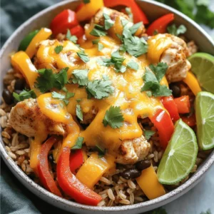 To make the One-Pan Chicken Burrito Bowl, gather these simple ingredients: - 1 lb (450g) boneless, skinless chicken thighs, cut into bite-sized pieces - 1 tablespoon olive oil - 1 teaspoon chili powder - 1 teaspoon ground cumin - 1 teaspoon garlic powder - 1/2 teaspoon smoked paprika - Salt and freshly ground black pepper, to taste - 1 cup uncooked brown rice - 2 cups chicken broth (low-sodium recommended) - 1 can (15 oz) black beans, drained and rinsed - 1 cup corn (fresh, frozen, or canned) - 1 large bell pepper, diced (any color for a vibrant look) - 1 cup salsa (your favorite kind) - 1 cup shredded cheese (cheddar or Mexican blend recommended) - Fresh cilantro, chopped, for garnish - Lime wedges, for serving If you have some dietary restrictions or preferences, consider these swaps: - Chicken thighs can be replaced with chicken breast for a leaner option. - Use vegetable broth instead of chicken broth for a vegetarian dish. - Swap black beans for pinto or kidney beans, based on your taste. - Quinoa can replace brown rice for a gluten-free grain. - For a dairy-free option, use vegan cheese or skip the cheese entirely. You will need some basic tools to make this dish: - A large skillet or pan - A sharp knife for chopping - A cutting board - Measuring cups and spoons - A spatula or wooden spoon for stirring - A fork for fluffing the rice These tools help make cooking fun and easy, ensuring you enjoy the process of creating your meal. For the full recipe, check out the details provided above! Start by cutting the chicken thighs into small pieces. This helps them cook evenly and quickly. In a large bowl, mix the chicken with salt, pepper, chili powder, cumin, garlic powder, and smoked paprika. This blend gives the chicken a deep, tasty flavor. Make sure every piece is coated well. This step is key to a flavorful dish. Heat the olive oil in a large skillet over medium heat. When the oil shimmers, add the seasoned chicken. Cook for 5-6 minutes. Stir it often, so it browns evenly. Once the chicken is cooked, add the uncooked brown rice, chicken broth, black beans, corn, diced bell pepper, and salsa. Raise the heat until it gently boils. Then, lower the heat, cover the pan, and let it simmer for about 25-30 minutes. This allows the rice to soak up all the flavors. When the rice is tender and the liquid is gone, take the pan off the heat. Sprinkle the shredded cheese over the top and cover it again. Let it sit for a few minutes. This will melt the cheese nicely. Use a fork to fluff the burrito bowl gently. Garnish with fresh cilantro for a bright look. Serve with lime wedges for that extra zest. Display the dish in large, shallow bowls to showcase the colorful layers. Enjoy the burst of flavors in every bite. For the complete process, refer to the Full Recipe. To make cooking faster, prep your ingredients first. Chop the bell pepper and measure the spices before you start. You can even cut the chicken into pieces the night before. This way, you save time and feel less rushed while cooking. Use a sharp knife for faster chopping and safer cutting. To boost the taste, try marinating your chicken. A simple mix of lime juice, garlic, and spices works great. Let it sit for 15 minutes or longer. You can also add fresh herbs like cilantro or parsley at the end. For a kick, use a spicy salsa or add jalapeños. These small changes can make a big difference in flavor. One-pan cooking is fun and easy. Start with the meat first, as it takes longer to cook. Make sure to stir the mixture well to avoid sticking. Use a lid to trap steam and cook the rice evenly. For a beautiful finish, let the cheese melt without stirring it in. This gives you a nice layer of cheesy goodness on top. Remember, the secret to a great one-pan meal is patience and careful layering. For the full recipe, check out the details above. {{image_4}} You can easily make this dish vegetarian. Swap the chicken for cooked lentils or chickpeas. These options add protein and texture. You can also use tofu for a hearty feel. Just season it the same way as the chicken. This keeps the flavor strong and satisfying. Add extra veggies like zucchini or mushrooms to enhance the mix. If you like heat, consider adding jalapeños or diced chipotle peppers. They bring a nice kick to your bowl. You can also use spicy salsa or a dash of hot sauce. For extra flavor, add a sprinkle of cayenne pepper when cooking. Remember, start small, then adjust to your taste! While brown rice is great, you can try other grains too. Quinoa is a wonderful choice. It cooks fast and adds a nutty flavor. Cauliflower rice is another option for a low-carb twist. It’s light and fluffy. Just adjust the cooking time to avoid overcooking. These options keep the dish fresh and exciting. After enjoying your One-Pan Chicken Burrito Bowl, let it cool. Use an airtight container to store leftovers. Keep it in the fridge for up to three days. Make sure to separate any toppings, like cheese and cilantro, so they stay fresh. To reheat, you can use the microwave or stovetop. For the microwave, place the bowl in for one to two minutes, stirring halfway. If you prefer the stovetop, heat on low in a skillet. Stir often until it’s hot. Add a splash of water or broth to keep it moist. If you want to freeze it, first cool the dish completely. Transfer it to a freezer-safe container or bag. Remove as much air as possible. It can stay in the freezer for up to three months. To thaw, place it in the fridge overnight before reheating. This way, you’ll have a quick meal ready to go! For the full recipe, check out the earlier sections. It takes about 45 minutes to cook this dish. You spend 10 minutes prepping the ingredients. Then, you cook everything in one pan for about 30 minutes. This makes it a quick and easy meal option for busy days. Yes, you can use different proteins in this bowl. Chicken is great, but try beef, pork, or shrimp. For a meatless option, use tofu or tempeh. Just adjust the cooking time based on the protein you choose. Many sides go well with a burrito bowl. You can serve it with tortilla chips and guacamole. A simple green salad also works well. If you want something warm, try a side of refried beans or Mexican street corn. These sides add extra flavor and fun to your meal. You learned about making a great one-pan chicken burrito bowl. We covered key ingredients, cooking steps, and tools. I shared tips to save time and enhance flavors. You can explore tasty variations, store leftovers correctly, and reheat with ease. Cooking can be fun and simple. With practice, you will impress family and friends with your meals. Enjoy your cooking journey and discover new flavors along the way!