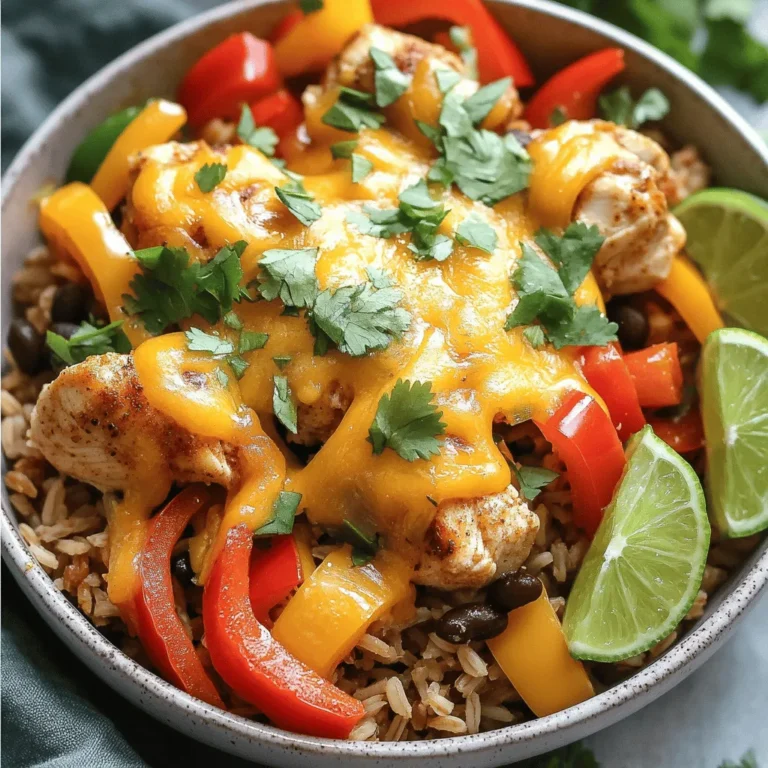 To make the One-Pan Chicken Burrito Bowl, gather these simple ingredients: - 1 lb (450g) boneless, skinless chicken thighs, cut into bite-sized pieces - 1 tablespoon olive oil - 1 teaspoon chili powder - 1 teaspoon ground cumin - 1 teaspoon garlic powder - 1/2 teaspoon smoked paprika - Salt and freshly ground black pepper, to taste - 1 cup uncooked brown rice - 2 cups chicken broth (low-sodium recommended) - 1 can (15 oz) black beans, drained and rinsed - 1 cup corn (fresh, frozen, or canned) - 1 large bell pepper, diced (any color for a vibrant look) - 1 cup salsa (your favorite kind) - 1 cup shredded cheese (cheddar or Mexican blend recommended) - Fresh cilantro, chopped, for garnish - Lime wedges, for serving If you have some dietary restrictions or preferences, consider these swaps: - Chicken thighs can be replaced with chicken breast for a leaner option. - Use vegetable broth instead of chicken broth for a vegetarian dish. - Swap black beans for pinto or kidney beans, based on your taste. - Quinoa can replace brown rice for a gluten-free grain. - For a dairy-free option, use vegan cheese or skip the cheese entirely. You will need some basic tools to make this dish: - A large skillet or pan - A sharp knife for chopping - A cutting board - Measuring cups and spoons - A spatula or wooden spoon for stirring - A fork for fluffing the rice These tools help make cooking fun and easy, ensuring you enjoy the process of creating your meal. For the full recipe, check out the details provided above! Start by cutting the chicken thighs into small pieces. This helps them cook evenly and quickly. In a large bowl, mix the chicken with salt, pepper, chili powder, cumin, garlic powder, and smoked paprika. This blend gives the chicken a deep, tasty flavor. Make sure every piece is coated well. This step is key to a flavorful dish. Heat the olive oil in a large skillet over medium heat. When the oil shimmers, add the seasoned chicken. Cook for 5-6 minutes. Stir it often, so it browns evenly. Once the chicken is cooked, add the uncooked brown rice, chicken broth, black beans, corn, diced bell pepper, and salsa. Raise the heat until it gently boils. Then, lower the heat, cover the pan, and let it simmer for about 25-30 minutes. This allows the rice to soak up all the flavors. When the rice is tender and the liquid is gone, take the pan off the heat. Sprinkle the shredded cheese over the top and cover it again. Let it sit for a few minutes. This will melt the cheese nicely. Use a fork to fluff the burrito bowl gently. Garnish with fresh cilantro for a bright look. Serve with lime wedges for that extra zest. Display the dish in large, shallow bowls to showcase the colorful layers. Enjoy the burst of flavors in every bite. For the complete process, refer to the Full Recipe. To make cooking faster, prep your ingredients first. Chop the bell pepper and measure the spices before you start. You can even cut the chicken into pieces the night before. This way, you save time and feel less rushed while cooking. Use a sharp knife for faster chopping and safer cutting. To boost the taste, try marinating your chicken. A simple mix of lime juice, garlic, and spices works great. Let it sit for 15 minutes or longer. You can also add fresh herbs like cilantro or parsley at the end. For a kick, use a spicy salsa or add jalapeños. These small changes can make a big difference in flavor. One-pan cooking is fun and easy. Start with the meat first, as it takes longer to cook. Make sure to stir the mixture well to avoid sticking. Use a lid to trap steam and cook the rice evenly. For a beautiful finish, let the cheese melt without stirring it in. This gives you a nice layer of cheesy goodness on top. Remember, the secret to a great one-pan meal is patience and careful layering. For the full recipe, check out the details above. {{image_4}} You can easily make this dish vegetarian. Swap the chicken for cooked lentils or chickpeas. These options add protein and texture. You can also use tofu for a hearty feel. Just season it the same way as the chicken. This keeps the flavor strong and satisfying. Add extra veggies like zucchini or mushrooms to enhance the mix. If you like heat, consider adding jalapeños or diced chipotle peppers. They bring a nice kick to your bowl. You can also use spicy salsa or a dash of hot sauce. For extra flavor, add a sprinkle of cayenne pepper when cooking. Remember, start small, then adjust to your taste! While brown rice is great, you can try other grains too. Quinoa is a wonderful choice. It cooks fast and adds a nutty flavor. Cauliflower rice is another option for a low-carb twist. It’s light and fluffy. Just adjust the cooking time to avoid overcooking. These options keep the dish fresh and exciting. After enjoying your One-Pan Chicken Burrito Bowl, let it cool. Use an airtight container to store leftovers. Keep it in the fridge for up to three days. Make sure to separate any toppings, like cheese and cilantro, so they stay fresh. To reheat, you can use the microwave or stovetop. For the microwave, place the bowl in for one to two minutes, stirring halfway. If you prefer the stovetop, heat on low in a skillet. Stir often until it’s hot. Add a splash of water or broth to keep it moist. If you want to freeze it, first cool the dish completely. Transfer it to a freezer-safe container or bag. Remove as much air as possible. It can stay in the freezer for up to three months. To thaw, place it in the fridge overnight before reheating. This way, you’ll have a quick meal ready to go! For the full recipe, check out the earlier sections. It takes about 45 minutes to cook this dish. You spend 10 minutes prepping the ingredients. Then, you cook everything in one pan for about 30 minutes. This makes it a quick and easy meal option for busy days. Yes, you can use different proteins in this bowl. Chicken is great, but try beef, pork, or shrimp. For a meatless option, use tofu or tempeh. Just adjust the cooking time based on the protein you choose. Many sides go well with a burrito bowl. You can serve it with tortilla chips and guacamole. A simple green salad also works well. If you want something warm, try a side of refried beans or Mexican street corn. These sides add extra flavor and fun to your meal. You learned about making a great one-pan chicken burrito bowl. We covered key ingredients, cooking steps, and tools. I shared tips to save time and enhance flavors. You can explore tasty variations, store leftovers correctly, and reheat with ease. Cooking can be fun and simple. With practice, you will impress family and friends with your meals. Enjoy your cooking journey and discover new flavors along the way!