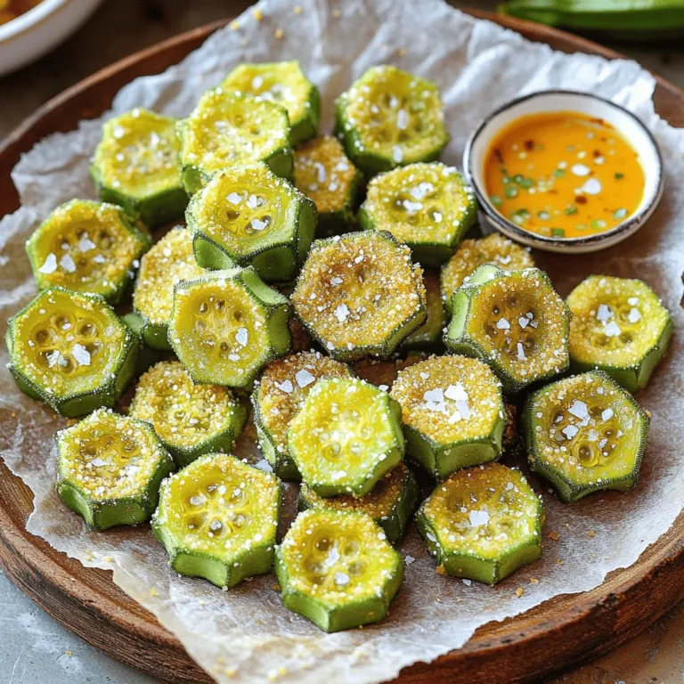 To make crispy fried okra, you need simple ingredients. Here’s what you will need: - 1 pound fresh okra, sliced into ½ inch rounds - 1 cup buttermilk - 1 cup cornmeal - ½ cup all-purpose flour - 1 teaspoon garlic powder - 1 teaspoon onion powder - ½ teaspoon cayenne pepper (adjust to taste) - Salt and black pepper to taste - Vegetable oil for frying These ingredients work together to create a crunchy outer layer and tender inside. Fresh okra shines in this dish. The buttermilk adds a nice tang and helps the coating stick. Cornmeal gives a great crunch, while flour helps everything bind. Garlic and onion powders bring flavor, and cayenne adds a kick. Adjust the cayenne if you don't want too much heat. Using the right oil is also key. Vegetable oil has a high smoke point, which is perfect for frying. Remember, using fresh ingredients makes a big difference in taste. For the full recipe, check the section above. - Rinse and dry the fresh okra - Marinate okra in buttermilk Start by rinsing the fresh okra. Place it under cold running water. This step removes dirt and debris. Once rinsed, dry the okra with a clean paper towel. A dry surface helps create a crispy coating later. Next, marinate the okra in buttermilk. Pour one cup of buttermilk into a large bowl. Add the sliced okra and stir gently. Make sure every piece is coated. Let it sit for about 15 minutes. This allows the okra to soak in the flavor. - Mix the dry ingredients - Heat oil and test readiness - Dredge okra and fry until golden In a separate bowl, mix the dry ingredients. Combine one cup of cornmeal, half a cup of flour, garlic powder, onion powder, cayenne pepper, salt, and black pepper. Use a whisk to blend these well, so the spices spread evenly. Now, heat about one inch of vegetable oil in a skillet. Set the heat to medium-high. To check if the oil is ready, drop a pinch of the cornmeal mixture in. If it bubbles and sizzles, the oil is hot enough. Carefully take each okra piece from the buttermilk. Let excess liquid drip off. Dredge the okra in the cornmeal mixture, making sure to coat it well. Shake off any extra coating to avoid clumps. Fry the okra in small batches. This keeps the temperature steady. Cook for 3 to 4 minutes, or until the okra is golden brown. - Transfer to absorb excess oil - Serve right away for optimal crispiness Once done, use a slotted spoon to transfer the okra. Place it on a plate with paper towels. This step absorbs extra oil and keeps the okra crispy. Serve your crispy fried okra right away. Enjoy it as a snack or side dish. For the best taste, serve while hot. To get crispy fried okra, you must dry the okra well. Moisture can make your okra soggy. After rinsing, pat it with a paper towel. This helps the coating stick better. The ideal frying temperature is around 350°F. If the oil is too cool, the okra will absorb more oil. If it's too hot, the coating will burn. Use a deep skillet or fryer to control the heat. You can add more flavor with seasonings. I recommend garlic powder and onion powder for a tasty base. If you like spice, cayenne pepper is great. Start with half a teaspoon. You can always add more if you want it hotter. Mix all seasonings well with the cornmeal and flour for even flavor. Fried okra is best served hot. It gets softer as it cools. Pair it with a tasty dipping sauce. Ranch dressing or a spicy remoulade works well. You can also sprinkle a bit of sea salt on top for extra flavor. For a great look, arrange the okra on a platter with parchment paper. This makes it easy to grab and enjoy! For the full recipe, check out the Crispy Fried Okra Delight. {{image_4}} You can switch up the coating for crispy fried okra. Instead of all-purpose flour, try gluten-free flour. This keeps the crunch while making it suitable for gluten-free diets. You could also mix in cornmeal with almond flour for extra texture. Adding spices can give your okra a fun twist. Try smoked paprika for a rich flavor, or add cumin for an earthy taste. You can even use ranch seasoning for a zesty kick. Experiment and find your favorite mix! If you want a healthier option, consider air frying the okra. It still gets crispy, but with less oil. Set your air fryer to 400°F and cook for about 10 to 15 minutes. Shake the basket halfway through for even cooking. Baking is another great method. Preheat your oven to 425°F. Spread the coated okra on a baking sheet in a single layer. Bake for about 20 minutes, flipping halfway through. This method is simple and requires less hands-on time. Crispy fried okra shines in Southern cooking. The classic recipe uses cornmeal for a crunchy finish and is often served with a side of ranch or remoulade. For a twist, try Cajun-style fried okra. Add Cajun seasoning to your coating mix for a spicy kick. This version brings a bold, flavorful punch that makes it special. Each bite bursts with flavor and warmth, perfect for gatherings or a cozy meal. To keep your fried okra crispy, follow these steps. First, let the okra cool to room temperature. Avoid stacking them to prevent moisture buildup. Use a paper towel to line an airtight container. Place the okra in a single layer, if possible. This helps maintain the crunch. Seal the container tightly, and store it in the fridge. For best results, eat your fried okra within two days. The longer it sits, the less crispy it becomes. If you want to enjoy it later, consider freezing. Place the fried okra in a freezer-safe bag. Remove as much air as you can before sealing. Reheating fried okra can be tricky. The aim is to keep it crispy. The best way is to use an oven or an air fryer. Preheat your oven to 375°F (190°C). Spread the okra on a baking sheet in a single layer. Heat for about 10 minutes or until hot. If using an air fryer, set it to 350°F (175°C). Heat the okra for around 5 minutes, checking often. Avoid microwaving, as it makes the okra soggy. For even better results, reheat in small batches. This way, they stay crispy and delicious. The best oil for frying okra is vegetable oil. It has a high smoke point. This means it can handle high heat without burning. Other good options include canola oil and peanut oil. These oils also give a nice flavor to the fried okra. Choose an oil that you enjoy for frying, as taste matters. You can make crispy fried okra ahead of time, but it may lose some crunch. To keep it crispy, store it in a single layer on a plate. Cover it lightly with foil. Reheat the okra in the oven to bring back the crunch. Avoid microwaving, as it will make the okra soggy. You know the okra is done frying when it turns golden brown. It should take about 3-4 minutes in hot oil. Use a slotted spoon to check a piece. If it feels crispy and looks golden, it's ready. Keep an eye on the okra to avoid burning. Crispy fried okra is tasty but should be eaten in moderation. A serving (about 1 cup) has around 150 calories. It contains about 6 grams of protein, 12 grams of carbs, and 9 grams of fat. Okra is also high in fiber and offers vitamins A and C. Enjoy it as a snack, but balance it with healthy meals. Yes, you can use frozen okra for this recipe. Just thaw it and pat it dry before frying. This helps keep the coating crisp. Frozen okra may not be as fresh but still tastes great. Follow the same steps as with fresh okra for the best results. This blog post covered how to make crispy fried okra from scratch. We discussed the ingredients, preparation, frying, and tips for the best results. With proper drying and the right oil temperature, you can achieve a perfect crunch. Remember, seasoning and serving suggestions can elevate flavors. Explore variations to keep things fresh. Store leftovers well and follow the best reheating tips to maintain that crunch. Enjoy making this tasty dish!
