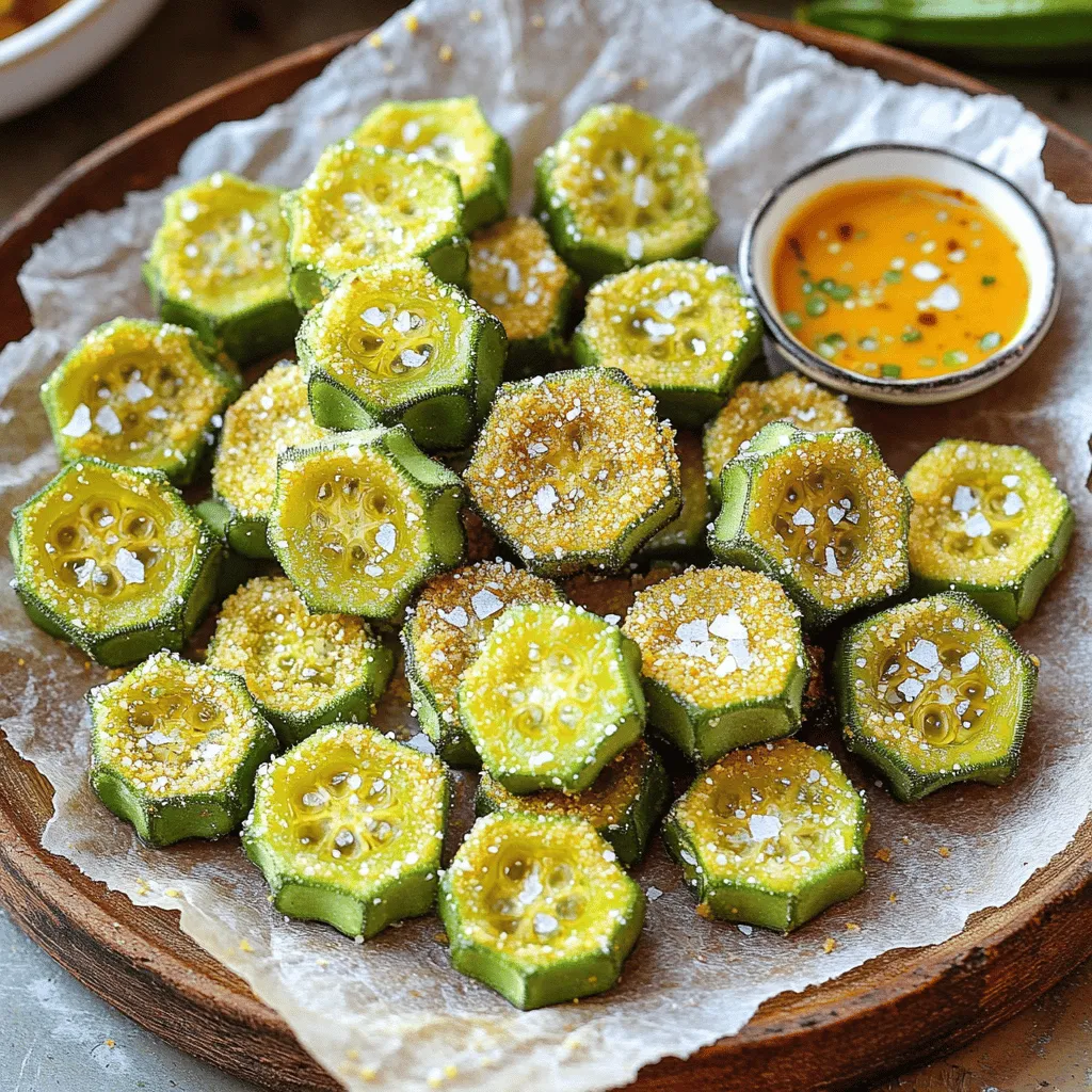 To make crispy fried okra, you need simple ingredients. Here’s what you will need: - 1 pound fresh okra, sliced into ½ inch rounds - 1 cup buttermilk - 1 cup cornmeal - ½ cup all-purpose flour - 1 teaspoon garlic powder - 1 teaspoon onion powder - ½ teaspoon cayenne pepper (adjust to taste) - Salt and black pepper to taste - Vegetable oil for frying These ingredients work together to create a crunchy outer layer and tender inside. Fresh okra shines in this dish. The buttermilk adds a nice tang and helps the coating stick. Cornmeal gives a great crunch, while flour helps everything bind. Garlic and onion powders bring flavor, and cayenne adds a kick. Adjust the cayenne if you don't want too much heat. Using the right oil is also key. Vegetable oil has a high smoke point, which is perfect for frying. Remember, using fresh ingredients makes a big difference in taste. For the full recipe, check the section above. - Rinse and dry the fresh okra - Marinate okra in buttermilk Start by rinsing the fresh okra. Place it under cold running water. This step removes dirt and debris. Once rinsed, dry the okra with a clean paper towel. A dry surface helps create a crispy coating later. Next, marinate the okra in buttermilk. Pour one cup of buttermilk into a large bowl. Add the sliced okra and stir gently. Make sure every piece is coated. Let it sit for about 15 minutes. This allows the okra to soak in the flavor. - Mix the dry ingredients - Heat oil and test readiness - Dredge okra and fry until golden In a separate bowl, mix the dry ingredients. Combine one cup of cornmeal, half a cup of flour, garlic powder, onion powder, cayenne pepper, salt, and black pepper. Use a whisk to blend these well, so the spices spread evenly. Now, heat about one inch of vegetable oil in a skillet. Set the heat to medium-high. To check if the oil is ready, drop a pinch of the cornmeal mixture in. If it bubbles and sizzles, the oil is hot enough. Carefully take each okra piece from the buttermilk. Let excess liquid drip off. Dredge the okra in the cornmeal mixture, making sure to coat it well. Shake off any extra coating to avoid clumps. Fry the okra in small batches. This keeps the temperature steady. Cook for 3 to 4 minutes, or until the okra is golden brown. - Transfer to absorb excess oil - Serve right away for optimal crispiness Once done, use a slotted spoon to transfer the okra. Place it on a plate with paper towels. This step absorbs extra oil and keeps the okra crispy. Serve your crispy fried okra right away. Enjoy it as a snack or side dish. For the best taste, serve while hot. To get crispy fried okra, you must dry the okra well. Moisture can make your okra soggy. After rinsing, pat it with a paper towel. This helps the coating stick better. The ideal frying temperature is around 350°F. If the oil is too cool, the okra will absorb more oil. If it's too hot, the coating will burn. Use a deep skillet or fryer to control the heat. You can add more flavor with seasonings. I recommend garlic powder and onion powder for a tasty base. If you like spice, cayenne pepper is great. Start with half a teaspoon. You can always add more if you want it hotter. Mix all seasonings well with the cornmeal and flour for even flavor. Fried okra is best served hot. It gets softer as it cools. Pair it with a tasty dipping sauce. Ranch dressing or a spicy remoulade works well. You can also sprinkle a bit of sea salt on top for extra flavor. For a great look, arrange the okra on a platter with parchment paper. This makes it easy to grab and enjoy! For the full recipe, check out the Crispy Fried Okra Delight. {{image_4}} You can switch up the coating for crispy fried okra. Instead of all-purpose flour, try gluten-free flour. This keeps the crunch while making it suitable for gluten-free diets. You could also mix in cornmeal with almond flour for extra texture. Adding spices can give your okra a fun twist. Try smoked paprika for a rich flavor, or add cumin for an earthy taste. You can even use ranch seasoning for a zesty kick. Experiment and find your favorite mix! If you want a healthier option, consider air frying the okra. It still gets crispy, but with less oil. Set your air fryer to 400°F and cook for about 10 to 15 minutes. Shake the basket halfway through for even cooking. Baking is another great method. Preheat your oven to 425°F. Spread the coated okra on a baking sheet in a single layer. Bake for about 20 minutes, flipping halfway through. This method is simple and requires less hands-on time. Crispy fried okra shines in Southern cooking. The classic recipe uses cornmeal for a crunchy finish and is often served with a side of ranch or remoulade. For a twist, try Cajun-style fried okra. Add Cajun seasoning to your coating mix for a spicy kick. This version brings a bold, flavorful punch that makes it special. Each bite bursts with flavor and warmth, perfect for gatherings or a cozy meal. To keep your fried okra crispy, follow these steps. First, let the okra cool to room temperature. Avoid stacking them to prevent moisture buildup. Use a paper towel to line an airtight container. Place the okra in a single layer, if possible. This helps maintain the crunch. Seal the container tightly, and store it in the fridge. For best results, eat your fried okra within two days. The longer it sits, the less crispy it becomes. If you want to enjoy it later, consider freezing. Place the fried okra in a freezer-safe bag. Remove as much air as you can before sealing. Reheating fried okra can be tricky. The aim is to keep it crispy. The best way is to use an oven or an air fryer. Preheat your oven to 375°F (190°C). Spread the okra on a baking sheet in a single layer. Heat for about 10 minutes or until hot. If using an air fryer, set it to 350°F (175°C). Heat the okra for around 5 minutes, checking often. Avoid microwaving, as it makes the okra soggy. For even better results, reheat in small batches. This way, they stay crispy and delicious. The best oil for frying okra is vegetable oil. It has a high smoke point. This means it can handle high heat without burning. Other good options include canola oil and peanut oil. These oils also give a nice flavor to the fried okra. Choose an oil that you enjoy for frying, as taste matters. You can make crispy fried okra ahead of time, but it may lose some crunch. To keep it crispy, store it in a single layer on a plate. Cover it lightly with foil. Reheat the okra in the oven to bring back the crunch. Avoid microwaving, as it will make the okra soggy. You know the okra is done frying when it turns golden brown. It should take about 3-4 minutes in hot oil. Use a slotted spoon to check a piece. If it feels crispy and looks golden, it's ready. Keep an eye on the okra to avoid burning. Crispy fried okra is tasty but should be eaten in moderation. A serving (about 1 cup) has around 150 calories. It contains about 6 grams of protein, 12 grams of carbs, and 9 grams of fat. Okra is also high in fiber and offers vitamins A and C. Enjoy it as a snack, but balance it with healthy meals. Yes, you can use frozen okra for this recipe. Just thaw it and pat it dry before frying. This helps keep the coating crisp. Frozen okra may not be as fresh but still tastes great. Follow the same steps as with fresh okra for the best results. This blog post covered how to make crispy fried okra from scratch. We discussed the ingredients, preparation, frying, and tips for the best results. With proper drying and the right oil temperature, you can achieve a perfect crunch. Remember, seasoning and serving suggestions can elevate flavors. Explore variations to keep things fresh. Store leftovers well and follow the best reheating tips to maintain that crunch. Enjoy making this tasty dish!