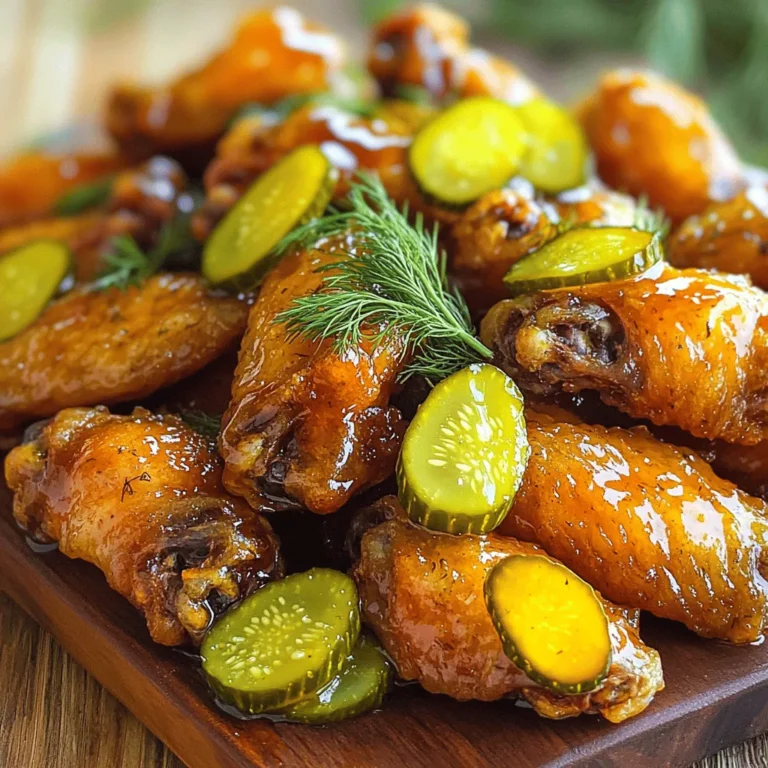 - 2 pounds chicken wings - 1 cup dill pickle juice - 1/2 cup hot honey (you can create your own by combining 1/2 cup honey with 1 tablespoon red chili flakes) - 1 tablespoon olive oil - 1 teaspoon garlic powder - 1 teaspoon onion powder - 1/2 teaspoon smoked paprika - Salt and pepper to taste These ingredients make the wings juicy and flavorful. Chicken wings are the star here. They soak up the tangy taste of dill pickle juice. The hot honey gives a sweet kick. You can make hot honey easily with honey and red chili flakes. This mix creates a balance of flavors. - Fresh dill - Pickle slices Garnishes add fun to your dish. Fresh dill gives a bright taste. Pickle slices add crunch and color. You can use these on top of your wings. They make the dish look nice and tasty. These garnishes are optional but highly recommended. They enhance the flavor and make your wings pop! For the full recipe, check out the details above. Marination is key. It helps the wings soak in all that tasty pickle juice flavor. I recommend marinating for at least 2 hours, but overnight is best. To marinate, place the wings in a big bowl. Pour in 1 cup of dill pickle juice. Cover the bowl with plastic wrap. This keeps the wings fresh and flavorful. Set your oven to 400°F (200°C). While it heats, line a baking sheet with aluminum foil. Place a wire rack on top. This allows hot air to flow around the wings, making them crispy. After marinating, take the wings out and dry them with paper towels. This step is important! It helps achieve that crispy skin. Next, season the wings with olive oil, garlic powder, onion powder, smoked paprika, salt, and pepper. Toss well. Spread the wings out on the wire rack in one layer. Bake them for 40 to 45 minutes. Flip them halfway for even cooking. They should look golden-brown and crispy. While the wings bake, let’s make the hot honey sauce. Take a small saucepan and warm 1/2 cup of hot honey over low heat. Stir it gently. Don’t let it boil. This keeps the honey smooth and flavorful. Once the wings are out, place them in a large bowl. Drizzle the warm hot honey over them. Toss until each wing is coated evenly. For a pretty touch, garnish with fresh dill and pickle slices. Serve them hot and enjoy the sweet and spicy goodness! For a complete guide, check the Full Recipe. To make great wings, start by drying them well. Pat them with paper towels. This step removes extra moisture. Dry wings get crispier when cooked. Next, choose a good seasoning mix. Garlic powder, onion powder, and smoked paprika make a tasty blend. You can also adjust salt and pepper to your liking. For crispy wings, baking techniques matter. Use a wire rack on top of a baking sheet. This lets air flow around the wings. Preheat your oven to 400°F (200°C) for best results. Bake the wings for 40-45 minutes. Flip them halfway through for even cooking. If you want a faster option, try air frying. Air fryers can make wings crispy in less time. You can change the heat in your wings. If you like it spicier, add more chili flakes to the hot honey. For a milder taste, use less. You can also play with flavor profiles. Try adding garlic or herbs to the hot honey for a twist. This makes the wings unique and fun. For the full recipe, check out the Pickle Juice Hot Honey Wings recipe. {{image_4}} You can tailor the heat of your hot honey wings. To adjust the hot honey recipe, simply change the amount of chili flakes. If you want more heat, add a bit more. For a milder touch, cut back on the flakes. You can also try using different spicy ingredients. For example, swap red chili flakes for cayenne pepper or use fresh jalapeños. Each choice gives your wings a unique kick. Exploring other marinade options can lead to new tastes. Consider using barbecue sauce or teriyaki sauce instead of pickle juice. These swaps can create a sweet and smoky or savory flavor. When it comes to garnishes, creativity shines. Try adding crumbled blue cheese or a drizzle of ranch dressing. These add richness and contrast to the sweet and spicy wings. You can cook your wings in several ways. Grilling adds a smoky flavor and crispy skin. Baking is simple and keeps the wings tender. If you want a hands-free option, use a slow cooker. Just marinate the wings, toss them in, and let them cook low and slow. This method keeps them juicy and tender while still allowing for that tasty hot honey finish. To keep your leftover wings tasty, store them in the fridge. Place the wings in an airtight container. This helps seal in flavor and keeps them fresh. Aim to eat them within three days for the best taste. To keep wings crispy when stored, lay a paper towel in the container before adding them. This towel absorbs moisture and helps maintain crispiness. Before you eat them, you can reheat them to bring back that fresh-baked taste. You can reheat wings in the oven or the microwave. I recommend using the oven for the best texture. Preheat your oven to 375°F (190°C). Place the wings on a baking sheet and heat for about 10-15 minutes. This method keeps them crispy. If you need to use the microwave, place the wings on a microwave-safe plate. Heat them for about 1-2 minutes. Be careful, as this method may make them a bit soggy. If you want to save wings for later, freezing is a great option. First, let the wings cool completely. Then, place them in a freezer-safe bag. Be sure to remove as much air as possible. This helps prevent freezer burn. Wings can last up to three months in the freezer. To thaw wings, take them out of the freezer and place them in the fridge overnight. This method keeps them safe and tasty. You can also thaw them in cold water for a quicker option. Just make sure to cook them right away after thawing. For a quick meal, check the Full Recipe for more details! Making hot honey is simple and fun. Here’s how: 1. Gather your ingredients: You need honey and red chili flakes. 2. Combine them: Mix 1/2 cup of honey with 1 tablespoon of red chili flakes in a small saucepan. 3. Heat gently: Warm the mixture on low heat. Stir it often but do not let it boil. 4. Adjust to taste: If you want it sweeter, add more honey. For more heat, increase the chili flakes. This method gives you a sweet and spicy sauce perfect for wings or drizzling on other dishes. Yes, you can! While wings are great, you can also use: - Drumsticks: These are meatier and juicy. - Thighs: They have more flavor and stay tender. Just adjust the cooking time as needed to ensure they are fully cooked. Wings are tasty on their own, but pair them with these sides for a full meal: - Celery and carrot sticks: They add crunch and freshness. - Blue cheese or ranch dressing: Perfect for dipping. - Fries or potato wedges: A classic combo that everyone loves. These sides make your meal more balanced and enjoyable. Cooked wings can stay fresh in the fridge for about 3 to 4 days. Here are some tips: - Store in airtight containers: This helps keep them from drying out. - Cool before storing: Let them cool to room temperature first. Always check for any signs of spoilage before eating. To make your wings gluten-free, swap out any gluten-containing ingredients. Here are some swaps: - Use gluten-free soy sauce: If you add soy sauce to your marinade. - Check your hot honey: Ensure it does not contain additives with gluten. These changes keep your wings safe for gluten-sensitive diets, so everyone can enjoy them. The blog post highlights how to make Pickle Juice Hot Honey Wings. You learned key ingredients and marinating tips. I shared methods for baking wings that turn out crispy and delicious. Customizing your hot honey sauce adds fun flavors. When you're done, proper storage keeps leftovers tasty. These wings make a great snack or meal. With the right tips and tricks, you can impress your friends and family. Enjoy your cooking and happy eating!
