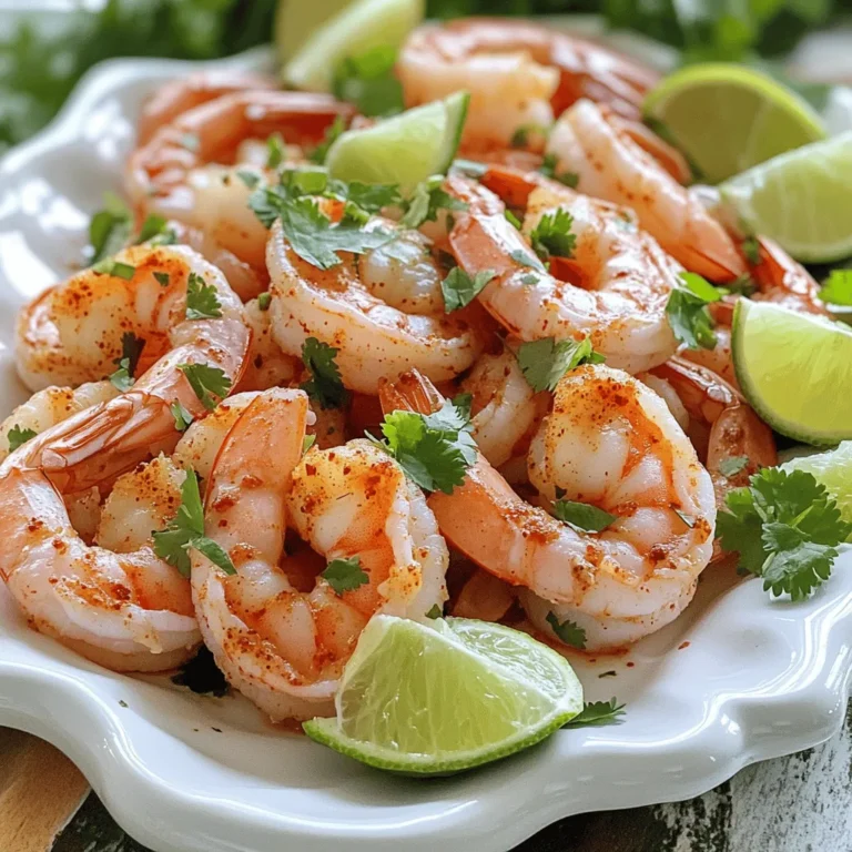 - 1 pound large shrimp, peeled and deveined - 2 tablespoons extra virgin olive oil - 2 tablespoons fresh lime juice - 1 tablespoon chili powder - 1 teaspoon ground cumin - 1 teaspoon smoked paprika - 1 garlic clove, finely minced - Sea salt and freshly ground black pepper - Fresh cilantro, finely chopped (for garnish) - Lime wedges (for serving) When you gather your ingredients, focus on quality. Fresh shrimp makes a big difference. Look for shrimp that smell like the ocean, not fishy. The olive oil should be extra virgin for the best flavor. Fresh lime juice brightens up the dish and adds zest. Chili powder gives that kick you want. Seasoning is key. Ground cumin and smoked paprika bring depth to the flavors. The minced garlic adds a nice punch. Don't forget sea salt and black pepper to taste. For serving, fresh cilantro not only looks nice but adds freshness. Lime wedges let everyone add their own zing. This dish is all about bright, bold flavors. Each ingredient plays its part in making your chili lime shrimp a standout dish. Check out the Full Recipe for more details on how to put this all together! To start, take a large bowl and combine 2 tablespoons of extra virgin olive oil with 2 tablespoons of fresh lime juice. This mix creates a zesty base. Next, add 1 tablespoon of chili powder, 1 teaspoon of ground cumin, and 1 teaspoon of smoked paprika. Then, add one finely minced garlic clove, 1/2 teaspoon of sea salt, and 1/4 teaspoon of freshly ground black pepper. Use a whisk to mix everything well. This process brings out all the flavors. Now, it’s time to marinate the shrimp. Take 1 pound of large shrimp that are peeled and deveined. Place the shrimp into the bowl with the marinade, making sure each piece is covered. This step is key for flavor. Cover the bowl with plastic wrap or a lid. Put it in the refrigerator for 15-30 minutes. This allows the shrimp to soak up those delicious flavors. Next, heat your cooking surface. You can use a skillet or a grill, setting it to medium-high heat. Once hot, add the marinated shrimp in a single layer. Make sure not to overcrowd the surface. Cook the shrimp for about 2-3 minutes on each side. They should turn bright pink and opaque when done. This quick cooking keeps them tender and juicy. For the full recipe, refer to the provided instructions. To make the best chili lime shrimp, the marinade is key. You can adjust the spice levels based on your taste. If you like it hot, add more chili powder. For milder flavor, reduce it. Fresh herbs can also boost the taste. Try adding cilantro or fresh parsley to your marinade. These herbs add freshness and depth to the dish. Cooking shrimp is simple, but overcooking can ruin your meal. Shrimp cooks fast, so watch them closely. Sauté or grill them for just 2-3 minutes on each side. They should turn bright pink and opaque. If you crowd the pan, they may steam instead of sear. Cook in batches for the best results. Grilling adds a nice smoky flavor, while sautéing gives you more control over cooking. How you serve your shrimp matters. Arrange them in a circular pattern on the platter. It makes the dish look inviting and fun. Place lime wedges around the shrimp. This adds color and lets guests squeeze more lime juice on their shrimp. Garnish with fresh cilantro for a pop of green. This not only looks good but adds a burst of flavor too. For more details, check the Full Recipe for ideas. {{image_4}} You can switch up the flavors of your chili lime shrimp. Try using different citrus fruits like orange or lemon. Each fruit brings a unique taste. Orange adds sweetness, while lemon offers a sharper tang. Both options keep the dish bright and zesty. You can also add heat. Fresh chili peppers, like jalapeños or serranos, boost the spice level. Chop them finely and mix them into the marinade. This adds a kick that will excite your taste buds. You don’t have to stick to just one cooking method. Oven-baked chili lime shrimp is a great option. Preheat your oven to 400°F. Spread the marinated shrimp on a baking sheet. Bake for about 8-10 minutes, or until they turn pink and opaque. Skewering shrimp for grilling is another fun way to cook them. Thread the marinated shrimp onto wooden or metal skewers. Grill them for 2-3 minutes on each side. This method adds a smoky flavor that pairs well with the lime and chili. Pairing your chili lime shrimp with the right sides elevates the meal. Serve it with fluffy rice or a fresh salad. Both options complement the shrimp’s bright flavors. A side of cilantro-lime rice adds an extra flavor pop. When it comes to drinks, consider refreshing beverages. A chilled white wine, like Sauvignon Blanc, works well. If you prefer non-alcoholic options, try a cold limeade or sparkling water with lime. These drinks balance the shrimp's spice and enhance your dining experience. For the full recipe, check out the earlier sections. Enjoy your cooking adventure! To keep your chili lime shrimp fresh, cool leftovers properly. Place them in a shallow dish. This method helps the shrimp cool quickly. Use airtight containers to store them. Glass or plastic containers work well. Make sure to seal them tightly to prevent air exposure. You can freeze marinated shrimp for later use. First, place the shrimp in a single layer on a baking sheet. This helps them freeze without sticking together. Once frozen, transfer them to freezer bags. Remove as much air as possible. For thawing, move the shrimp to the fridge overnight. This keeps their texture and flavor intact. Refrigerated shrimp lasts about 2-3 days. Always check for signs of spoilage. Look for an off smell or a slimy texture. If you notice either, it’s best to toss them. Fresh shrimp should have a mild ocean scent and a firm texture. Enjoy your shrimp at their best quality! I recommend marinating the shrimp for 15 to 30 minutes. This time lets the shrimp soak up all the great flavors from the marinade. If you marinate too long, the shrimp can become tough. So, keep an eye on the clock! Yes, you can use frozen shrimp! Just make sure to thaw them first. To thaw, place the shrimp in the fridge for several hours or run cold water over them for about 10 to 15 minutes. Once they are thawed, pat them dry before adding to the marinade. This step helps the shrimp absorb more flavor. There are many fun ways to serve chili lime shrimp! You can serve them on a bed of rice or toss them in a fresh salad. They also taste great in tacos or as a filling for wraps. Don’t forget to garnish with fresh cilantro and lime wedges for a pop of color and flavor. The spice level depends on the chili powder you use. If you like it mild, use less chili powder. For more heat, add extra or try a spicier variety. Always taste the marinade first to adjust to your liking. This flexibility lets you create a dish that matches your spice tolerance perfectly. In this post, we explored making tasty chili lime shrimp. We covered key ingredients, from the shrimp to fresh garnishes. I shared easy steps to prepare, marinate, and cook shrimp perfectly. Tips on adjusting spice levels and presentation helped highlight your dish. With variations and storage info, you can enjoy it more than once. Remember, cooking is fun! Experiment and tweak as needed. Savor your shrimp with loved ones for a great meal. Enjoy your culinary journey in shrimp cooking!