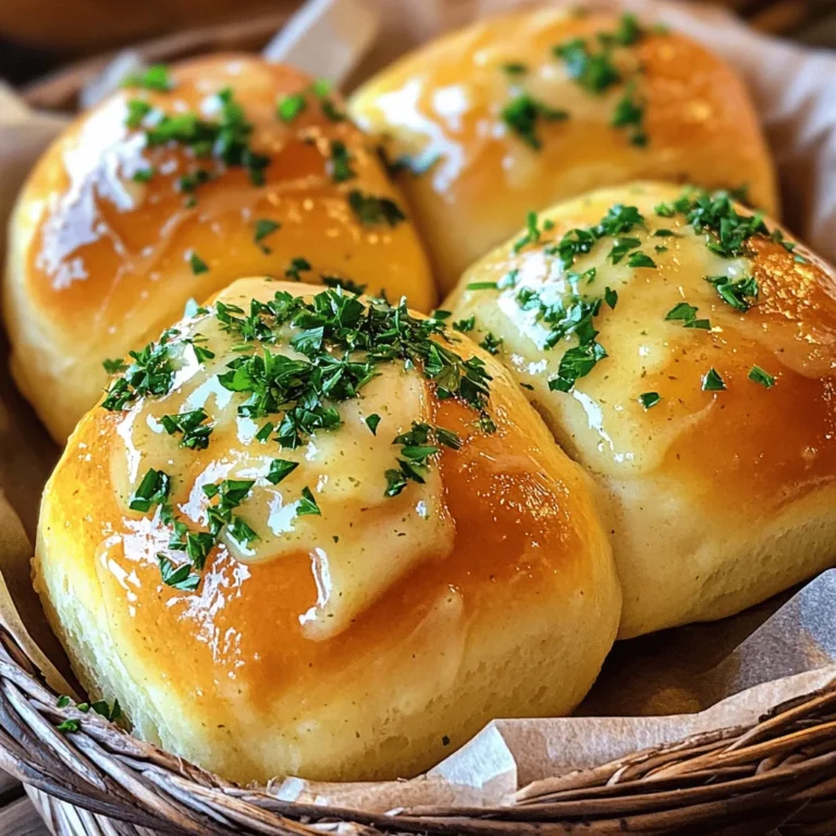 To make garlic butter bread rolls, you need a few key items. Gather these: - 3 cups all-purpose flour - 1 packet (2¼ teaspoons) instant yeast - 1 teaspoon sugar - 1 teaspoon salt - 1 cup warm water (about 110°F) - ¼ cup unsalted butter, melted - 4 cloves garlic, minced - 2 tablespoons fresh parsley, chopped - 1 tablespoon additional melted butter for brushing - Optional: pinch of chili flakes for added spice These ingredients create a soft, fluffy roll with a rich garlic flavor. You will need some basic tools to make these rolls. Here’s what to have on hand: - Large mixing bowl - Measuring cups and spoons - Wooden spoon or spatula - Clean kitchen towel - Baking dish (greased) - Small saucepan (for melting butter) - Oven Having these tools ready will make your cooking process smooth and fun. If you want to spice things up, consider adding a few extras. Here are some fun options: - Grated cheese (like Parmesan or cheddar) for richness - Fresh herbs (like thyme or rosemary) for a fragrant touch - Cooked bacon bits for a savory kick - Sun-dried tomatoes for a sweet burst These add-ins can elevate your garlic butter bread rolls, making them even more special. For the complete recipe, check out the Full Recipe. Start by activating the yeast. In a large bowl, mix warm water, sugar, and yeast. Let it sit for 5 to 10 minutes. You want it to get frothy. This shows the yeast is alive. Next, pour in the melted butter and salt. Gradually add the flour, stirring until a shaggy dough forms. Transfer the dough to a lightly floured surface. Knead it for about 8 to 10 minutes. You want the dough to be smooth and elastic. It should stretch easily without tearing. This step is key to getting soft rolls that rise well. Rising is crucial. Shape your kneaded dough into a ball. Place it in a greased bowl and cover it with a towel. Put it in a warm spot for about 1 hour. The dough should double in size. - How to check if the dough has risen properly: Gently poke the dough with your finger. If it springs back slowly, it has risen enough. If it springs back quickly, give it more time. This step makes your rolls light and fluffy. After the dough has risen well, you’re ready for the next steps in the Full Recipe! To make your garlic butter rolls fluffy, use fresh yeast. Fresh yeast gives the dough a nice rise and light texture. Use warm water around 110°F to activate the yeast properly. This temperature helps yeast grow without killing it. Knead the dough well for about 8-10 minutes. The dough should feel smooth and elastic. Let it rise in a warm spot. This helps the dough double in size, which gives you those fluffy rolls. Many home cooks make mistakes that can ruin their bread rolls. One common mistake is using cold water for the yeast. Cold water slows down yeast activity. Always check your yeast for freshness. Old yeast can fail to rise. Avoid over-kneading; this can lead to tough rolls. Also, don’t skip the second rise. It’s crucial for achieving that airy texture. Lastly, keep an eye on your oven temperature. Too hot or too cold can affect baking time and texture. Want to boost your garlic butter rolls' flavor? Here are some simple tips. First, use fresh garlic for a robust taste. Fresh herbs like parsley or chives also add great flavor. For a spicy kick, sprinkle in some chili flakes. Mix these into the garlic butter for a tasty surprise. To achieve a perfectly crisp top, brush the rolls with melted butter before and after baking. This gives them a lovely golden color and rich flavor. For more ideas, check out the Full Recipe and explore different flavor combinations. Enjoy your baking! {{image_4}} You can easily boost the flavor of your garlic butter with herbs. Fresh herbs like rosemary, thyme, or basil work well. Simply chop them finely and mix them into the melted butter with the garlic. This adds a fresh, aromatic touch to your rolls. Experiment with different herbs for varied tastes. If you love cheese, try adding it to your rolls. Grate some parmesan or mozzarella and mix it into the dough. You can also sprinkle cheese on top before baking. The cheese melts and adds a rich, creamy texture. It's a delightful twist that cheese lovers will enjoy. For those who enjoy a kick, make your garlic butter spicy. Add red pepper flakes or cayenne pepper to the melted butter. This gives your rolls a warm, spicy flavor. You can adjust the spice level to match your taste. Don’t be afraid to try other spices too. Smoked paprika or cumin can also add unique flavors. Feel free to mix and match these ideas. Your garlic butter bread rolls will always be new and exciting! For the full recipe, check out the complete guide above. After you enjoy these garlic butter bread rolls, store them properly. First, let the rolls cool completely. This step helps prevent sogginess. Then, place them in an airtight container or a zip-top bag. Keep them at room temperature for up to two days. If you need them to last longer, consider refrigerating them. Just note that refrigeration can dry them out. To reheat leftover rolls and bring back their soft texture, preheat your oven to 350°F (175°C). Wrap the rolls in aluminum foil to keep moisture in. Heat them for about 10-15 minutes. You can also microwave them for about 15-20 seconds. However, using the oven gives better results, keeping the crust crispy and the inside soft. You can freeze both unbaked and baked rolls. For unbaked rolls, shape them and place them on a baking tray. Freeze until firm, then transfer to a zip-top bag. They can stay frozen for up to three months. When ready to bake, let them thaw in the fridge overnight, then rise and bake as usual. For baked rolls, allow them to cool completely. Wrap tightly in plastic wrap and place in a freezer bag. They can also last for about three months. To enjoy, just reheat them from frozen in the oven. For the full recipe, check out the Garlic Butter Bliss Rolls section. Garlic butter bread rolls stay fresh for about 2-3 days at room temperature. Keep them in a sealed bag or container. You can also freeze them for up to 3 months. Just thaw and warm them in the oven when ready to eat. Yes, you can use whole wheat flour. It gives the rolls a nutty flavor and adds fiber. However, the texture may be denser. You might need to adjust the water amount since whole wheat flour absorbs more liquid. Start with the same amount and add a bit more if needed. Garlic butter bread rolls pair well with many meals. Here are some ideas: - Soups: They make a great side for tomato or minestrone soup. - Salads: Serve with a fresh garden salad for a light meal. - Pasta: They complement rich pasta dishes like Alfredo or marinara. - Grilled meats: Use them to soak up juices from grilled chicken or steak. For the full recipe of these delicious rolls, check out the Garlic Butter Bliss Rolls section. Garlic butter bread rolls are a delight that anyone can make. We covered the key ingredients, tools, and tasty add-ins. I shared step-by-step instructions from activating the yeast to kneading the dough. Tips helped you avoid mistakes, achieve fluffiness, and add flavors. I also explored fun variations and storage methods. These rolls can enhance any meal. With practice, you’ll bake perfect rolls every time. Enjoy sharing them with friends or family!