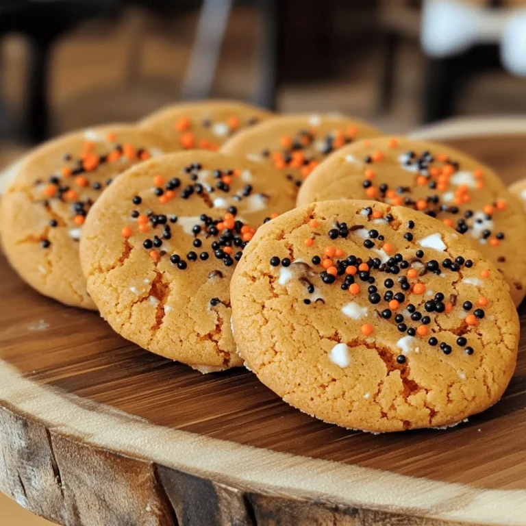 To make these cookies, you need some key ingredients. Here is what you’ll need: - 1 cup pure pumpkin puree - 1/2 cup softened butter - 1 cup brown sugar - 1/2 cup granulated sugar - 1 large egg - 1 teaspoon vanilla extract - 2 cups all-purpose flour - 1 teaspoon baking soda - 1 teaspoon baking powder - 2 teaspoons pumpkin pie spice - 1/2 teaspoon salt These ingredients make a soft and chewy cookie. The pumpkin puree adds moisture and flavor, while the spices bring warmth. If you want to enhance your cookies, consider these optional ingredients: - 1/2 cup white chocolate chips - Chopped nuts like pecans or walnuts Adding white chocolate chips gives a sweet contrast to the spices. Nuts add crunch and richness, making the cookies even better. To make your cookies look spooky and fun, gather these decorating supplies: - Black and orange sprinkles - Halloween-themed cookie cutters - Icing for detailed designs Using sprinkles adds color and excitement. Cookie cutters help create fun shapes, making your cookies perfect for Halloween parties. Start by gathering your ingredients. You will need pumpkin puree, butter, sugars, and an egg. In a big bowl, mix the butter and sugars until fluffy. This makes a great base for your cookies. Next, stir in the pumpkin, egg, and vanilla. Mix until smooth. In a separate bowl, whisk the flour, baking soda, baking powder, pumpkin pie spice, and salt. This helps blend the dry ingredients evenly. Gradually add this mix to the wet mix. Stir gently, so you don’t overmix. If you want sweet bites, fold in white chocolate chips. Set your oven to 350°F (175°C). Line a baking sheet with parchment paper. This keeps cookies from sticking. Use a cookie scoop to drop dough onto the sheet. Leave space between each ball, about two inches. Bake for 10-12 minutes. Look for light golden edges and set centers. Once they’re done, take them out and cool for five minutes on the sheet. This helps them firm up before moving. Now comes the fun part! Once cooled, grab your black and orange sprinkles. Sprinkle them on top of each cookie. This gives your cookies a festive look. For extra fun, use Halloween-shaped cookie cutters before baking. Arrange your cookies on a spooky platter for all to see. Enjoy your spooky pumpkin spice cookies at your Halloween party! For the full recipe, check out the recipe details above. To get the best texture, follow these steps: - Use room temperature butter. It mixes well and creates a light dough. - Don't overmix the dough. Mix until combined to keep cookies soft. - Chill the dough for 30 minutes before baking. This helps them spread less. These steps lead to soft, chewy cookies. A good texture makes them taste great! Decorating adds fun to your cookies. Here are some tips: - Use a piping bag for sprinkles. This gives you control and fun designs. - Try melting white chocolate for drizzles. It looks great and tastes awesome! - Use cookie cutters for fun shapes. It makes your cookies stand out. Keep the colors bright with black and orange sprinkles. They fit the spooky theme! Avoid these common errors to ensure your cookies are perfect: - Skipping the weighing of flour. Too much flour makes cookies dry. - Not checking the oven temperature. An oven thermometer ensures even baking. - Using old spices. They lose flavor and can affect the taste. Staying mindful of these mistakes helps you create tasty cookies. Enjoy baking! {{image_4}} You can spice up your cookies with other flavors. Try adding nuts like walnuts or pecans for crunch. You can also use dried fruits, like cranberries or raisins, to bring a sweet twist. If you love chocolate, mix in dark chocolate chips instead of white ones. For a warm touch, consider adding a pinch of cinnamon or nutmeg. These small changes can create a new flavor profile while keeping the pumpkin spice essence you love. Decorating these cookies is half the fun! Use frosting to create spooky faces or fun shapes. You can pipe orange or black icing to make pumpkins or ghosts. If you're short on time, simply sprinkle the cookies with colorful Halloween sprinkles. Edible glitter can also add sparkle. For a unique twist, create a spider web using melted chocolate. Kids will love helping with these fun decorating ideas! To make a gluten-free version, swap all-purpose flour for a gluten-free blend. Make sure it has a binding agent, like xanthan gum, to hold the cookies together. The rest of the ingredients remain the same. This way, everyone can enjoy these spooky treats. Adjust the baking time slightly, as gluten-free cookies may not spread as much. Enjoy the same great taste without gluten! For the full recipe, check out the detailed instructions above. To keep your spooky pumpkin spice cookies fresh, store them in an airtight container. This helps keep them soft and moist for days. Place layers of parchment paper between the cookies to avoid sticking. Store them at room temperature for up to one week. If you want them to last longer, refrigerate them. Just remember to bring them back to room temp before enjoying! Freezing cookies is a great way to save some for later. Let the cookies cool completely before freezing. Then, wrap each cookie in plastic wrap. Place the wrapped cookies in a freezer-safe bag or container. They can stay frozen for up to three months. When you're ready to eat one, just take it out and let it thaw at room temperature. You can also warm them in the oven for a cozy treat! Decorated cookies can last a bit longer than plain ones. If you used icing or sprinkles, store them in a cool place. They will stay fresh for about five days at room temp. If you keep them in the fridge, they can last up to a week. Just be sure the icing is fully set before stacking them. This way, your spooky designs stay intact and delicious! For the full recipe, check out the main article. Yes, you can make these spooky pumpkin spice cookies ahead of time. You can prepare the dough and chill it in the fridge. This helps the flavors meld together. Chill for at least one hour. When you're ready, scoop and bake as usual. You can also bake the cookies and store them. Keep them in an airtight container. They stay fresh for about one week. If you don’t have pumpkin puree, you can use applesauce or mashed bananas. Both options work well in cookies. They add moisture and a hint of flavor. You can also use butternut squash puree. Just make sure it is smooth, like pumpkin puree. This swap keeps the cookies tasty while changing the flavor slightly. To reduce the sweetness of these cookies, cut down on the sugar. You can decrease both the brown sugar and granulated sugar by 1/4 cup each. Another option is to add more spices. This adds flavor without more sugar. Using dark chocolate chips instead of white chocolate can also help. These small changes make the cookies less sweet while still delicious. Spooky pumpkin spice cookies bring fun and flavor to your fall baking. We covered essential and optional ingredients, along with decorating supplies for a festive touch. I shared step-by-step instructions to make cookie dough, bake, and decorate your treats. Remember the tips for perfect texture and avoid common mistakes. Plus, explore fun variations, storage info, and FAQs to make baking easier. Enjoy your spooky treats and share them with friends! Happy baking!